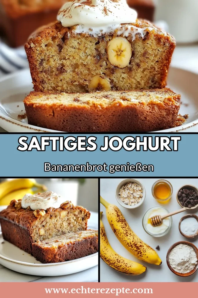 Entdecken Sie unser köstliches Griechisches Joghurt-Bananenbrot, das perfekt für eine gesunde Ernährung ist! Dieses gesunde Bananenbrot Rezept kombiniert reife Bananen mit Joghurt für ein einfaches Bananenbrot, das ganz ohne Zucker auskommt. Ideal für einen Snack oder als Frühstück. Probieren Sie dieses saftige Bananenbrot mit Joghurt aus und genießen Sie den vollen Geschmack! Speichern Sie das Rezept für später! #Bananenbrot #GesundeRezepte #Backen #JoghurtBrot