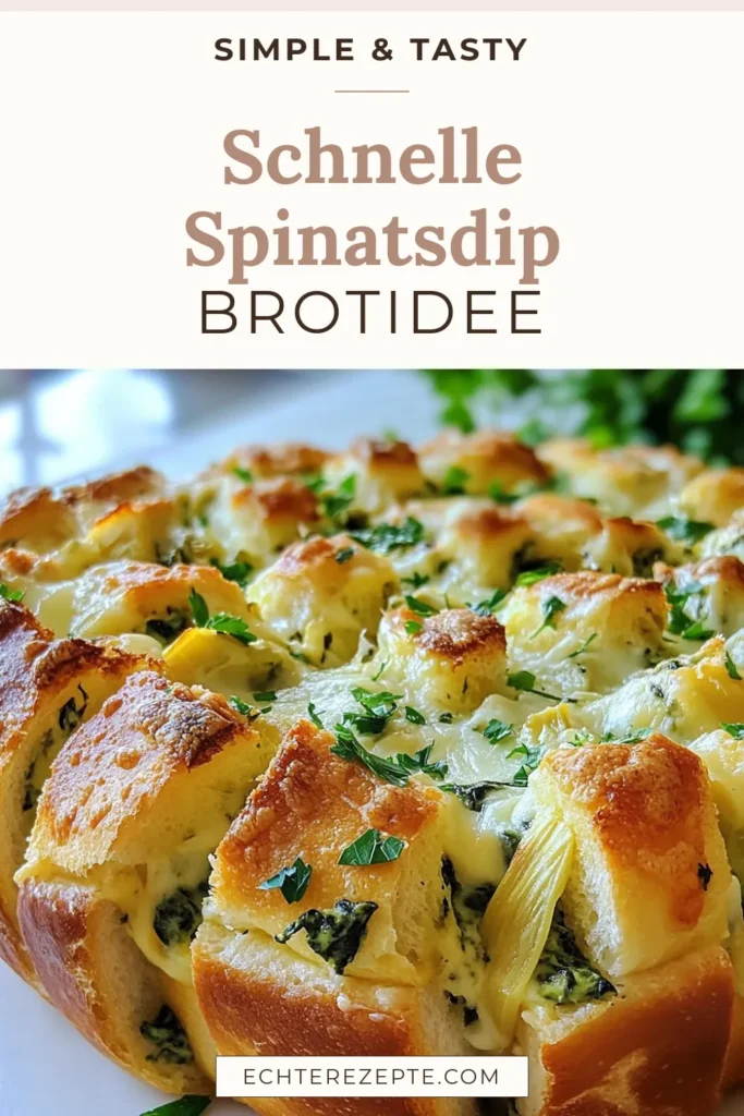 Entdecken Sie unser köstliches Spinats-Artischocken-Dip Pull-Apart Brot Rezept! Ideal für jede Feier, ist dieser vegetarische Party Snack perfekt zum Teilen. Mit einer würzigen Käse Dip Rezept und einer herzhaften Sauerteig Brot Füllung wird jeder Bissen zum Genuss. Bereiten Sie das einfache und leckere Gericht in nur 40 Minuten zu. Speichern Sie dieses Rezept und beeindrucken Sie Ihre Gäste! #SpinatsArtischockenDip #PullApartBrotRezept #KäseDipRezept #VegetarischerPartySnack