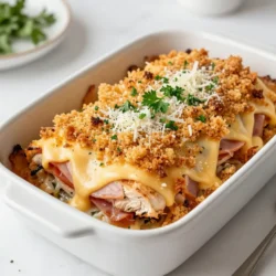 - 4 Boneless, skinless Hähnchenbrustfilets - 4 Scheiben Schinken (geräuchert oder Honigschinken) - 4 Scheiben Schweizer Käse - 1 Tasse Paniermehl (Panko für extra Knusprigkeit) - 1/2 Tasse geriebener Parmesan Die Hauptzutaten sind einfach zu finden. Hähnchenbrustfilets sind mager und leicht zuzubereiten. Schinken gibt dem Gericht einen herzhaften Geschmack. Schweizer Käse schmilzt schön und sorgt für Cremigkeit. Panko und Parmesan machen die Kruste knusprig und lecker. - 1 Teelöffel Knoblauchpulver - 1 Teelöffel getrocknete italienische Kräuter (Basilikum, Oregano, Thymian) - 2 Esslöffel Dijon-Senf - 2 Esslöffel Olivenöl Knoblauchpulver bringt tollen Geschmack. Italienische Kräuter fügen Frische hinzu. Dijon-Senf gibt dem Gericht eine leichte Schärfe. Olivenöl sorgt für eine schöne Textur und hilft beim Bräunen. - Frische Petersilie, gehackt - Salz und Pfeffer nach Geschmack Frische Petersilie bringt Farbe und Geschmack. Salz und Pfeffer sind wichtig, um das Hähnchen gut zu würzen. Achten Sie darauf, die Gewürze gut zu verteilen, damit jeder Bissen lecker ist. {{ingredient_image_2}} Heize deinen Ofen auf 190°C vor. Das sorgt für eine gleichmäßige Hitze beim Backen. Nimm die Hähnchenbrustfilets und tupfe sie mit Küchenpapier trocken. Würze sie mit Salz und Pfeffer. Lege die Filets in eine gefettete Auflaufform. So bleibt das Hähnchen saftig und klebt nicht fest. Jetzt wird es lecker! Verteile eine dünne Schicht Dijon-Senf gleichmäßig auf jedem Filet. Diese Schicht gibt Geschmack. Lege auf jedes Filet eine Scheibe Schinken und eine Scheibe Schweizer Käse. Dies sorgt für die klassische Cordon Bleu Note und macht das Gericht besonders. In einer Rührschüssel vermische das Paniermehl, den geriebenen Parmesan, das Knoblauchpulver und die italienischen Kräuter. Diese Mischung gibt dem Auflauf eine knusprige Textur. Beträufle die Mischung mit Olivenöl und rühre, bis alles gleichmäßig befeuchtet ist. Streue die Paniermehlmischung großzügig auf die Hähnchenfilets. So erhält jedes Stück eine tolle Kruste. Jetzt kommt der spannende Teil! Backe das Gericht für 25-30 Minuten im Ofen. Achte darauf, dass das Hähnchen durchgegart ist und die Oberseite goldbraun ist. Nach dem Backen, lasse den Auflauf 5 Minuten ruhen. So setzen sich die Säfte im Hähnchen. Garniere das Gericht mit frisch gehackter Petersilie und serviere es heiß. Um eine perfekte Kruste zu erhalten, nutzen Sie Panko. Panko ist ein japanisches Paniermehl. Es sorgt für eine extra knusprige Schicht. Mischen Sie das Panko mit etwas Olivenöl. Das Öl hilft der Kruste, goldbraun zu werden. Streuen Sie die Mischung großzügig über das Hähnchen. So erhalten Sie den besten Crunch. Die richtige Temperatur ist wichtig, um das Hähnchen durchzugaren. Backen Sie das Gericht bei 190°C. Kontrollieren Sie das Hähnchen nach 25 Minuten. Das Hähnchen sollte innen nicht mehr rosa sein. Ein Fleischthermometer zeigt 75°C an, wenn es fertig ist. Lassen Sie das Gericht nach dem Backen kurz ruhen. So bleibt das Hähnchen saftig und zart. Für eine schöne Präsentation garnieren Sie das Hähnchen mit frischer Petersilie. Servieren Sie dazu einen frischen Salat oder Gemüse. Kartoffeln oder Reis passen ebenfalls gut dazu. Diese Beilagen runden das Gericht ab. Denken Sie daran, das Hähnchen in gleichmäßige Stücke zu schneiden. So sieht es appetitlicher aus. Pro Tipps Schinkenwahl: Verwenden Sie geräucherten oder Honigschinken für zusätzlichen Geschmack und eine interessante Süße. Käsevariationen: Experimentieren Sie mit verschiedenen Käsesorten wie Gouda oder Mozzarella, um neue Geschmackskombinationen zu entdecken. Panko-Paniermehl: Für eine extra knusprige Kruste verwenden Sie Panko-Paniermehl anstelle von normalem Paniermehl. Frische Kräuter: Fügen Sie frische Kräuter wie Thymian oder Rosmarin hinzu, um das Gericht noch aromatischer zu machen. {{image_4}} Sie können den Geschmack Ihres Auflaufs leicht ändern. Verwenden Sie Mozzarella für einen milden, cremigen Geschmack. Cheddar bringt einen kräftigen, herzhaften Kick. Gouda sorgt für eine rauchige Note. Experimentieren Sie mit Ihren Lieblingskäsesorten. So wird Ihr Gericht noch interessanter und leckerer. Wenn Sie etwas Abwechslung wollen, probieren Sie Pute oder Rind. Putenbrust hat einen ähnlichen Geschmack wie Hähnchen. Rindfleisch kann dem Gericht eine robuste Tiefe geben. Achten Sie darauf, die Garzeit anzupassen. So bleibt Ihr Fleisch saftig und schmackhaft. Für eine vegetarische Variante können Sie Auberginen oder Tofu verwenden. Schneiden Sie die Auberginen in dünne Scheiben und schichten Sie sie wie das Hähnchen. Tofu kann mariniert werden, um mehr Geschmack zu erhalten. So genießen Sie die Aromen ohne Fleisch. Wie lange bleibt es frisch? Nach dem Kochen bleibt der Chicken Cordon Bleu Auflauf etwa 3 bis 4 Tage frisch. Lagern Sie ihn in einem luftdichten Behälter. So bleibt der Geschmack erhalten. Lassen Sie ihn vor dem Einpacken auf Raumtemperatur abkühlen. Das hilft, Feuchtigkeit zu vermeiden. Wie kann ich den Auflauf einfrieren? Lassen Sie den Auflauf zuerst abkühlen. Teilen Sie ihn in Portionen auf, um das Auftauen zu erleichtern. Legen Sie die Portionen in gefriergeeignete Behälter oder Beutel. Drücken Sie die Luft heraus, bevor Sie sie verschließen. Beschriften Sie die Behälter mit dem Datum. Der Auflauf bleibt bis zu 3 Monate im Gefrierfach gut. Wie taue ich den Auflauf auf? Um den Auflauf aufzutauen, legen Sie ihn über Nacht in den Kühlschrank. Sie können ihn auch direkt im Ofen auf niedriger Temperatur aufwärmen. So bleibt er saftig. Was sind die besten Methoden zum Aufwärmen? Der beste Weg, um den Auflauf wieder aufzuwärmen, ist im Ofen. Heizen Sie den Ofen auf 175°C vor. Legen Sie den Auflauf in eine Auflaufform und decken Sie ihn mit Aluminiumfolie ab. Erwärmen Sie ihn für etwa 20-25 Minuten. So bleibt die Kruste knusprig und das Hähnchen saftig. Alternativ können Sie die Mikrowelle verwenden, aber die Textur wird nicht so gut sein. Die Zubereitung nimmt insgesamt 40 Minuten in Anspruch. Davon sind 10 Minuten für die Vorbereitung nötig und 25 bis 30 Minuten für das Backen. Dies macht es einfach, dieses leckere Gericht schnell zu genießen. Ja, Sie können die Zutaten anpassen, um Ihren Geschmack zu treffen. Zum Beispiel können Sie andere Käsesorten wie Mozzarella oder Cheddar verwenden. Auch Pute statt Hähnchen ist eine tolle Option. Denken Sie daran, die Hauptzutaten wie Hähnchen und Schinken nicht zu verändern, um den Cordon Bleu Geschmack zu bewahren. Um das Hühnchen saftig zu halten, tupfen Sie es gut trocken und würzen Sie es mit Salz und Pfeffer. Das Bedecken mit Schinken und Käse hilft, die Feuchtigkeit einzuschließen. Stellen Sie sicher, dass Sie das Hähnchen nicht zu lange backen, damit es nicht austrocknet. Eine Kerntemperatur von 75°C ist ideal. In diesem Blogbeitrag haben wir die wichtigsten Zutaten und Schritte für einen leckeren Hühnchen Cordon Bleu Auflauf behandelt. Wir haben über Hauptzutaten, Gewürze und Garnierungen gesprochen. Zudem gab es eine Schritt-für-Schritt-Anleitung und hilfreiche Tipps für die perfekte Kruste. Variationen und Lagerungshinweise machen das Gericht noch flexibler. Denke daran, dass du Zutaten nach deinem Geschmack anpassen kannst. Mit diesen einfachen Anleitungen bereitest du ein köstliches Gericht, das jeder lieben wird. Viel Spaß beim Kochen!