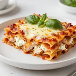 Hier sind die Zutaten, die du für deine einfache Hähnchenlasagne brauchst: - 9 Lasagne-Nudeln - 2 Tassen gekochtes Hähnchen, zerrupft - 2 Tassen Ricotta-Käse - 1 Teelöffel Knoblauchpulver - 1 Teelöffel italienische Gewürzmischung - 2 Tassen Marinara-Sauce - 2 Tassen geriebener Mozzarella-Käse - ½ Tasse geriebener Parmesan-Käse - 1 Ei - Salz und Pfeffer nach Geschmack - Frische Basilikumblätter zur Garnitur (optional) Diese Zutaten sorgen für eine schmackhafte und kreative Lasagne. Du kannst sie leicht finden oder sie durch ähnliche ersetzen. Eine Portion dieser Lasagne hat viele wichtige Nährstoffe. Sie enthält Proteine durch das Hähnchen und den Käse. Der Ricotta-Käse liefert Kalzium. Die Lasagne hat auch Kohlenhydrate aus den Nudeln. Hier sind einige Nährwerte pro Portion: - Kalorien: ca. 350 - Protein: ca. 25 g - Fett: ca. 15 g - Kohlenhydrate: ca. 30 g Diese Werte helfen dir, deine Mahlzeit zu planen. Achte auf die Portionen, wenn du auf deine Ernährung achtest. Die Wahl der richtigen Zutaten macht einen großen Unterschied. Hier sind einige Tipps: - Hähnchen: Nutze frisches oder gut gefrorenes Hähnchen. Es sollte saftig und zart sein. - Käse: Verwende hochwertigen Ricotta und Mozzarella. Sie sollten frisch und cremig sein. - Marinara-Sauce: Suche nach einer Sauce mit natürlichen Zutaten. Vermeide Zuckerzusätze. - Gewürze: Frische Kräuter sind besser als getrocknete. Sie geben mehr Geschmack. Mit diesen Tipps wählst du die besten Zutaten für deine Lasagne. Das verbessert den Geschmack und die Qualität deiner Mahlzeit. {{ingredient_image_2}} Zuerst heizen Sie den Ofen auf 190°C vor. Kochen Sie dann die Lasagne-Nudeln. Folgen Sie den Anweisungen auf der Verpackung. Die Nudeln sollten al dente sein. Nach dem Kochen gießen Sie die Nudeln ab und stellen sie beiseite. In einer großen Schüssel vermengen Sie den Ricotta-Käse, das Ei, das Knoblauchpulver und die italienische Gewürzmischung. Fügen Sie Salz und Pfeffer hinzu. Rühren Sie alles gut um, bis es gleichmäßig ist. Fetten Sie eine Auflaufform ein. Geben Sie eine dünne Schicht Marinara-Sauce auf den Boden. Legen Sie drei Lasagne-Nudeln auf die Sauce. Verteilen Sie die Hälfte des zerrupften Hähnchens darauf. Dann kommt die Hälfte der Ricotta-Mischung und ein Drittel des Mozzarella-Käses. Wiederholen Sie das Ganze mit einer weiteren Schicht: Marinara-Sauce, Nudeln, Hähnchen, Ricotta und mehr Mozzarella. Beenden Sie mit den letzten Nudeln. Bedecken Sie diese mit der restlichen Marinara-Sauce, dem restlichen Mozzarella und dem Parmesan-Käse. Decken Sie die Auflaufform mit Aluminiumfolie ab. Backen Sie die Lasagne für 25 Minuten. Nehmen Sie die Folie ab und backen Sie sie weitere 15 Minuten. Der Käse sollte goldbraun und sprudelnd sein. Lassen Sie die Lasagne vor dem Servieren 10 Minuten abkühlen. So schneidet sie sich besser. Servieren Sie die Lasagne heiß und garnieren Sie sie mit frischen Basilikumblättern. Ein häufiger Fehler ist, die Nudeln zu lange zu kochen. Kochen Sie sie nur al dente. So bleiben sie fest und weich in der Lasagne. Ein anderer Fehler ist, zu wenig Sauce zu verwenden. Die Sauce hält die Nudeln feucht und sorgt dafür, dass die Lasagne nicht austrocknet. Achten Sie darauf, die Lasagne gut zu schichten. Wenn die Schichten ungleichmäßig sind, bekommt man ungleiche Portionen. Um die perfekte Käseschicht zu erreichen, verwenden Sie frische Käsesorten. Mischen Sie Ricotta, Ei und Gewürze gut. So wird die Mischung schön cremig. Verteilen Sie eine gute Menge Mozzarella gleichmäßig. Dies sorgt für einen schmelzenden Käsegenuss. Vergessen Sie nicht, Parmesan auf die oberste Schicht zu streuen. Das gibt einen tollen Geschmack und eine goldene Farbe. Probieren Sie verschiedene Gewürze aus, um Ihre Lasagne zu verfeinern. Oregano oder Thymian passen gut. Frische Kräuter wie Basilikum und Petersilie geben einen frischen Geschmack. Für etwas Schärfe können Sie rote Paprika oder Chiliflocken hinzufügen. Diese Alternativen machen die Lasagne einzigartig und lecker. Pro Tipps Tipp 1: Um die Lasagne leichter zu schneiden, lassen Sie sie nach dem Backen etwa 10 Minuten ruhen, damit sich die Schichten setzen können. Tipp 2: Verwenden Sie frisches Hähnchen oder Reste von geröstetem Hähnchen für zusätzlichen Geschmack und Saftigkeit. Tipp 3: Experimentieren Sie mit verschiedenen Käsesorten, wie Gouda oder Cheddar, um der Lasagne eine neue Geschmacksnote zu verleihen. Tipp 4: Für eine vegetarische Variante können Sie das Hähnchen durch sautiertes Gemüse wie Spinat oder Zucchini ersetzen. {{image_4}} Wenn Sie Gemüse lieben, können Sie die Hähnchenlasagne leicht anpassen. Ersetzen Sie das Hähnchen durch Ihr Lieblingsgemüse. Zucchini, Spinat und Paprika passen perfekt. Schneiden Sie das Gemüse klein und sautieren Sie es kurz. Fügen Sie das Gemüse in die Schichten ein. So bleibt die Lasagne frisch und voller Geschmack. Diese Version ist auch vegetarisch und sehr gesund. Möchten Sie verschiedene Fleischsorten verwenden? Das geht ganz einfach. Sie können Rinderhackfleisch, Schweinefleisch oder sogar Wurst hinzufügen. Mischen Sie das Fleisch mit der Marinara-Sauce. So entsteht ein neuer Geschmack. Achten Sie darauf, das Fleisch gut zu garen, bevor Sie es in die Lasagne schichten. Dies gibt Ihrer Lasagne eine herzhafte Note. Wenn Sie auf eine leichtere Variante Wert legen, probieren Sie Zucchini-Nudeln statt Lasagne-Nudeln. Diese sind kalorienärmer und voller Nährstoffe. Sie können auch fettarmen Käse verwenden, um Kalorien zu sparen. Ricotta-Käse kann auch durch griechischen Joghurt ersetzt werden. Diese Alternativen machen die Lasagne gesund, ohne den Geschmack zu verlieren. Die Lasagne sollte in einem luftdichten Behälter aufbewahrt werden. So bleibt sie frisch. Sie kann bis zu vier Tage im Kühlschrank gelagert werden. Achte darauf, die Lasagne gut abzudecken. Das verhindert das Austrocknen. Um die Lasagne einzufrieren, lasse sie zuerst vollständig abkühlen. Schneide sie in Portionen, falls gewünscht. Verpacke jede Portion in Folie und dann in einen Gefrierbeutel. So bleibt der Geschmack erhalten. Sie kann bis zu drei Monate im Gefrierfach bleiben. Zum Wiederaufwärmen kannst du die Lasagne im Ofen auf 180°C erhitzen. Decke sie mit Folie ab, damit sie nicht austrocknet. Backe sie für etwa 20 bis 30 Minuten. Du kannst die Lasagne auch in der Mikrowelle aufwärmen. Stelle sicher, dass du sie in kurzen Intervallen erhitzt, damit sie gleichmäßig warm wird. Um die Lasagne vorzubereiten, können Sie die Schichten im Voraus erstellen. Beginnen Sie, indem Sie die Lasagne-Nudeln kochen. Lassen Sie sie abkühlen und stellen Sie sie beiseite. Mischen Sie dann den Ricotta-Käse, das Ei, das Knoblauchpulver, die italienische Gewürzmischung, Salz und Pfeffer in einer Schüssel. Fetten Sie eine Auflaufform ein und schichten Sie die Zutaten. Beginnen Sie mit Marinara-Sauce, gefolgt von Nudeln, Hähnchen und der Ricotta-Mischung. Wiederholen Sie dies, bis die Form voll ist. Decken Sie die Form mit Folie ab und stellen Sie sie in den Kühlschrank. Sie können die Lasagne so bis zu 24 Stunden vorher vorbereiten. Diese spezielle Lasagne ist nicht für Vegetarier geeignet, da sie Hähnchen enthält. Um sie vegetarisch zu machen, können Sie das Hähnchen durch Gemüse ersetzen. Zum Beispiel passen Spinat, Zucchini oder Pilze gut dazu. Sie können auch eine Mischung aus verschiedenen Gemüsesorten verwenden, um den Geschmack zu verbessern. So bleibt die Lasagne lecker und nahrhaft. Wenn Sie die Lasagne im Kühlschrank aufbewahren, bleibt sie 3 bis 5 Tage frisch. Stellen Sie sicher, dass Sie sie in einem luftdichten Behälter aufbewahren. Sie können die Lasagne auch einfrieren. In diesem Fall bleibt sie bis zu 3 Monate haltbar. Lassen Sie die Lasagne beim Aufwärmen im Ofen auf eine Temperatur von 165 °C (325 °F) kommen, um sicherzustellen, dass sie gleichmäßig heiß wird. Wir haben die besten Zutaten für eine köstliche Lasagne besprochen. Ich habe Tipps zur Auswahl und einige Nährwertinformationen geteilt. Die Schritt-für-Schritt-Anleitung hilft Ihnen, eine perfekte Lasagne zu erstellen. Außerdem gab es nützliche Tipps, um häufige Fehler zu vermeiden und Käseschichten richtig zu machen. Verschiedene Variationen bieten kreative Optionen, während die Lagerungshinweise dafür sorgen, dass Ihre Lasagne frisch bleibt. Denken Sie daran, dass gute Zutaten und Technik den Unterschied machen. Viel Spaß beim Kochen und Experimentieren mit Ihrer Lasagne!