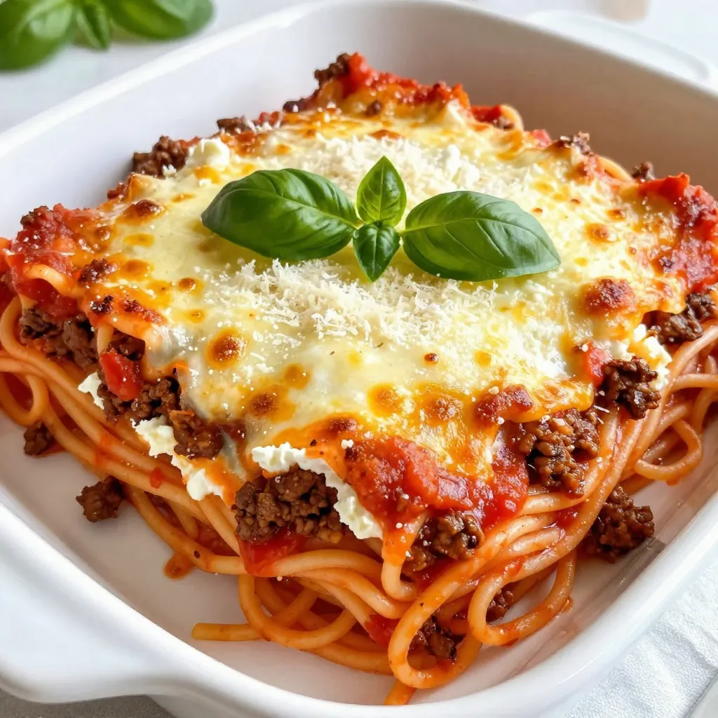 - 340 g Spaghetti - 450 g Rinder- oder Putenhackfleisch - 480 ml Marinara-Sauce Die Hauptzutaten sind einfach zu finden. Spaghetti machen die Basis des Gerichts. Sie sind preiswert und lecker. Das Hackfleisch bringt viele Proteine. Du kannst Rinder- oder Putenhackfleisch wählen. Marinara-Sauce gibt dem Gericht Geschmack. Sie ist reich an Tomaten und Gewürzen. - 480 g Ricotta-Käse - 480 g geriebener Mozzarella-Käse - 100 g geriebener Parmesan-Käse - 1 Teelöffel italienische Kräuter Käse macht alles besser! Ricotta ist cremig und weich. Mozzarella schmilzt schön und wird goldbraun. Parmesan gibt einen tollen Geschmack. Die italienischen Kräuter bringen ein wenig Frische. Sie sind wichtig, um das Gericht lebendig zu machen. - 1 mittelgroße Zwiebel, gehackt - 2 Knoblauchzehen, fein gehackt Zwiebeln und Knoblauch sind die Helden der Aromen. Die Zwiebel macht die Sauce süß und zart. Knoblauch fügt einen scharfen, würzigen Geschmack hinzu. Diese Gemüsesorten sind einfach zu schneiden und geben viel Geschmack. {{ingredient_image_2}} - Heize deinen Ofen auf 190°C vor. - Koche 340 g Spaghetti nach Anleitung. Sie sollten al dente sein. - Gieße die Spaghetti ab und stelle sie zur Seite. - Nimm eine große Pfanne und erhitze einen Schuss Olivenöl. - Füge 1 gehackte Zwiebel und 2 fein gehackte Knoblauchzehen hinzu. Brate sie etwa 3-4 Minuten. - Gib 450 g Rinder- oder Putenhackfleisch dazu. Zerdrücke es mit einem Löffel. - Brate das Fleisch 5-7 Minuten, bis es durchgegart und leicht gebräunt ist. - Rühre dann 480 ml Marinara-Sauce sowie 1 Teelöffel italienische Kräuter, 1 Teelöffel Salz und ½ Teelöffel schwarzen Pfeffer ein. - Lasse die Mischung 5 Minuten köcheln, damit sich die Aromen verbinden. - Nimm eine große Auflaufform und verteile die Hälfte der Fleischsauce am Boden. - Lege die Hälfte der gekochten Spaghetti über die Sauce. - Verteile die Hälfte der Ricotta-Mischung darüber. - Wiederhole die Schichten: Füge die restliche Fleischsauce hinzu und dann die restlichen Spaghetti. - Beende mit der restlichen Ricotta-Mischung. - Bestreue die oberste Schicht mit 480 g geriebenem Mozzarella und 100 g geriebenem Parmesan. - Decke die Auflaufform mit Aluminiumfolie ab und backe sie 25 Minuten. - Entferne die Folie und backe weitere 15 Minuten, bis der Käse sprudelnd und goldbraun ist. - Lasse das Gericht 10 Minuten abkühlen, bevor du es in Stücke schneidest. - Al Dente kochen: Koche die Spaghetti so, dass sie weich, aber fest sind. Das sorgt für die beste Textur. Teste sie zwei Minuten vor dem Ende der Kochzeit. - Verwendung von frischen Kräutern: Frische Kräuter wie Basilikum oder Oregano geben dem Gericht mehr Geschmack. Füge sie kurz vor dem Servieren hinzu, um die Aromen zu bewahren. - Unterschiede zwischen Käsesorten: Mozzarella ist cremig und schmilzt gut. Ricotta gibt eine schöne, weiche Schicht. Parmesan hat einen starken Geschmack und ist perfekt zum Bestreuen. - Käse schmelzen und goldbraun backen: Backe das Gericht so lange, bis der Käse blubbert und goldbraun ist. Das gibt eine köstliche Kruste. - Beilagen, die gut passen: Serviere dazu ein einfaches grünes Salat oder knuspriges Brot. Das Brot hilft, die köstliche Sauce aufzunehmen. - Präsentationstipps für das Gericht: Nutze eine schöne Auflaufform. Garniere das Gericht mit frischen Basilikumblättern. Das macht das Essen noch ansprechender. Pro Tipps Perfekte Spaghetti: Stelle sicher, dass die Spaghetti al dente gekocht sind, damit sie beim Backen nicht matschig werden. Schichten optimal gestalten: Verteile die Zutaten gleichmäßig in den Schichten, um ein gleichmäßiges Backergebnis und Geschmack zu gewährleisten. Variationen ausprobieren: Du kannst das Hackfleisch durch Gemüse wie Zucchini oder Auberginen ersetzen, um eine vegetarische Option zu kreieren. Käsemischung anpassen: Experimentiere mit verschiedenen Käsesorten wie Gouda oder Cheddar, um zusätzliche Geschmackstiefen zu erzielen. {{image_4}} Für die vegane Variante verwende pflanzliche Alternativen. Statt Fleisch kannst du Linsen oder Soja verwenden. Für den Käse ersetze den Ricotta durch einen pflanzlichen Frischkäse. Vegan geriebener Käse ist auch eine gute Wahl. So bleibt der Geschmack lecker und die Textur angenehm. Du kannst das Gericht mit vielen Gemüsesorten aufpeppen. Spinat bringt eine schöne grüne Farbe und viel Nährstoffe. Zucchini ist ebenfalls eine tolle Ergänzung. Schneide sie in dünne Scheiben und füge sie zwischen die Schichten. So wird dein Gericht noch bunter und gesünder. Andere Optionen sind Paprika, Pilze oder Auberginen. Variiere die Gewürze für einen anderen Geschmack. Basilikum, Oregano oder Thymian passen gut dazu. Ein Hauch von Chili verleiht dem Gericht eine scharfe Note. Experimentiere mit deinen Lieblingskräutern. Du kannst auch eine Prise Muskatnuss in die Ricotta-Mischung geben. So wird das Gericht noch interessanter und aromatischer. Du kannst das Gericht bis zu 3 Tage im Kühlschrank aufbewahren. Lass es zuerst abkühlen. Danach decke es mit Frischhaltefolie oder einem Deckel ab. So bleibt es frisch und lecker. Um die Spaghetti-Lasagne einzufrieren, lass sie ganz abkühlen. Schneide das Gericht in Portionen. Lege sie in luftdichte Behälter oder verwende Gefrierbeutel. So bleibt der Geschmack erhalten. Zum Auftauen stelle die Portionen über Nacht in den Kühlschrank. Zum Aufwärmen benutze den Ofen oder die Mikrowelle. Im Ofen heize auf 180°C. Bedecke das Gericht mit Folie, um es saftig zu halten. Backe es für etwa 20 Minuten. In der Mikrowelle erwärme es in 1-2 Minuten. Achte darauf, dass es gut durchwärmt ist. Die Vorbereitungszeit beträgt 20 Minuten. Die Gesamtzeit für das Gericht ist 1 Stunde. Ja, du kannst anderes Fleisch verwenden. Putenhackfleisch oder Hähnchen sind gute Alternativen. Du kannst auch eine Mischung aus verschiedenen Fleischsorten ausprobieren. Achte darauf, das Hackfleisch gut zu braten, damit es zart wird. Ja, du kannst glutenfreie Spaghetti verwenden. Achte darauf, die Verpackung zu prüfen. Es gibt viele Marken, die glutenfreie Optionen anbieten. So bleibt das Gericht für alle genießbar. Diese Anleitung für herzhaftes gebackenes Spaghetti-Lasagne ist einfach umzusetzen. Wir haben die wichtigen Zutaten, die Zubereitungsschritte und praktische Tipps besprochen. Nach dem Kochen können Sie das Gericht vielfältig variieren. Achten Sie auf frische Zutaten, um den besten Geschmack zu erzielen. Dieses Rezept ist perfekt für Familienessen oder Partys. Seien Sie kreativ mit Käse und Gewürzen, um es nach Ihrem Geschmack anzupassen. Jetzt liegt es an Ihnen, Ihre eigene Version zu kreieren und zu genießen!