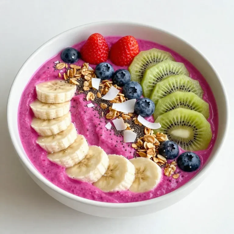 Für diese leckere Drachenfrucht Smoothie Bowl benötigst du: - 1 reife Drachenfrucht, geschält und in Stücke geschnitten - 1 gefrorene Banane - 1/2 Tasse Kokosnussmilch (oder Milch nach Wahl) - 1 Esslöffel Honig (oder Agavensirup) - 1/2 Tasse Spinat (optional, für zusätzlichen Nährwert) Diese Zutaten sorgen für einen kräftigen Geschmack und eine cremige Konsistenz. Die Drachenfrucht gibt der Bowl eine schöne Farbe und viele Nährstoffe. Die gefrorene Banane macht die Mischung besonders kalt und erfrischend. Um deine Smoothie Bowl schön zu gestalten, empfehle ich folgende Toppings: - Frische Beeren (Erdbeeren und Heidelbeeren) - Slices von Kiwi - Granola - Chiasamen - Kokosflocken Diese Toppings bringen nicht nur Farbe, sondern auch einen tollen Crunch. Sie schmecken auch gut und machen die Bowl noch gesünder. Wenn du etwas Abwechslung möchtest, kannst du diese Zutaten ausprobieren: - Statt Drachenfrucht kannst du auch Mango oder Ananas nehmen. - Verwende Hafermilch oder Mandelmilch anstelle von Kokosnussmilch. - Füge einen Esslöffel Erdnussbutter oder Mandelmus für mehr Geschmack hinzu. Diese Alternativen machen deine Drachenfrucht Smoothie Bowl spannend und kreativ. So kannst du jedes Mal etwas Neues erleben. {{ingredient_image_2}} Zuerst wähle eine reife Drachenfrucht aus. Die Farbe sollte kräftig pink oder gelb sein. Schneide die Drachenfrucht in zwei Hälften und löffele das Fruchtfleisch heraus. Schneide es in kleine Stücke. Nimm dann eine gefrorene Banane. Die Banane sorgt für eine cremige Konsistenz. Bereite auch die anderen Zutaten vor: Kokosnussmilch, Honig und optional Spinat. Spinat fügt Nährstoffe hinzu, ohne den Geschmack zu verändern. Gib die Drachenfruchtstücke, die gefrorene Banane, die Kokosnussmilch und den Honig in den Mixer. Wenn du Spinat benutzt, füge ihn jetzt hinzu. Mische alles bei hoher Geschwindigkeit. Achte darauf, dass die Mischung schön glatt und cremig wird. Ist die Mischung zu dick? Füge einfach einen Spritzer mehr Kokosnussmilch hinzu. Gieße den Smoothie in eine Schüssel. Nutze einen Spatel, um alle Reste aus dem Mixer zu holen. Jetzt kommt der spaßige Teil! Arrangiere deine Toppings kreativ. Verwende frische Beeren, Kiwi-Slices, Granola, Chiasamen und Kokosflocken. Achte darauf, dass die Farben gut zusammenpassen. Serviere die Bowl sofort mit einem Löffel. So genießt du eine erfrischende und gesunde Mahlzeit! Um die perfekte Konsistenz für deine Drachenfrucht Smoothie Bowl zu erreichen, achte auf folgende Punkte: - Verwende gefrorene Früchte: Die gefrorene Banane sorgt für eine cremige Textur. - Kokosnussmilch: Diese Milch gibt dem Smoothie eine angenehme, dicke Konsistenz. - Anpassung der Flüssigkeit: Wenn der Smoothie zu dick ist, füge einen Spritzer mehr Kokosnussmilch hinzu. - Spinat: Er kann die Konsistenz leicht verändern. Verwende ihn sparsam, wenn du ihn hinzufügst. Die Präsentation deiner Smoothie Bowl ist wichtig. Hier sind einige Ideen: - Farbkontraste nutzen: Verwende bunte Toppings wie frische Beeren und Kiwi. - Kreatives Anrichten: Arrangiere die Toppings in Mustern oder in Reihen. - Schichten erstellen: Du kannst die Toppings schichten, um eine schöne Höhe zu zeigen. - Kokosflocken und Chiasamen: Diese kleinen Details fügen Textur und Farbe hinzu. Saisonale Früchte bringen mehr Geschmack und Frische: - Erdbeeren im Frühling: Sie sind süß und saftig. - Himbeeren im Sommer: Ideal für einen fruchtigen Kick. - Äpfel im Herbst: Sie geben eine knackige Note. - Zitrusfrüchte im Winter: Sie bringen Frische und Vitamine in die Bowl. Experimentiere mit verschiedenen Früchten, um neue Geschmäcker zu entdecken! Pro Tipps Frische Zutaten verwenden: Verwenden Sie frische und reife Drachenfrüchte für den besten Geschmack und Nährstoffgehalt. Variieren Sie die Toppings: Experimentieren Sie mit verschiedenen Toppings wie Nüssen, Samen oder anderen Früchten, um die Bowl nach Ihrem Geschmack anzupassen. Für eine cremige Konsistenz: Fügen Sie mehr gefrorene Banane hinzu, um die Smoothie-Bowl noch cremiger zu machen. Servieren Sie kalt: Genießen Sie die Smoothie-Bowl sofort nach der Zubereitung, um die erfrischende Kälte und den Geschmack zu maximieren. {{image_4}} Fügen Sie Ihrer Drachenfrucht Smoothie Bowl gesunde Zutaten hinzu. Spinat ist eine tolle Wahl. Er liefert Vitamine und Mineralstoffe. Auch Avocado passt gut. Sie macht die Bowl cremiger und voller gesunder Fette. Probieren Sie auch Chiasamen. Sie sind reich an Ballaststoffen und Omega-3-Fettsäuren. Für mehr Süße können Sie Honig oder Agavensirup verwenden. Diese natürlichen Süßstoffe harmonieren perfekt mit der Drachenfrucht. Ein Esslöffel reicht oft aus. Die Wahl der Milch beeinflusst den Geschmack Ihrer Bowl. Kokosnussmilch bringt ein tropisches Aroma. Sojamilch ist eine gute, proteinreiche Option. Mandeldrink hat einen milden, nussigen Geschmack und passt gut zu Früchten. Hafermilch gibt eine cremige Textur und ist leicht süß. Experimentieren Sie mit verschiedenen Milchalternativen, um Ihre perfekte Mischung zu finden. Achten Sie darauf, ungesüßte Varianten zu wählen, wenn Sie den natürlichen Geschmack der Drachenfrucht betonen wollen. Kombinieren Sie Drachenfrucht mit anderen Früchten für mehr Vielfalt. Erdbeeren, Heidelbeeren und Bananen sind hervorragende Partner. Sie bringen nicht nur Farbe, sondern auch einen süßen Geschmack. Kiwi fügt eine schöne Säure hinzu. Für einen extra Gesundheitskick fügen Sie Superfoods wie Spirulina oder Maca-Pulver hinzu. Diese Ergänzungen sind nährstoffreich und geben Ihrer Bowl einen zusätzlichen Schub. Seien Sie kreativ und entdecken Sie neue Kombinationen, die Ihnen schmecken. Wenn du einen Rest von deinem Smoothie hast, bewahre ihn in einem luftdichten Behälter auf. So bleibt der Smoothie frisch. Stelle sicher, dass du ihn nicht länger als einen Tag im Kühlschrank lässt. Der Geschmack bleibt am besten, wenn du ihn schnell konsumierst. Wenn du ihn länger aufbewahrst, kann die Farbe und Konsistenz sich verändern. Die Drachenfrucht bleibt im Kühlschrank etwa fünf bis sieben Tage frisch. Bananen reifen schnell, also verwende sie lieber bald. Die Kokosnussmilch hält bis zu einer Woche nach dem Öffnen. Spinat kann bis zu fünf Tage frisch bleiben. Achte darauf, alle Zutaten gut verpackt zu lagern, um ihre Frische zu bewahren. Du kannst die Drachenfrucht und die Banane im Voraus schneiden und einfrieren. So hast du immer eine schnelle Lösung. Bereite auch die Toppings vor und lagere sie in kleinen Behältern. Wenn du alles bereit hast, kannst du deinen Smoothie schnell zubereiten. Das spart Zeit und macht den Prozess noch einfacher. Drachenfrucht ist eine exotische Frucht. Sie hat eine auffällige pinke oder gelbe Schale und ein weißes oder rotes Fruchtfleisch. Diese Frucht ist reich an Vitaminen und Mineralien. Drachenfrucht enthält viel Vitamin C, das unser Immunsystem stärkt. Außerdem hilft sie, die Haut gesund zu halten. Die Frucht hat auch Ballaststoffe, die gut für die Verdauung sind. Ihr hoher Wassergehalt hält uns hydratisiert. Der Verzehr von Drachenfrucht kann auch den Cholesterinspiegel senken. Ja, du kannst andere Früchte verwenden. Bananen oder Mangos passen gut dazu. Diese Früchte bringen auch eine cremige Textur. Wenn du eine andere Farbe möchtest, probiere Himbeeren oder Heidelbeeren. Diese Früchte bieten tolle Aromen und viele Nährstoffe. Du kannst auch gefrorene Früchte nehmen, um die Bowl kalt und erfrischend zu machen. Um die Smoothie Bowl vegan zu machen, ersetze die Milch. Verwende Pflanzenmilch wie Mandel-, Soja- oder Hafermilch. Anstelle von Honig nimm Agavensirup oder Ahornsirup. Diese Zutaten sind pflanzlich und halten die Bowl lecker. So kannst du die Bowl ganz einfach für vegan lebende Freunde anpassen. Eine Drachenfrucht Smoothie Bowl hat etwa 200 bis 300 Kalorien pro Portion. Die genaue Kalorienzahl hängt von den Toppings ab. Wenn du viel Granola oder Nüsse hinzufügst, kann es mehr werden. Achte auf die Portionen, wenn du die Kalorien zählen möchtest. Die Bowl ist nährstoffreich und macht dich satt. Eine Drachenfrucht Smoothie Bowl ist einfach und gesund. Wir haben die Zutaten, die Zubereitung und tolle Tipps durchgegangen. Du lernst, wie du die perfekte Bowl machst und sie schön präsentierst. Denke daran, Variationen für neuen Geschmack auszuprobieren. Die richtigen Lagerhinweise helfen dir, alles frisch zu halten. Egal, ob du etwas Gesundes willst oder kreativ sein möchtest, diese Bowl ist ideal. Genieße deinen Smoothie!