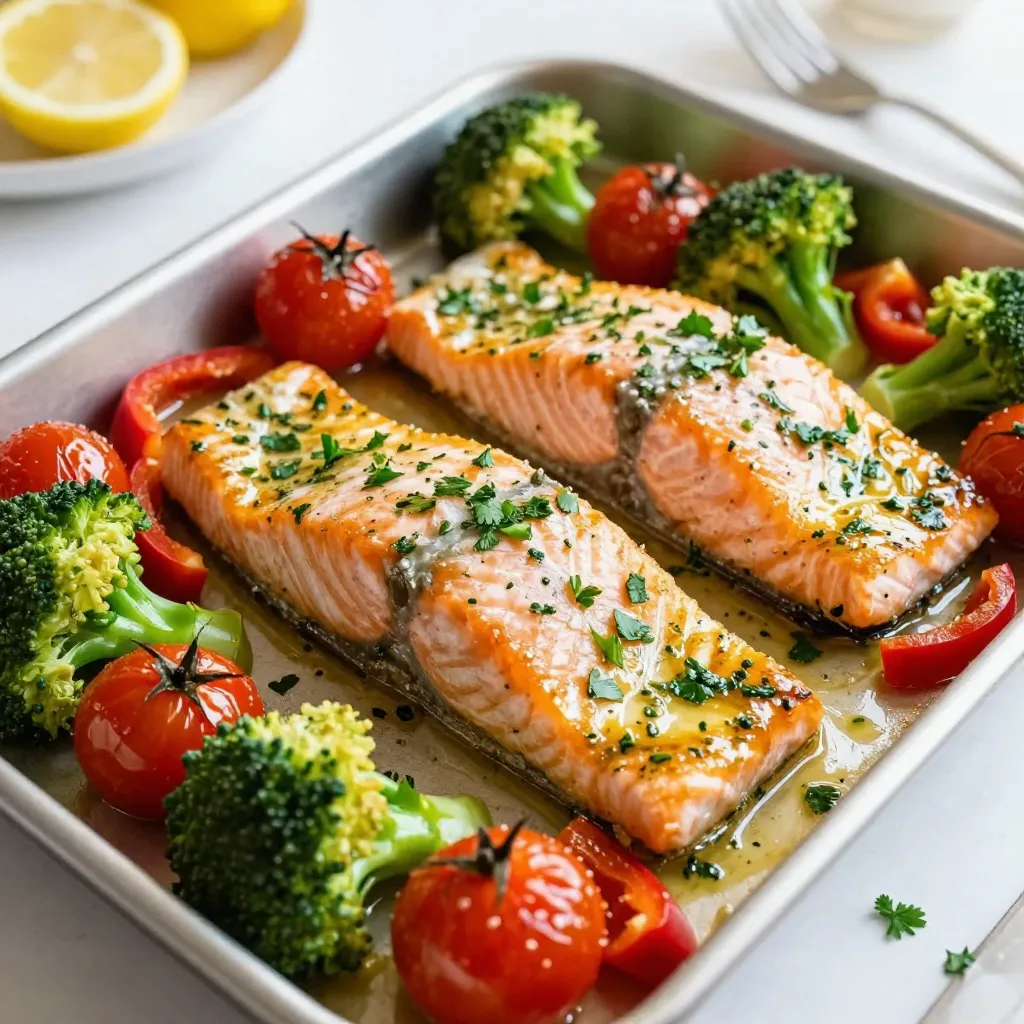 Für dieses leckere Gericht brauchen Sie: - 4 Lachsfilets (je 170 g) - 1 Zitrone, abgerieben und ausgepresst - 3 Esslöffel Olivenöl - 2 Knoblauchzehen, fein gehackt - 1 Teelöffel getrockneter Oregano - 1 Teelöffel getrockneter Thymian - Salz und Pfeffer nach Geschmack - 1 Tasse Kirschtomaten, halbiert - 1 Tasse Brokkoliröschen - 1 rote Paprika, in Scheiben geschnitten - Frische Petersilie, gehackt (zum Garnieren) Jede Zutat bringt ihren eigenen Geschmack mit. Der Lachs ist zart und gesund. Die Zitrone fügt frische hinzu, während der Knoblauch einen tollen Kick gibt. Kräuter wie Oregano und Thymian runden das Gericht ab. Um den Geschmack noch zu verbessern, können Sie Folgendes hinzufügen: - Chili-Flocken für etwas Schärfe - Honig oder Ahornsirup für eine süße Note - Ein Spritzer Weißwein für mehr Tiefe Diese Zutaten helfen, die Aromen stark und ausgewogen zu machen. Sie können spielerisch variieren und Ihren eigenen Stil finden. Falls Sie einige Zutaten nicht haben, gibt es tolle Alternativen: - Statt Lachs können Sie Forelle oder Hähnchen verwenden. - Anstelle von Brokkoli können Sie Zucchini oder grüne Bohnen nehmen. - Verwenden Sie frische Kräuter, wenn Sie getrocknete Kräuter nicht haben. Diese Alternativen machen das Rezept flexibel. So können Sie das Gericht anpassen, je nach dem, was verfügbar ist. Es bleibt immer einfach und lecker. {{ingredient_image_2}} Beginne damit, den Ofen auf 200°C vorzuheizen. Nimm ein großes Backblech und lege es mit Backpapier aus. Das hilft bei der Reinigung später. Jetzt ist es Zeit, die Zutaten vorzubereiten. Schneide die Paprika in Scheiben und halbiere die Kirschtomaten. Teile den Brokkoli in kleine Röschen. Das Gemüse sollte gleichmäßig geschnitten sein, damit es gleichmäßig gart. In einer kleinen Schüssel mischst du den Zitronensaft, die abgeriebene Zitronenschale und das Olivenöl. Füge die fein gehackten Knoblauchzehen, den Oregano, den Thymian, Salz und Pfeffer hinzu. Rühre alles gut um, bis die Mischung gleichmäßig ist. Diese Mischung verleiht dem Lachs und dem Gemüse viel Geschmack. Lege die Lachsfilets auf eine Seite des Backblechs. Bestreiche die Filets großzügig mit der Zitronen-Kräuter-Mischung. Nimm dann das vorbereitete Gemüse und vermenge es in einer separaten Schüssel mit der restlichen Mischung. Arrangiere das Gemüse auf der anderen Seite des Backblechs. Lasse genug Platz zwischen den Zutaten, damit sie gut garen können. Schiebe das Backblech in den Ofen und backe alles für 15 bis 20 Minuten. Der Lachs ist fertig, wenn er leicht mit einer Gabel auseinanderfällt. Das Gemüse sollte zart, aber noch knackig sein. Wenn du dir unsicher bist, prüfe den Lachs nach 15 Minuten. So stellst du sicher, dass er nicht übergart. Ein häufiger Fehler ist, den Lachs zu lange im Ofen zu lassen. Lachs ist perfekt, wenn er leicht mit einer Gabel auseinanderfällt. Überprüfen Sie die Garzeit nach 15 Minuten. Das Gemüse kann ebenfalls zu weich werden. Achten Sie darauf, dass es zart, aber noch knackig bleibt. Ein weiterer Fehler ist, die Kräuter-Mischung nicht gut zu vermengen. Mischen Sie die Zutaten gründlich, damit jeder Bissen Geschmack hat. Um die Aromen zu verstärken, verwenden Sie frische Kräuter. Frische Petersilie, Thymian und Oregano bringen mehr Geschmack. Fügen Sie auch etwas Zitronenschale hinzu. Dies gibt dem Gericht einen zusätzlichen Frischekick. Ein Spritzer Zitronensaft vor dem Servieren hebt die Aromen weiter an. Wenn Sie etwas Schärfe mögen, können Sie eine Prise rote Paprikaflocken hinzufügen. Zu diesem Gericht passen viele Beilagen. Probieren Sie einen einfachen grünen Salat mit einem leichten Dressing. Auch Quinoa oder Reis sind hervorragende Begleiter. Für mehr Farbe servieren Sie das Gericht auf einer schönen Platte. Garnieren Sie mit frischer Petersilie und zusätzlichen Zitronenscheiben. Der Kontrast sieht nicht nur toll aus, sondern schmeckt auch frisch und lecker! Pro Tipps Frische Kräuter verwenden: Für einen intensiveren Geschmack können Sie frische Kräuter anstelle von getrockneten verwenden. Thymian und Oregano frisch aus dem Garten verleihen dem Gericht einen besonderen Geschmack. Gemüse variieren: Experimentieren Sie mit verschiedenen Gemüsesorten wie Zucchini oder Spargel, um neue Geschmackskombinationen zu entdecken und das Gericht abwechslungsreicher zu gestalten. Marinade einziehen lassen: Lassen Sie die Lachsfilets mindestens 30 Minuten in der Marinade ziehen, um den Geschmack zu intensivieren. Sie können sie auch über Nacht im Kühlschrank marinieren. Servieren mit Beilage: Servieren Sie den Lachs mit einer Beilage wie Quinoa oder Reis, um eine vollständige Mahlzeit zu kreieren und die Aromen zu ergänzen. {{image_4}} Du kannst das Gemüse leicht anpassen. Brokkoli ist toll, aber probiere auch Zucchini oder Karotten. Diese Gemüsesorten bringen eine süße Note ins Gericht. Achte darauf, dass die Stücke gleich groß sind. So garen sie gleichmäßig. Du kannst auch grüne Bohnen oder Blumenkohl verwenden. Diese Optionen bieten tolle Texturen und Farben. Frische Kräuter bringen mehr Geschmack. Verwende frischen Oregano oder Thymian, wenn du kannst. Sie haben einen intensiveren Duft und mehr Aroma. Du kannst auch Basilikum oder Dill probieren. Diese Kräuter passen gut zu Lachs. Hacke die Kräuter grob und mische sie in die Zitronen-Mischung. So wird dein Gericht noch frischer. Wenn du keinen Lachs magst, sind Forellen eine gute Wahl. Sie haben einen ähnlichen Geschmack und die gleiche Textur. Hähnchenbrust ist auch eine tolle Alternative. Das Hähnchen braucht etwas länger zum Garen. Stelle sicher, dass es vollständig durchgegart ist. Du kannst die Marinade auch für andere Fische verwenden. So bleibt das Gericht vielseitig und spannend. Sie haben Reste von Ihrem Blattblech Zitrus-Kräuter-Lachs? Das ist kein Problem! Lassen Sie den Lachs und das Gemüse zuerst abkühlen. Dann legen Sie sie in einen luftdichten Behälter. Lagern Sie die Reste im Kühlschrank. So bleiben sie frisch für bis zu drei Tage. Achten Sie darauf, die Reste nicht länger stehen zu lassen. So vermeiden Sie Lebensmittelverschwendung. Falls Sie noch mehr Reste haben, können Sie diese auch einfrieren. Packen Sie den Lachs und das Gemüse in einen tiefkühlgeeigneten Behälter oder einen Gefrierbeutel. Entfernen Sie die Luft, bevor Sie ihn schließen. So bleibt die Qualität erhalten. Gefroren hält sich das Gericht bis zu drei Monate. Denken Sie daran, es vor dem Essen langsam im Kühlschrank auftauen zu lassen. Um den Lachs und das Gemüse wieder aufzuwärmen, verwenden Sie den Ofen. Heizen Sie ihn auf 180°C vor. Legen Sie die Reste auf ein Backblech und decken Sie es mit Alufolie ab. So bleibt das Gericht saftig. Backen Sie es für etwa 10-15 Minuten. Alternativ können Sie die Reste auch in der Mikrowelle aufwärmen. Stellen Sie sicher, dass sie gleichmäßig erhitzt werden. Genießen Sie die frischen Aromen erneut! Der Lachs muss etwa 15 bis 20 Minuten im Ofen backen. Die genaue Zeit hängt von der Dicke der Filets ab. Wenn der Lachs leicht mit einer Gabel auseinanderfällt, ist er gar. Achte darauf, das Gemüse auch zart und leicht gebräunt ist. Ja, du kannst diesen Lachs auch grillen. Lege die Lachsfilets auf ein gut geöltes Grillrost. Grille sie bei mittlerer Hitze für etwa 6 bis 8 Minuten pro Seite. Achte darauf, die Kräuter-Mischung vorher aufzutragen. Das gibt dem Lachs einen tollen Geschmack. Dieses Rezept ist sehr gesund. Der Lachs liefert wertvolle Omega-3-Fettsäuren. Das Gemüse bringt viele Vitamine und Ballaststoffe. Die verwendeten Zutaten sind frisch und enthalten wenig Fett. So bleibt das Gericht leicht und nahrhaft. Blattblech Zitrus-Kräuter-Lachs ist einfach und lecker. Wir haben die besten Zutaten besprochen, damit du das Gericht optimal zubereiten kannst. Ich habe dir Schritt für Schritt gezeigt, wie du deinen Lachs perfekt im Ofen garst. Mit nützlichen Tipps und Variationen lässt sich das Rezept leicht anpassen. Denke daran, Reste richtig zu lagern, um nichts zu verschwenden. Probiere dieses Gericht aus, und genieße das frische Aroma!