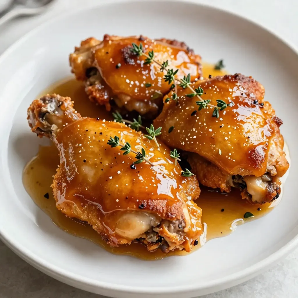 Für dieses leckere Gericht brauchen Sie folgende Zutaten: - 4 Hähnchenschenkel, mit Knochen und Haut - 3 Esslöffel Honig - 2 Esslöffel Dijon-Senf - 1 Esslöffel körniger Senf - 2 Knoblauchzehen, fein gehackt - 1 Esslöffel Olivenöl - 1 Teelöffel Paprika - Salz und Pfeffer nach Geschmack Diese Zutaten machen das Gericht besonders schmackhaft. Die Hähnchenschenkel sind saftig, und die Marinade bringt einen tollen Mix aus Süße und Schärfe. Die Marinade ist das Herzstück des Geschmacks. Sie besteht aus Honig und Senf. Dijon-Senf gibt einen tollen Kick. Der körnige Senf bringt eine schöne Textur. Knoblauch sorgt für einen feinen, aromatischen Geschmack. Um die Marinade herzustellen, mischen Sie alle flüssigen Zutaten in einer Schüssel. Fügen Sie Paprika, Salz und Pfeffer hinzu. Rühren Sie gut um, bis alles gut vermischt ist. Diese Mischung zieht in das Hähnchen ein und macht es zart. Garnieren Sie das Gericht, um es noch ansprechender zu machen. Frischer Thymian oder Petersilie sind tolle Optionen. Sie bringen Farbe und frischen Geschmack. Servieren Sie die Hähnchenschenkel auf einem rustikalen Holzbrett. Dazu passt geröstetes Gemüse oder ein frischer Salat sehr gut. Betrachten Sie auch, das Hähnchen mit den Bratensäften zu beträufeln. Dies fügt zusätzlichen Geschmack hinzu und macht das Gericht noch verlockender. {{ingredient_image_2}} Heizen Sie Ihren Ofen auf 200°C vor. Dies dauert einige Minuten. Bereiten Sie eine Backform vor, indem Sie sie leicht mit Olivenöl einfetten. So bleibt das Hähnchen nicht kleben. Für die Marinade mischen Sie in einer Schüssel: - 3 Esslöffel Honig - 2 Esslöffel Dijon-Senf - 1 Esslöffel körniger Senf - 2 fein gehackte Knoblauchzehen - 1 Esslöffel Olivenöl - 1 Teelöffel Paprika - Salz und Pfeffer nach Geschmack Rühren Sie alles gut um, bis es eine glatte Paste ergibt. Diese Mischung gibt dem Hähnchen viel Geschmack. Tupfen Sie die Hähnchenschenkel mit Küchenpapier trocken. Dies hilft, die Haut knusprig zu machen. Legen Sie die Hähnchenschenkel in eine flache Schüssel oder einen Plastikbeutel. Gießen Sie die Marinade darüber und sorgen Sie dafür, dass das Hähnchen gut bedeckt ist. Lassen Sie es mindestens 30 Minuten marinieren. Für mehr Geschmack können Sie es bis zu 4 Stunden im Kühlschrank lassen. Legen Sie die marinierten Hähnchenschenkel mit der Haut nach oben in die vorbereitete Backform. Gießen Sie die restliche Marinade darüber. Backen Sie das Hähnchen für 35-40 Minuten, bis es eine Temperatur von 75°C erreicht. Die Haut sollte goldbraun und knusprig sein. Für extra Knusprigkeit schalten Sie die Grillfunktion des Ofens für die letzten 5-7 Minuten ein. Achten Sie darauf, das Hähnchen nicht zu verbrennen. Nach dem Backen lassen Sie das Hähnchen 5 Minuten ruhen. Garnieren Sie es nach Wunsch mit frischem Thymian oder Petersilie. Um die beste Marinade zu machen, kombiniere Honig und Dijon-Senf. Füge körnigen Senf für Textur hinzu. Knoblauch bringt tollen Geschmack. Olivenöl sorgt für eine gute Konsistenz. Paprika fügt eine schöne Farbe hinzu. Lass die Marinade mindestens 30 Minuten ziehen. Für mehr Geschmack, mariniere bis zu 4 Stunden. Für eine knusprige Haut tupfe die Hähnchenschenkel gut trocken. Feuchtigkeit macht die Haut weich. Lege sie mit der Hautseite nach oben in die Backform. Eine letzte Grillstufe im Ofen macht die Haut perfekt knusprig. Achte darauf, das Hähnchen gut im Auge zu behalten, um ein Verbrennen zu verhindern. Ein häufiger Fehler ist, das Hähnchen nicht ausreichend zu marinieren. Dies mindert den Geschmack. Stelle sicher, dass der Ofen auf 200°C vorgeheizt ist, bevor du das Hähnchen hineinlegst. Überprüfe die Innentemperatur. Sie sollte 75°C erreichen. Lass das Hähnchen nach dem Backen ruhen. Dies hilft, die Säfte zu binden. Pro Tipps Hähnchen marinieren: Je länger Sie das Hähnchen marinieren, desto intensiver wird der Geschmack. Eine Marinierzeit von bis zu 4 Stunden im Kühlschrank wird empfohlen. Knusprige Haut: Tupfen Sie die Hähnchenschenkel vor dem Marinieren trocken, um eine besonders knusprige Haut zu erzielen. Grillfunktion nutzen: Schalten Sie in den letzten 5-7 Minuten auf Grillmodus um, um die Haut noch knuspriger zu machen. Achten Sie darauf, das Hähnchen gut im Auge zu behalten, um ein Verbrennen zu vermeiden. Präsentation: Servieren Sie das Hähnchen auf einem rustikalen Holzbrett, garniert mit frischem Thymian oder Petersilie, um einen appetitlichen Look zu kreieren. {{image_4}} Um das Gericht noch aromatischer zu machen, füge frische Kräuter hinzu. Ich mag Thymian oder Rosmarin. Einfach einige Blätter in die Marinade geben. Die Kräuter geben dem Hähnchen einen tollen Geschmack. Du kannst auch die Hähnchenschenkel mit frischen Kräutern garnieren. Das sieht schön aus und macht das Gericht noch schmackhafter. Probiere verschiedene Senfsorten aus! Eine scharfe oder süße Variante kann den Geschmack verändern. Du kannst auch Honig durch Ahornsirup ersetzen. So wird das Hähnchen süßer. Füge einen Spritzer Zitrone für Frische hinzu. Experimentiere mit Gewürzen wie Kreuzkümmel oder Curry. Diese geben dem Gericht einen neuen Twist. Wenn du Lust auf Abwechslung hast, probiere frittierte Hähnchenschenkel. Die Marinade bleibt gleich. Tauche die Hähnchenschenkel in Paniermehl nach dem Marinieren. Frittiere sie bis sie goldbraun sind. Das gibt eine knusprige Textur. Alternativ kannst du die Hähnchenschenkel grillen. Der Grill gibt dem Hähnchen ein rauchiges Aroma. Achte darauf, sie nicht zu lange zu grillen, damit sie saftig bleiben. Um die Reste der Honig-Senf-Hähnchenschenkel richtig zu lagern, sollten Sie sie zuerst abkühlen lassen. Wickeln Sie die Hähnchenschenkel dann fest in Frischhaltefolie oder legen Sie sie in einen luftdichten Behälter. So bleibt die Feuchtigkeit erhalten und das Fleisch bleibt zart. Lagern Sie die Reste im Kühlschrank. Dort halten sie sich bis zu drei Tage. Das Aufwärmen sollte vorsichtig erfolgen, um die Hähnchenschenkel saftig zu halten. Heizen Sie den Ofen auf 180°C vor. Legen Sie die Hähnchenschenkel in eine Backform und bedecken Sie sie leicht mit Aluminiumfolie. So trocknen sie nicht aus. Erwärmen Sie das Hähnchen etwa 20 Minuten lang. Überprüfen Sie die Innentemperatur; sie sollte mindestens 75°C betragen. Im Kühlschrank halten sich die Hähnchenschenkel bis zu drei Tage. Im Gefrierschrank können sie bis zu drei Monate aufbewahrt werden. Achten Sie darauf, die Hähnchenschenkel gut einzupacken, um Gefrierbrand zu vermeiden. Zum Auftauen legen Sie sie einfach über Nacht in den Kühlschrank. So bleibt das Fleisch frisch und schmackhaft. Man sollte das Hähnchen mindestens 30 Minuten marinieren. So zieht der Geschmack gut ein. Für einen intensiveren Geschmack empfehle ich, das Hähnchen bis zu 4 Stunden im Kühlschrank zu lassen. Je länger es mariniert, desto besser wird der Geschmack. Ja, du kannst die Hähnchenschenkel im Airfryer zubereiten. Stelle ihn auf 200°C ein und gare das Hähnchen für etwa 25-30 Minuten. Die Haut wird schön knusprig und das Hähnchen bleibt saftig. Überprüfe die Innentemperatur, damit sie mindestens 75°C erreicht. Zu Honig-Senf-Hähnchen passen viele Beilagen. Hier sind einige Ideen: - Geröstetes Gemüse (Karotten, Zucchini, Paprika) - Ein frischer grüner Salat - Reis oder Kartoffeln - Baguette oder Fladenbrot Diese Beilagen ergänzen das Gericht gut und sorgen für eine bunte Mahlzeit. Honig-Senf-Hähnchenschenkel sind einfach und lecker. Wir haben die besten Zutaten, Marinaden und Gewürze behandelt. Auch Tipps für knusprige Haut und Fehlervermeidung kamen nicht zu kurz. Variationen wie Kräuter oder Frittierte machen das Gericht spannend. Reste lassen sich gut lagern und aufwärmen. Mit diesen Tipps bist du bestens gerüstet. Probiere es aus und genieße dein köstliches Hähnchen!