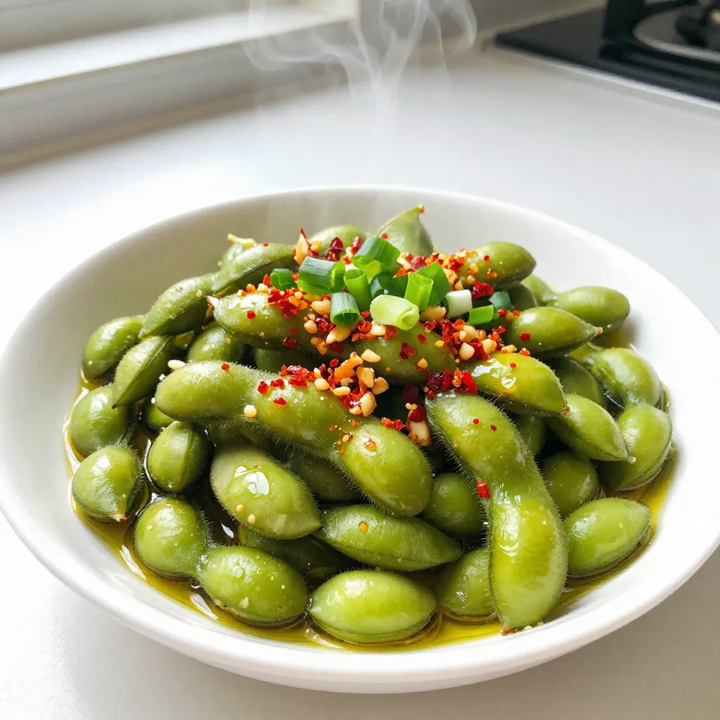 Um Chili Garlic Edamame zuzubereiten, brauchen Sie diese Hauptzutaten: - 2 Tassen frische oder tiefgefrorene Edamame in Schoten - 2 Esslöffel Olivenöl - 3 Knoblauchzehen, fein gehackt - 1-2 Teelöffel Chiliflocken (nach persönlichem Schärfewunsch anpassen) - 1 Esslöffel Sojasauce - 1 Teelöffel Sesamöl - 1 Teelöffel Limettensaft - Salz nach Geschmack - Gehackte Frühlingszwiebeln zum Garnieren Für die Zubereitung von Chili Garlic Edamame sind einige Küchenutensilien nützlich: - Ein mittlerer Topf für das Kochen der Edamame - Eine große Pfanne zum Anbraten der Zutaten - Ein Schneidebrett und ein scharfes Messer für den Knoblauch - Eine Schöpfkelle zum Abgießen der Edamame - Eine Servierplatte für die Präsentation Wenn Sie frische Edamame kaufen möchten, achten Sie auf: - Glatte, grüne Schoten ohne braune Flecken - Feste Schoten, die sich gut anfühlen - Edamame, die in der Saison sind, meist in den Sommermonaten Achten Sie darauf, dass die Edamame frisch und knackig sind. So schmecken sie am besten! {{ingredient_image_2}} Koche zuerst die Edamame. Nimm einen mittleren Topf und fülle ihn mit Wasser. Füge eine gute Menge Salz hinzu. Bringe das Wasser zum Kochen. Gib die Edamame-Schoten hinein und koche sie 4-5 Minuten. Sie sollen zart sein. Wenn du tiefgefrorene Edamame nutzt, folge den Anweisungen auf der Verpackung. Nach dem Kochen gieße die Edamame ab. Spüle sie dann unter kaltem Wasser ab. Das stoppt den Garprozess. Lass sie gut abtropfen. Jetzt bereite die Knoblauch-Chili-Sauce vor. Nimm eine große Pfanne und erhitze das Olivenöl bei mittlerer Hitze. Füge den fein gehackten Knoblauch hinzu. Brate ihn 1-2 Minuten an, bis er gut riecht. Pass auf, dass der Knoblauch nicht verbrennt. Streue die Chiliflocken hinein und brate alles eine weitere Minute. So kommen die Aromen gut zur Geltung. Jetzt wird es spannend! Gib die abgetropften Edamame-Schoten in die Pfanne. Füge die Sojasauce, das Sesamöl und den Limettensaft hinzu. Schwenke alles gut durch. So deckt die Sauce die Edamame gleichmäßig. Probiere die Mischung und schmecke nach. Wenn nötig, füge Salz hinzu. Jetzt sind deine Chili-Knoblauch-Edamame bereit zum Servieren! Garniere sie mit gehackten Frühlingszwiebeln. Genieß dein leckeres Gericht! Um den perfekten Knoblauchgeschmack zu erreichen, achte auf die Zubereitung. Hacke den Knoblauch fein. Erhitze das Öl in einer Pfanne, bevor du den Knoblauch hinzufügst. Brate ihn nur 1 bis 2 Minuten. So bleibt der Geschmack frisch und stark. Vermeide es, den Knoblauch zu verbrennen. Das macht ihn bitter und unangenehm. Die Schärfe von Chili Garlic Edamame kannst du ganz einfach anpassen. Beginne mit 1 Teelöffel Chiliflocken. Probiere die Mischung und füge mehr hinzu, wenn du es schärfer magst. Sei vorsichtig, denn zu viel kann den Geschmack überdecken. Chiliflocken geben außerdem eine schöne Farbe und Textur. Für eine schöne Präsentation serviere die Edamame in einer bunten Schale. Verziere sie mit gehackten Frühlingszwiebeln. Ein Limettenschnitz macht das Gericht frisch und einladend. Du kannst den Limettensaft direkt über die Edamame drücken. So erhält jeder Biss einen zusätzlichen Kick. Achte darauf, das Gericht warm zu servieren. Das hält die Aromen lebendig und macht es köstlich. Pro Tipps Frische Edamame verwenden: Wenn möglich, frische Edamame zu verwenden, da sie einen besseren Geschmack und eine knackigere Textur bieten als tiefgefrorene. Knoblauch richtig anbraten: Achten Sie darauf, den Knoblauch nur kurz anzubraten, bis er aromatisch ist, um Bitterkeit zu vermeiden. Variieren Sie die Schärfe: Passen Sie die Menge der Chiliflocken nach Ihrem persönlichen Geschmack an, um die Schärfe zu steuern. Garnitur kreativ gestalten: Zusätzlich zu Frühlingszwiebeln können Sie auch geröstete Sesamsamen oder Koriander für zusätzlichen Geschmack und Textur hinzufügen. {{image_4}} Chili Garlic Edamame ist von Natur aus vegan und glutenfrei. Sie können sicherstellen, dass Ihre Sojasauce glutenfrei ist. Wählen Sie eine Marke, die garantiert, dass keine Glutenbestandteile enthalten sind. So genießen Sie den vollen Geschmack ohne Bedenken. Möchten Sie Ihr Gericht aufpeppen? Fügen Sie geröstete Sesamsamen hinzu. Sie geben einen schönen Crunch und Geschmack. Auch frische Kräuter wie Koriander oder Petersilie passen gut dazu. Probieren Sie auch etwas Ingwer, um eine frische Note zu schaffen. Haben Sie wenig Zeit? Gefrorene Edamame sind eine tolle Wahl. Sie sind oft schon vorgekocht. Das spart Zeit in der Küche. Folgen Sie einfach den Anweisungen auf der Verpackung. So bereiten Sie Ihr Gericht schnell und einfach zu. Um Reste von Chili Garlic Edamame richtig zu lagern, lege sie in einen luftdichten Behälter. Achte darauf, dass der Behälter gut verschlossen ist. So bleibt der Geschmack frisch. Du kannst auch Frischhaltefolie verwenden, um sicherzugehen. Zum Wiederaufwärmen erwärme die Edamame in einer Pfanne bei mittlerer Hitze. Füge etwas Olivenöl hinzu, um sie schön saftig zu halten. Rühre die Edamame gut um, damit sie gleichmäßig warm werden. Du kannst auch die Mikrowelle nutzen. Erwärme sie dort in kurzen Intervallen von 30 Sekunden. Im Kühlschrank bleiben die Edamame etwa 3 Tage frisch. Stelle sicher, dass sie in einem luftdichten Behälter sind. Im Gefrierschrank kannst du sie bis zu 2 Monate lagern. Achte darauf, sie gut einzupacken, damit sie nicht einfrieren. Die Zubereitung von Chili Garlic Edamame dauert etwa 20 Minuten. Die meiste Zeit geht für das Kochen der Edamame drauf. Du musst sie nur 4-5 Minuten in kochendem Wasser garen. Dann bereitest du die Sauce in einer Pfanne in wenigen Minuten vor. Ja, du kannst Edamame auch ohne Schoten verwenden. Die Bohnen schmecken ebenfalls köstlich. Du musst sie einfach aus den Schoten drücken und dann in die Sauce geben. Achte darauf, die Garzeit etwas zu verkürzen, da die Bohnen schneller gar sind. Edamame sind sehr gesund. Sie sind reich an Protein und Ballaststoffen. Sie enthalten viele Vitamine, wie Vitamin K und Folsäure. Zudem sind sie eine gute Quelle für Antioxidantien. Regelmäßiger Verzehr kann die Herzgesundheit unterstützen und das Risiko von Krankheiten senken. Zusammengefasst zeigt dieser Blogpost, wie man Chili Garlic Edamame zubereitet. Wir haben die Zutaten und Tipps besprochen, die das Gericht verbessern. Die Schritt-für-Schritt-Anleitung hilft Ihnen, die perfekte Sauce zu machen. Variationen und Aufbewahrungshinweise sorgen für mehr Flexibilität. Diese köstlichen Edamame sind nicht nur lecker, sondern auch gesund. Experimentieren Sie mit verschiedenen Zutaten und teilen Sie sie mit Freunden. Kochen macht Spaß, und dieses Gericht wird sicher begeistern! Genießen Sie jede Biss!