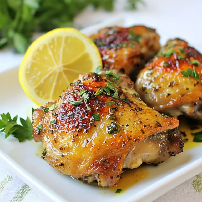 Die Hauptzutaten sind einfach und frisch. Sie benötigen: - 4 Hähnchenschenkel mit Knochen und Haut - 1 Esslöffel Olivenöl - 2 Esslöffel frischer Zitronensaft - Schale von 1 Zitrone (abgerieben) - 4 Knoblauchzehen, fein gehackt Diese Zutaten machen das Gericht lecker und saftig. Die Hähnchenschenkel sind die Basis. Das Olivenöl hilft, die Haut knusprig zu machen. Zitronensaft und Schale bringen frische Aromen. Für mehr Geschmack fügen Sie folgende Gewürze hinzu: - 1 Teelöffel getrockneter Oregano - 1 Teelöffel getrockneter Thymian - 1 Teelöffel Paprika - Salz und Pfeffer nach Geschmack Diese Gewürze verleihen dem Hähnchen Tiefe. Oregano und Thymian sind klassische Kräuter. Paprika bringt eine leichte Süße und Farbe. Salz und Pfeffer sind wichtig für den Geschmack. Wenn Sie keine frischen Zutaten haben, gibt es Alternativen. Verwenden Sie: - Hähnchenschenkel ohne Haut, wenn Sie weniger Fett wollen. - Olivenöl kann durch anderes Pflanzenöl ersetzt werden. - Zitronensaft kann mit Limettensaft ersetzt werden. - Fügen Sie frische Kräuter statt getrockneter Kräuter hinzu. Diese Alternativen bieten Flexibilität. Sie können das Rezept nach Ihrem Geschmack anpassen. Experimentieren Sie, um Ihre perfekte Kombination zu finden! {{ingredient_image_2}} Heizen Sie den Ofen auf 220°C vor. Dies sorgt für eine knusprige Haut. Nehmen Sie eine große Schüssel. Geben Sie 1 Esslöffel Olivenöl, 2 Esslöffel frischen Zitronensaft und die abgeriebene Schale von 1 Zitrone hinein. Fügen Sie 4 fein gehackte Knoblauchzehen, 1 Teelöffel getrockneten Oregano, 1 Teelöffel getrockneten Thymian und 1 Teelöffel Paprika hinzu. Mischen Sie alles gut. Schmecken Sie mit Salz und Pfeffer ab. Ihre Marinade ist jetzt bereit. Nehmen Sie 4 Hähnchenschenkel und legen Sie diese in die Schüssel. Achten Sie darauf, dass die Schenkel gleichmäßig mit der Marinade überzogen sind. Lassen Sie sie mindestens 30 Minuten marinieren. Für mehr Geschmack können Sie sie bis zu 2 Stunden im Kühlschrank lassen. Je länger sie marinieren, desto intensiver wird der Geschmack. Legen Sie die marinierten Hähnchenschenkel mit der Hautseite nach oben in eine Auflaufform oder auf ein mit Backpapier ausgelegtes Blech. Rösten Sie sie im Ofen für 35 bis 40 Minuten. Achten Sie darauf, dass das Hähnchen eine Innentemperatur von 75°C erreicht. Die Haut sollte goldbraun und knusprig sein. Nach dem Garen, nehmen Sie das Hähnchen aus dem Ofen. Lassen Sie es 5 Minuten ruhen, bevor Sie es servieren. Garnieren Sie das Gericht mit gehackter frischer Petersilie. Die Marinierzeit ist wichtig. Ich empfehle, die Hähnchenschenkel mindestens 30 Minuten zu marinieren. Für einen intensiveren Geschmack lassen Sie sie zwei Stunden im Kühlschrank. So nehmen die Hähnchenschenkel die Aromen besser auf. Zitronensaft und Kräuter dringen tief in das Fleisch ein. Das macht das Hähnchen saftiger und geschmackvoller. Die richtige Temperatur ist entscheidend. Heizen Sie den Ofen auf 220°C vor. Diese hohe Hitze sorgt für eine knusprige Haut. Prüfen Sie die Innentemperatur des Hähnchens. Sie sollte 75°C erreichen. So wird das Hähnchen durchgegart. Eine goldbraune Haut zeigt, dass Ihr Gericht perfekt ist. Die Präsentation macht viel aus. Servieren Sie die Hähnchenschenkel auf einem großen Teller. Fügen Sie Zitronenscheiben und frische Kräuter hinzu. Das gibt Farbe und Frische. Eine schöne Garnitur macht das Gericht noch appetitlicher. So beeindrucken Sie Ihre Gäste und steigern den Genuss. Pro Tipps Marinieren für mehr Geschmack: Lassen Sie die Hähnchenschenkel länger marinieren, um die Aromen intensiver in das Fleisch einziehen zu lassen. Ideal sind 2 Stunden im Kühlschrank. Die Haut knusprig machen: Stellen Sie sicher, dass die Hähnchenschenkel mit der Hautseite nach oben in die Auflaufform gelegt werden, damit die Haut schön knusprig wird. Temperatur überprüfen: Verwenden Sie ein Fleischthermometer, um sicherzustellen, dass die Innentemperatur des Hähnchens 75°C (165°F) erreicht, damit es sicher und saftig ist. Frische Kräuter für den letzten Schliff: Garnieren Sie das fertige Gericht mit frischer Petersilie oder anderen Kräutern, um einen zusätzlichen Farbtupfer und frischen Geschmack zu verleihen. {{image_4}} Eine tolle Variation ist, Gemüse hinzuzufügen. Sie können Paprika, Zucchini oder Karotten nutzen. Das Gemüse wird in die Marinade eingetaucht. So nehmen sie den Geschmack auf. Legen Sie das Gemüse um die Hähnchenschenkel, wenn Sie sie rösten. Während das Hähnchen brät, wird das Gemüse zart und lecker. Diese Mischung macht das Gericht bunt und nährstoffreich. Sie können die Zutaten nach Ihrem Geschmack anpassen. Mögen Sie es würziger? Fügen Sie mehr Paprika oder etwas Cayennepfeffer hinzu. Wenn Sie frische Kräuter bevorzugen, verwenden Sie Rosmarin oder Basilikum. Für eine süßere Note, geben Sie etwas Honig in die Marinade. Experimentieren Sie mit den Aromen. So finden Sie Ihre perfekte Mischung. Im Sommer ist Grillen eine großartige Option. Marinieren Sie die Hähnchenschenkel wie gewohnt. Dann legen Sie sie auf den Grill. Grillen Sie sie bei mittlerer Hitze. Wenden Sie sie regelmäßig, damit sie gleichmäßig garen. Die Haut wird knusprig und das Fleisch bleibt saftig. Servieren Sie das Hähnchen mit frischem Salat und Brot. So genießen Sie ein tolles Sommeressen im Freien. Nach dem Essen bleiben oft köstliche Reste. Lassen Sie die Hähnchenschenkel auf Raumtemperatur abkühlen. Verpacken Sie sie dann in einen luftdichten Behälter. Sie können die Reste bis zu drei Tage im Kühlschrank aufbewahren. Wenn Sie sie länger lagern möchten, frieren Sie sie ein. Achten Sie darauf, die Reste gut zu verpacken, um Gefrierbrand zu vermeiden. Wenn Sie die Reste aufwärmen, nutzen Sie den Ofen für das beste Ergebnis. Heizen Sie den Ofen auf 180°C (350°F) vor. Legen Sie die Hähnchenschenkel in eine Auflaufform. Decken Sie sie mit Folie ab, um die Feuchtigkeit zu bewahren. Erwärmen Sie sie 20 bis 25 Minuten, bis sie warm sind. Alternativ können Sie auch eine Pfanne nutzen. Erhitzen Sie sie bei mittlerer Hitze, bis sie durchgeheizt sind. Um Trockenheit zu vermeiden, sollten Sie die Hähnchenschenkel nicht zu lange erhitzen. Überprüfen Sie die Innentemperatur mit einem Fleischthermometer. Sie sollte 75°C (165°F) betragen. Fügen Sie beim Aufwärmen etwas Brühe oder Olivenöl hinzu. Dies hilft, das Fleisch saftig zu halten. Genießen Sie die Reste wie frisch zubereitet! Ich empfehle, die Hähnchenschenkel mindestens 30 Minuten zu marinieren. Dies gibt den Aromen Zeit, einzuziehen. Wenn du mehr Geschmack möchtest, mariniere sie bis zu 2 Stunden im Kühlschrank. So wird das Hähnchen noch zarter und aromatischer. Die ideale Kochtemperatur für Hähnchen ist 75°C (165°F). Dies stellt sicher, dass das Hähnchen sicher zu essen ist und gleichzeitig saftig bleibt. Verwende ein Fleischthermometer, um die Temperatur zu überprüfen. So kannst du sicher sein, dass dein Hähnchen perfekt gegart ist. Ja, du kannst die Haut vom Hähnchen entfernen, wenn du das möchtest. Die Haut hilft, das Hähnchen saftig zu halten und sorgt für eine knusprige Textur. Wenn du eine gesündere Option möchtest, entferne die Haut vor dem Kochen. Das Hähnchen wird trotzdem lecker sein, aber weniger fettig. Zitronenkräuter-Rösthähnchenschenkel sind einfach zuzubereiten und voller Geschmack. Ich habe die Hauptzutaten, Gewürze und nützliche Alternativen besprochen. Die Schritt-für-Schritt-Anleitung macht es leicht, das Hähnchen perfekt zuzubereiten. Tipps zeigen dir, wie du es knusprig und ansprechend servierst. Variationen bieten neuen Schwung und Lagerungstipps helfen, Reste frisch zu halten. Nutze die FAQs, um deine Fragen zu klären. Probiere dieses Rezept aus und genieße das leckere Ergebnis!