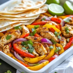 - 450g Hähnchenbrustfilets, in dünne Streifen geschnitten - 2 Paprika (eine rote, eine gelbe), in Streifen geschnitten - 1 rote Zwiebel, in Ringe geschnitten - 3 Esslöffel Olivenöl - 1 Esslöffel Chilipulver - 1 Teelöffel Kreuzkümmel - 1 Teelöffel Knoblauchpulver - 1 Teelöffel geräuchertes Paprikapulver - Salz und Pfeffer nach Geschmack - Saft von 1 Limette - Frischer Koriander, gehackt (zum Garnieren) - Mehl- oder Mais-Tortillas, zum Servieren Die Hauptzutaten sind einfach zu finden und sehr schmackhaft. Hähnchenbrust ist eine magere Proteinquelle und passt gut zu den Paprika. Diese bringen Süße und Farbe ins Gericht. Die Zwiebel gibt einen tollen Geschmack. Die Gewürze wie Chilipulver und Kreuzkümmel machen die Fajitas würzig und aromatisch. Das Rezept ergibt vier Portionen. Ich empfehle, 450g Hähnchen zu verwenden. Für die Paprika sind zwei Stück ideal. Eine rote und eine gelbe Paprika sorgen für Farben und Geschmack. Die Zwiebel sorgt für zusätzliche Tiefe. Verwenden Sie 3 Esslöffel Olivenöl, um alles gut zu benetzen. Eine Portion hat etwa 350 Kalorien. Die Fajitas enthalten viel Protein durch das Hähnchen und Ballaststoffe durch das Gemüse. Die genauen Nährwerte hängen von den verwendeten Zutaten ab. Diese Fajitas sind nicht nur lecker, sondern auch gesund. {{ingredient_image_2}} Heizen Sie Ihren Ofen auf 200°C (400°F) vor. Dies sorgt für die perfekte Hitze. Während der Ofen vorheizt, schneiden Sie das Hähnchen in dünne Streifen. Nehmen Sie zwei Paprika, eine rote und eine gelbe, und schneiden Sie sie in Streifen. Schneiden Sie auch eine rote Zwiebel in Ringe. Legen Sie alles in eine große Schüssel. Träufeln Sie drei Esslöffel Olivenöl über das Hähnchen und das Gemüse. Mischen Sie alles gut, damit es gleichmäßig benetzt ist. In einer kleinen Schüssel vermengen Sie das Chilipulver, Kreuzkümmel, Knoblauchpulver und geräuchertes Paprikapulver. Fügen Sie Salz und Pfeffer hinzu. Streuen Sie diese Gewürzmischung über das Hähnchen und das Gemüse. Mischen Sie alles gründlich, bis es gut umhüllt ist. Verteilen Sie die Mischung dann gleichmäßig auf einem großen Backblech. Schieben Sie das Backblech in den vorgeheizten Ofen. Backen Sie die Mischung für 20 bis 25 Minuten. Das Hähnchen sollte durchgegart und das Gemüse zart sein. Um sicher zu gehen, dass das Hähnchen gar ist, schneiden Sie ein Stück auf. Es sollte nicht mehr rosa sein. Nehmen Sie das Blech aus dem Ofen und träufeln Sie frisch gepressten Limettensaft darüber. Um die Gewürze anzupassen, probiere verschiedene Mengen. Magst du es scharf? Füge mehr Chilipulver hinzu. Wenn du milder magst, reduziere es. Kombiniere auch Gewürze nach deinem Geschmack. Verwende mehr Kreuzkümmel für einen erdigen Geschmack. Für gleichmäßiges Garen lege das Hähnchen und das Gemüse gleichmäßig auf das Blech. Achte darauf, dass sie sich nicht überlappen. So braten sie gleichmäßig und werden schön zart. Präsentiere die Fajitas auf einer großen Platte. Lege die warmen Tortillas daneben. Das sieht einladend aus. Du kannst auch eine Schüssel mit gehacktem Koriander bereitstellen. Guacamole, Sauerrahm oder Salsa sind tolle Toppings. Sie heben den Geschmack an und machen das Essen spannend. Ein häufiger Fehler ist, das Hähnchen zu überladen. Das führt zu ungleichmäßigem Garen. Wenn du das Hähnchen und Gemüse in einer Schicht hältst, vermeidest du dies. Ein weiterer Fehler ist, die Gewürze nicht gut zu mischen. Stelle sicher, dass alles gleichmäßig gewürzt ist. Wenn du die Mischung nicht gut umrührst, schmecken einige Stücke fade. Achte darauf, dass die Gewürze gut auf allen Zutaten haften. Pro Tipps Hähnchen marinieren: Lassen Sie die Hähnchenstreifen mindestens 30 Minuten in der Gewürzmischung marinieren, um den Geschmack zu intensivieren. Gemüse variieren: Experimentieren Sie mit verschiedenen Gemüsesorten wie Zucchini oder Pilzen für zusätzliche Aromen und Texturen. Die richtige Temperatur: Stellen Sie sicher, dass der Ofen gut vorgeheizt ist, um eine gleichmäßige Garung und ein schönes Röstaroma zu erzielen. Tortillas aufwärmen: Wärmen Sie die Tortillas kurz in einer Pfanne oder Mikrowelle auf, um sie weich und geschmeidig zu machen. {{image_4}} Für eine fleischlose Version können Sie Tofu oder Tempeh verwenden. Diese pflanzlichen Proteinquellen sind großartig für Fajitas. Sie nehmen die Aromen gut auf und haben eine tolle Textur. Schneiden Sie den Tofu in Streifen und marinieren Sie ihn mit den gleichen Gewürzen. Auch Kichererbsen sind eine leckere Option. Sie sind nahrhaft und fügen einen schönen Biss hinzu. Experimentieren Sie mit verschiedenen Gewürzen, um Ihre Fajitas zu verfeinern. Fügen Sie ein wenig Cayennepfeffer für mehr Schärfe hinzu oder probieren Sie frische Kräuter wie Oregano. Auch einen Spritzer Sojasauce kann die Fajitas aufpeppen. Wenn Sie etwas Süße mögen, können Sie auch einen Teelöffel Honig oder Agavendicksaft hinzufügen. Das gibt einen interessanten Kontrast zu den herzhaften Aromen. Fajitas schmecken hervorragend mit verschiedenen Beilagen. Servieren Sie sie mit einer frischen Guacamole oder einem einfachen Salat. Auch schwarze Bohnen sind eine tolle Ergänzung. Für ein komplettes Menü können Sie Reis oder Quinoa zubereiten. Als Getränk passen Margarita oder ein erfrischender Eistee perfekt zu Ihrem Essen. Um die Reste von Ihren Fajitas aufzubewahren, nutzen Sie am besten luftdichte Behälter. Diese halten das Hähnchen und das Gemüse frisch. Stellen Sie sicher, dass die Reste abgekühlt sind, bevor Sie sie in den Behälter geben. Im Kühlschrank bleiben Fajitas bis zu drei Tage gut. Im Gefrierfach sind sie bis zu drei Monate haltbar. Wenn Sie die Fajitas aufwärmen möchten, nutzen Sie die Mikrowelle oder den Ofen. In der Mikrowelle dauert es nur einige Minuten. Decken Sie die Fajitas ab, damit sie nicht austrocknen. Im Ofen erwärmen Sie sie bei 180°C für etwa 10 Minuten. Legen Sie etwas Olivenöl dazu, um die Textur zu erhalten. Um Fajitas einzufrieren, lassen Sie sie zuerst abkühlen. Teilen Sie sie in Portionen und legen Sie sie in Gefrierbeutel. Entfernen Sie so viel Luft wie möglich, bevor Sie die Beutel verschließen. Sie können die gefrorenen Fajitas jederzeit nutzen. Einfach auftauen und wieder aufwärmen, um ein schnelles Abendessen zu zaubern. Wie lange sind Fajitas im Kühlschrank haltbar? Fajitas sind im Kühlschrank etwa 3 bis 4 Tage haltbar. Bewahre sie in einem luftdichten Behälter auf. Das hilft, die Frische zu bewahren. Kann ich das Rezept vorab zubereiten? Ja, du kannst die Fajitas vorher zubereiten. Mische das Hähnchen und Gemüse und lege es in den Kühlschrank. So sparst du Zeit beim Kochen. Kann ich andere Gemüsesorten verwenden? Ja, du kannst andere Gemüsesorten wie Zucchini oder Pilze verwenden. Das gibt den Fajitas einen neuen Geschmack und mehr Farbe. Wie kann ich Fajitas schärfer machen? Füge mehr Chilipulver oder frische Jalapeños hinzu. Du kannst auch scharfe Soßen verwenden, um den Schärfegrad zu erhöhen. Woher kommt das Gericht ursprünglich? Fajitas stammen aus Texas. Dort wurden sie in den 1930er Jahren populär, vor allem in der Tex-Mex-Küche. Was sind typische Beilagen zu Fajitas? Typische Beilagen sind Guacamole, Sauerrahm und Salsa. Auch Reis und Bohnen passen gut dazu. Fajitas sind einfach zuzubereiten und schmecken großartig. Wir haben die wichtigsten Zutaten besprochen, von Hähnchen über Gemüse bis hin zu Gewürzen. Ich habe die Schritte zum perfekten Backen und Tipps zur Vermeidung von Fehlern gegeben. Pflanzliche Alternativen und Variationen schaffen Vielfalt. Reste können leicht aufbewahrt werden. Denke daran, dass einige kleine Anpassungen große Auswirkungen haben können. Probiere verschiedene Kombinationen aus, um deine Lieblingsversion zu finden. So wird jede Mahlzeit besonders und lecker!