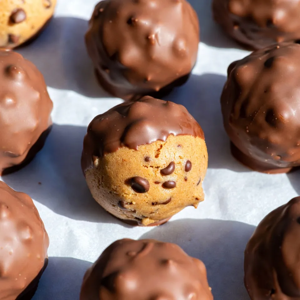 - 1 Tasse Weizenmehl - 1/2 Tasse ungesalzene Butter, weich - 3/4 Tasse brauner Zucker, fest gepackt Die Hauptzutaten bilden die Basis für unsere Trüffel. Das Weizenmehl gibt dem Teig Struktur. Die ungesalzene Butter macht ihn weich und cremig. Der braune Zucker sorgt für Süße und einen tollen Karamellgeschmack. - 1/4 Tasse Kristallzucker - 1 Teelöffel Vanilleextrakt - 1/4 Teelöffel Salz Zusätzlich verwenden wir Kristallzucker für eine süßere Note. Vanilleextrakt bringt ein wunderbares Aroma. Salz hebt den Geschmack hervor und balanciert die Süße. Diese Zutaten machen den Teig noch besser. - 1/2 Tasse mini Schokoladenstückchen - 1 Tasse halbherbe Schokoladenstückchen (zum Überziehen) - 1 Esslöffel Kokosöl (für eine geschmeidigere Schicht) Die Schokolade ist der Star in unseren Trüffeln. Mini Schokoladenstückchen sorgen für einen Schokoladengenuss in jedem Bissen. Die halbherbe Schokolade zum Überziehen gibt der Trüffel eine leckere Hülle. Kokosöl macht die Schokolade schön glatt und glänzend. {{ingredient_image_2}} Um den Teig zu machen, musst du zuerst die Butter und die Zucker in einer Schüssel cremig schlagen. Das dauert etwa 2-3 Minuten. Die Mischung sollte leicht und fluffig sein. Jetzt fügst du den Vanilleextrakt und das Salz hinzu. Diese Zutaten geben dem Teig tollen Geschmack. Danach kommt das Weizenmehl dazu. Achte darauf, das Mehl nur kurz zu mischen. Übermixen macht den Teig hart, und das wollen wir nicht. Sobald der Teig fertig ist, nimm die mini Schokoladenstückchen. Hebe sie vorsichtig unter den Teig. So verteilen sich die Stückchen gleichmäßig. Nach dem Mischen deckst du die Schüssel mit Frischhaltefolie ab. Stelle den Teig für 30 bis 60 Minuten in den Kühlschrank. Das Kühlen hilft, den Teig fester zu machen. Wenn der Teig kühl ist, forme kleine Kugeln. Jede Kugel sollte etwa einen Zoll groß sein. Lege die Kugeln auf ein mit Backpapier belegtes Blech. Jetzt schmelze die halbherben Schokoladenstückchen in einer mikrowellengeeigneten Schüssel. Füge das Kokosöl hinzu, um die Schokolade geschmeidig zu machen. Erhitze die Mischung in 30-Sekunden-Intervallen, bis sie glatt ist. Tauche jede Keks-Teig-Kugel in die geschmolzene Schokolade und lasse die überschüssige Schokolade abtropfen. Lege die überzogenen Trüffel zurück auf das Blech. Stelle sie wieder in den Kühlschrank, bis die Schokolade fest wird. - Wie man übermixen vermeidet: Mixe die Zutaten nur so lange, bis sie verbunden sind. Zu langes Mixen macht den Teig zäh. Achte darauf, die Mischung zu stoppen, wenn du keine Mehlreste mehr siehst. - Richtiges Kühlen des Teigs: Kühl den Teig mindestens 30 Minuten im Kühlschrank. So wird er fester und lässt sich besser formen. Decke die Schüssel gut ab, damit der Teig nicht austrocknet. - Garnierungsvorschläge mit Meersalz oder Kakaopulver: Garniere die Trüffel mit einer Prise Meersalz. Es gibt einen tollen Kontrast zur Süße. Alternativ kannst du etwas Kakaopulver darüber streuen. Das sieht ansprechend aus und schmeckt köstlich. - Häufige Probleme beim Schmelzen der Schokolade: Wenn die Schokolade klumpig wird, hast du sie zu lange erhitzt. Schmelze sie in kurzen Intervallen und rühre oft um. Wenn sie brennt, ist die Schokolade nicht mehr gut. Achte auf die Temperatur. Pro Tipps Butter richtig weich machen: Lassen Sie die Butter vor der Verwendung auf Raumtemperatur kommen, damit sie sich leichter mit dem Zucker vermengen lässt und eine cremige Konsistenz entsteht. Teig nicht übermixen: Mischen Sie den Teig nur so lange, bis alle Zutaten gerade so verbunden sind, um zähe Trüffel zu vermeiden. Schokolade gleichmäßig schmelzen: Erhitzen Sie die Schokolade in kurzen Intervallen in der Mikrowelle und rühren Sie zwischendurch um, um ein Anbrennen zu verhindern. Trüffel kühl lagern: Lagern Sie die Trüffel im Kühlschrank, um die Frische zu bewahren und die Schokolade knackig zu halten. {{image_4}} Wenn du glutenfreie Trüffel machen willst, kannst du eine andere Mehlart verwenden. Ich empfehle Mandelmehl oder Kokosmehl. Diese Mehle haben einen tollen Geschmack. Du musst jedoch die Menge anpassen. Verwende weniger, da sie dichter sind. So bleiben die Trüffel schön weich und lecker. Du kannst die Trüffel aufregender machen, indem du Nüsse oder Trockenfrüchte hinzufügst. Walnüsse oder Pekannüsse geben einen schönen Crunch. Trockenfrüchte wie Cranberries oder Aprikosen fügen eine süße Note hinzu. Achte darauf, sie klein zu schneiden. So verteilen sie sich gut im Teig. Die Schokolade ist wichtig für den Geschmack. Du kannst halbherbe oder Vollmilchschokolade verwenden. Dunkle Schokolade hat einen reichen Geschmack. Sie passt gut zu süßem Keks-Teig. Vollmilchschokolade ist süßer und cremiger. Du kannst auch eine Mischung beider Sorten ausprobieren. So erhältst du eine Balance von Geschmäckern. Um die Schokoladenkeks-Teig-Trüffel frisch zu halten, lege sie in einen luftdichten Behälter. Der Kühlschrank ist der beste Ort zur Lagerung. So bleiben sie kühl und lecker. Stelle sicher, dass die Trüffel nicht mit anderen Lebensmitteln in Berührung kommen. Das könnte ihren Geschmack verändern. Die Trüffel bleiben bis zu einer Woche frisch, wenn du sie im Kühlschrank lagerst. Sie sind am besten, wenn du sie innerhalb der ersten drei Tage isst. Nach dieser Zeit können sie etwas an Geschmack verlieren. Wenn du sie länger aufbewahren möchtest, solltest du sie einfrieren. Um Trüffel einzufrieren, lege sie auf ein Blech und friere sie für etwa eine Stunde ein. Danach kannst du sie in einen Gefrierbeutel packen. Achte darauf, die Luft herauszudrücken, um Gefrierbrand zu verhindern. Zum Auftauen lege die Trüffel einfach für einige Stunden in den Kühlschrank. So bleiben sie frisch und lecker. Cookie Dough Truffles sind kleine, leckere Bälle aus Keks-Teig. Sie bestehen aus einer Mischung von Butter, Zucker, Mehl und Schokolade. Diese süßen Leckerbissen sind beliebt, weil sie so gut schmecken. Ursprünglich kommen sie aus den USA. Die Idee ist, den Geschmack von rohem Keks-Teig ohne Risiko zu genießen. Ja, du kannst die Trüffel vegan machen! Ersetze die Butter durch vegane Margarine. Anstelle von normalem Zucker, benutze Kokosblütenzucker. Für das Mehl, wähle glutenfreies Mehl, wenn du es brauchst. Die Schokolade kannst du auch gegen vegane Schokolade austauschen. So hast du einen leckeren veganen Snack. Fertige Trüffel findest du in vielen Geschäften. Große Supermärkte bieten oft eine Auswahl an. Ich empfehle auch Online-Shops wie Amazon oder spezielle Süßwarenläden. Dort bekommst du verschiedene Geschmacksrichtungen. Achte darauf, die Zutatenliste zu prüfen, wenn du Allergien hast. In diesem Artikel haben wir die Zutaten und den Weg zu leckeren Cookie Dough Truffles erkundet. Wir haben die Hauptzutaten wie Weizenmehl und Butter besprochen. Dann haben wir die Schritte zur Teigvorbereitung und das Formen der Trüffel durchgearbeitet. Tipps halfen, die perfekte Konsistenz zu erreichen. Varianten zeigen, wie man kreativ werden kann. Abschließend bleibt festzuhalten: Mit diesen einfachen Anleitungen und Ideen kannst du köstliche Trüffel kreieren. Verwandle deine Küche in eine Schokoladenwerkstatt!