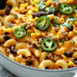 Für die Käse-Taco-Pasta-Pfanne brauchst du einfache und frische Zutaten: - 225 g Ellbogen-Makkaroni - 450 g mageres Puten- oder Rinderhackfleisch - 1 mittelgroße Zwiebel, gewürfelt - 2 Knoblauchzehen, gehackt - 1 Päckchen Taco-Gewürzmischung - 1 Dose (425 g) schwarze Bohnen, abgespült und abgetropft - 240 ml Mais (gefrostet oder aus der Dose) - 1 Dose (410 g) gewürfelte Tomaten mit Saft - 480 ml Hühnerbrühe - 100 g geriebener Cheddar-Käse - 120 ml Sauerrahm - Salz und Pfeffer nach Geschmack - Frischer Koriander, zum Garnieren - Eingeschnittene Jalapeños (optional, für die Schärfe) Die Taco-Gewürzmischung bringt den richtigen Geschmack. Sie enthält meist Kreuzkümmel, Paprika und Chili. Diese Gewürze machen das Gericht würzig und lecker. Die schwarzen Bohnen und der Mais fügen Ballaststoffe hinzu. Sie machen die Mahlzeit nahrhaft und sättigend. Der Cheddar-Käse ist die beste Wahl für dieses Gericht. Er schmilzt gut und hat einen tollen Geschmack. Du kannst auch andere Käsesorten verwenden, wie Monterey Jack oder Gouda. Diese Optionen geben dem Gericht eine neue Note. Probiere verschiedene Käsesorten aus, um deinen Favoriten zu finden! {{ingredient_image_2}} Zuerst sammelst du alle Zutaten. Das macht den Kochprozess einfacher. Du brauchst: - 225 g Ellbogen-Makkaroni - 450 g mageres Puten- oder Rinderhackfleisch - 1 mittelgroße Zwiebel, gewürfelt - 2 Knoblauchzehen, gehackt - 1 Päckchen Taco-Gewürzmischung - 1 Dose (425 g) schwarze Bohnen, abgespült und abgetropft - 240 ml Mais (gefrostet oder aus der Dose) - 1 Dose (410 g) gewürfelte Tomaten mit Saft - 480 ml Hühnerbrühe - 100 g geriebener Cheddar-Käse - 120 ml Sauerrahm - Salz und Pfeffer nach Geschmack - Frischer Koriander, zum Garnieren - Eingeschnittene Jalapeños (optional) Erhitze eine große Pfanne bei mittlerer Hitze. Füge das Hackfleisch hinzu. Brate es an, bis es durchgegart ist. Falls viel Fett entsteht, lasse es abtropfen. Das macht das Gericht leichter. Danach gib die gewürfelte Zwiebel und den gehackten Knoblauch ins Fleisch. Sauté alles für etwa 3-4 Minuten, bis die Zwiebel glasig ist. Streue das Taco-Gewürz über die Mischung. Rühre gut um, damit es gleichmäßig verteilt wird. Jetzt kommen die Ellbogen-Makkaroni, schwarzen Bohnen, Mais, gewürfelte Tomaten und Hühnerbrühe dazu. Mische alles gründlich. Bringe die Mischung zum Kochen. Reduziere dann die Hitze auf niedrig. Decke die Pfanne ab und lasse alles 12-15 Minuten köcheln. Rühre gelegentlich um. Wenn die Pasta al dente ist, nimm die Pfanne vom Herd. Füge den geriebenen Cheddar-Käse und Sauerrahm hinzu. Rühre, bis alles schön cremig ist. Schmecke mit Salz und Pfeffer ab. Garniere das Gericht mit frischem Koriander und Jalapeños, wenn gewünscht. Um die perfekte Konsistenz der Pasta zu erreichen, koche die Makkaroni al dente. Das bedeutet, sie sind weich, aber noch leicht bissfest. Achte darauf, die Pasta nicht zu lange zu kochen. Rühre die Mischung während des Kochens ab und zu um. So kleben die Makkaroni nicht zusammen und nehmen die Aromen besser auf. Wenn die Pasta zu weich wird, verliert das Gericht seine Struktur und Textur. Das Topping macht dein Gericht besonders. Frischer Koriander sorgt für einen frischen Geschmack. Geschnittene Jalapeños geben ein wenig Schärfe. Du kannst auch Avocado oder Limettenscheiben hinzufügen. Für etwas Crunch streue Tortilla-Chips darüber. Diese Optionen verleihen jedem Bissen mehr Spaß und Farbe. Experimentiere mit deinen Lieblingszutaten. Ein häufiger Fehler ist, die Pasta zu lange zu kochen. So wird sie matschig. Achte darauf, das Hackfleisch gut anzubraten, damit es Farbe und Geschmack bekommt. Vergiss nicht, die Gewürze gleichmäßig zu verteilen. Wenn du die Bohnen und den Mais hinzufügst, spüle sie gut ab. So entfernst du überschüssiges Natrium. Diese Tipps helfen dir, ein köstliches und gelungenes Gericht zu zaubern. Pro Tipps Die richtige Pasta wählen: Verwende Ellbogen-Makkaroni, da sie die Sauce gut halten und eine angenehme Textur bieten. Fleisch anbraten: Achte darauf, das Hackfleisch gut anzubraten, damit es eine schöne Bräunung bekommt, die den Geschmack verstärkt. Gewürze anpassen: Wenn du es schärfer magst, füge mehr Taco-Gewürz oder frische Jalapeños hinzu, um dem Gericht mehr Kick zu verleihen. Käse richtig schmelzen: Rühre den Käse und den Sauerrahm bei niedriger Hitze ein, um eine cremige Konsistenz zu erreichen, ohne dass der Käse anbrennt. {{image_4}} Um die Käse-Taco-Pasta-Pfanne vegetarisch zu machen, tausche das Fleisch gegen eine Mischung aus Gemüse. Du kannst Zucchini, Paprika oder Champignons verwenden. Diese Gemüse geben einen tollen Geschmack. Füge auch etwas mehr Bohnen hinzu, um die Proteinmenge zu erhöhen. Die Taco-Gewürzmischung bleibt gleich. Das macht das Gericht lecker und nahrhaft. Für alle, die es schärfer mögen, sind Jalapeños eine gute Wahl. Schneide frische Jalapeños und füge sie in die Pfanne. Du kannst sie gleich zu Beginn beim Anbraten des Fleisches hinzufügen oder später, um mehr Schärfe zu bekommen. Probiere auch, etwas scharfen Käse zu verwenden, um den Geschmack zu intensivieren. Diese Variante bringt einen feurigen Kick. Du kannst die Zutaten nach deinem Geschmack anpassen. Statt Ellbogen-Makkaroni kannst du Fusilli oder Spaghetti verwenden. Wenn du keinen Hühnerbrühe magst, versuche Gemüsebrühe für einen milderen Geschmack. Auch bei den Bohnen kannst du Kidneybohnen oder Kichererbsen nutzen. Das Rezept bleibt einfach und du kannst kreativ sein. Bewahre die Käse-Taco-Pasta-Pfanne in einem luftdichten Behälter auf. So bleibt sie frisch. Du kannst sie bis zu 3 Tage im Kühlschrank lagern. Stelle sicher, dass das Gericht vollständig abgekühlt ist, bevor du es in den Kühlschrank stellst. So vermeidest du Feuchtigkeitsansammlungen. Wenn du Reste hast, kannst du sie auch einfrieren. Teile die Pasta in Portionen auf. Lege diese in luftdichte Behälter oder Gefrierbeutel. Achte darauf, die Luft herauszudrücken, um Gefrierbrand zu vermeiden. Gefrorene Käse-Taco-Pasta hält bis zu 3 Monate. Um die Pasta wieder aufzuwärmen, nimm sie aus dem Kühlschrank oder Gefrierfach. Wenn sie gefroren ist, lasse sie zuerst im Kühlschrank auftauen. Erhitze die Pasta in einer Pfanne bei mittlerer Hitze. Füge etwas Hühnerbrühe oder Wasser hinzu, um die Konsistenz zu verbessern. Rühre oft um, damit die Pasta gleichmäßig heiß wird. Du kannst auch die Mikrowelle verwenden. Stelle sicher, dass du sie in einem mikrowellengeeigneten Behälter warm machst. Du kannst die Käse-Taco-Pasta-Pfanne bis zu drei Tage im Kühlschrank aufbewahren. Stelle sicher, dass du das Gericht in einem luftdichten Behälter lagerst. So bleibt es frisch und lecker. Wenn du die Pasta länger aufbewahren möchtest, friere sie ein. Im Gefrierfach hält sie bis zu drei Monate. Achte darauf, sie gut zu verpacken, um Gefrierbrand zu vermeiden. Ja, du kannst andere Fleischsorten verwenden. Zum Beispiel, du kannst Hähnchen oder sogar Schweinefleisch nehmen. Achte darauf, das Fleisch gut zu würzen, um den vollen Geschmack zu erhalten. Wenn du eine gesündere Option möchtest, kannst du auch mageres Rinderhackfleisch probieren. Jede Variante bringt ihren eigenen Charakter in das Gericht. Auf jeden Fall! Dieses Rezept eignet sich hervorragend für Meal Prep. Du kannst große Mengen zubereiten und in Portionen aufteilen. So hast du gesunde, schnelle Mahlzeiten für die Woche. Erwärme einfach eine Portion in der Mikrowelle oder auf dem Herd. Es ist eine einfache Lösung für geschäftige Tage. Diese Blogpost war eine hilfreiche Reise durch die perfekte Käse-Taco-Pasta-Pfanne. Wir haben die wichtigsten Zutaten und Gewürze besprochen. Ich habe gezeigt, wie du die Pasta Schritt für Schritt zubereitest. Du hast Tipps für die richtige Konsistenz und häufige Fehler gelernt. Außerdem habe ich dir kreative Variationen und Aufbewahrungshinweise gegeben. Denke daran, neue Geschmäcker zu erkunden. Mit diesen Tipps kannst du viel Spaß beim Kochen haben!