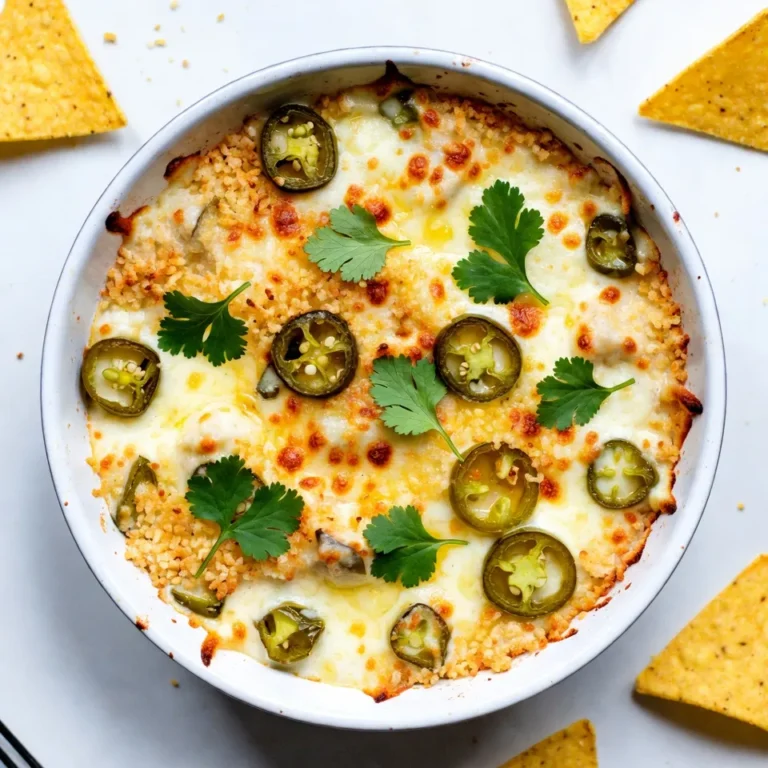 Um Jalapeño Popper Dip zuzubereiten, benötigen Sie: - 225 g Frischkäse, weich - 100 g geriebener Cheddar Käse - 100 g geriebener Monterey Jack Käse - 120 g Sauerrahm - 120 g Mayonnaise - 1 Dose (115 g) gewürfelte grüne Chilis, abgetropft - 120 g eingelegte Jalapeños, gehackt - 1/2 Teelöffel Knoblauchpulver - 1/2 Teelöffel Zwiebelpulver - Salz und Pfeffer nach Geschmack - 60 g Panko-Brösel - 2 Esslöffel Olivenöl - Frisch gehackter Koriander (zur Garnitur) Jede Zutat hat eine wichtige Rolle: - Frischkäse: Gibt dem Dip seine cremige Basis. - Käse: Cheddar und Monterey Jack sorgen für reichlich Geschmack und Schmelz. - Sauerrahm und Mayonnaise: Sie machen den Dip schön glatt und cremig. - Grüne Chilis und Jalapeños: Diese sorgen für den würzigen Kick. - Knoblauch- und Zwiebelpulver: Fügt Tiefe und Aroma hinzu. - Panko-Brösel: Sie geben eine knusprige Textur auf der Oberseite. - Olivenöl: Hilft, die Panko-Brösel goldbraun zu machen. - Koriander: Frische Garnitur am Ende für einen tollen Farbkontrast. Falls Sie Allergien haben oder etwas anders wollen, probieren Sie Folgendes: - Frischkäse: Verwenden Sie veganen Frischkäse für eine pflanzliche Option. - Käse: Ersetzen Sie die Käsesorten durch Pflanzenkäse. - Mayonnaise: Nutzen Sie vegane Mayonnaise oder griechischen Joghurt. - Jalapeños: Verwenden Sie milde Paprika, wenn Sie es weniger scharf mögen. - Panko-Brösel: Ersetzen Sie sie durch glutenfreie Brösel. Diese Optionen helfen Ihnen, den Dip nach Ihren Bedürfnissen anzupassen. {{ingredient_image_2}} Zuerst heizen Sie den Ofen auf 175°C vor. Dies ist wichtig, damit der Dip gleichmäßig gart. Bereiten Sie eine große Rührschüssel vor. Hier vermengen Sie die Zutaten später. Stellen Sie sicher, dass der Frischkäse weich ist. So lässt er sich leichter vermischen. Geben Sie den Frischkäse, den geriebenen Cheddar Käse, den Monterey Jack Käse, den Sauerrahm und die Mayonnaise in die Schüssel. Rühren Sie alles gut um, bis die Mischung glatt und cremig ist. Fügen Sie die gewürfelten Chilis und die gehackten Jalapeños hinzu. Mischen Sie auch das Knoblauchpulver, Zwiebelpulver, Salz und Pfeffer unter. Übertragen Sie die Dip-Mischung in eine gefettete Auflaufform. Streichen Sie die Oberfläche glatt. In einer separaten Schüssel mischen Sie die Panko-Brösel mit Olivenöl. Achten Sie darauf, dass die Brösel gut benetzt sind. Streuen Sie die Panko-Mischung gleichmäßig über den Dip. Schieben Sie die Form in den vorgeheizten Ofen. Backen Sie den Dip für 25-30 Minuten. Achten Sie darauf, dass der Dip sprudelt und die Oberseite goldbraun ist. Nach dem Backen nehmen Sie die Form aus dem Ofen. Lassen Sie den Dip einige Minuten abkühlen. Garnieren Sie ihn mit frisch gehacktem Koriander. Servieren Sie den Dip warm für den besten Geschmack. Ein häufiges Problem ist, dass der Dip nicht cremig wird. Achten Sie darauf, den Frischkäse gut zu erweichen. Wenn er zu kalt ist, wird er klumpig. Ein weiterer Fehler ist, die Jalapeños nicht gut abzutropfen. Zu viel Flüssigkeit kann den Dip verwässern. Überprüfen Sie auch die Menge an Gewürzen. Ein wenig Salz und Pfeffer macht einen großen Unterschied. Um die richtige Konsistenz zu erhalten, verwenden Sie gleichmäßige Mengen an Käse und Sauerrahm. Mischen Sie die Zutaten gründlich, bis sie glatt sind. Wenn Sie einen extra cremigen Dip möchten, fügen Sie mehr Sauerrahm hinzu oder reduzieren Sie die Panko-Brösel. Panko sorgt für einen knusprigen Belag. Achten Sie darauf, ihn gleichmäßig zu verteilen. Die Schärfe ist wichtig, denn nicht jeder mag es gleich scharf. Beginnen Sie mit einer kleinen Menge Jalapeños. Sie können mehr hinzufügen, wenn Sie es schärfer mögen. Probieren Sie auch, die gewürfelten grünen Chilis zu variieren. Sie bieten eine andere Schärfe und Geschmack. Wenn Sie es mild halten möchten, verwenden Sie weniger Jalapeños und mehr Käse. Pro Tipps Frischkäse richtig vorbereiten: Stellen Sie sicher, dass der Frischkäse Zimmertemperatur hat, bevor Sie ihn verwenden, um eine glatte Konsistenz zu erreichen. Würze anpassen: Passen Sie die Menge der Jalapeños und grünen Chilis nach Ihrem persönlichen Schärfewunsch an, um die perfekte Balance für Ihren Geschmack zu finden. Panko-Brösel für den perfekten Crunch: Mischen Sie die Panko-Brösel gut mit Olivenöl, um sicherzustellen, dass sie gleichmäßig goldbraun werden und einen knusprigen Belag bieten. Serviervorschläge: Servieren Sie den Dip warm mit einer Auswahl an Dips wie Tortilla-Chips, Selleriestangen oder frischem Baguette für ein ansprechendes Snack-Erlebnis. {{image_4}} Wenn Sie eine vegetarische oder vegane Version machen möchten, ersetzen Sie den Frischkäse. Es gibt viele gute vegane Frischkäse-Marken. Verwenden Sie auch pflanzliche Sauerrahm und Mayonnaise. Diese Alternativen schmecken oft genauso gut. So bleibt der Dip lecker und pflanzlich. Fügen Sie nach Belieben Zutaten hinzu. Vielleicht etwas geräucherten Paprika für einen rauchigen Geschmack? Oder frische Kräuter wie Schnittlauch? Wenn Sie es noch schärfer mögen, können Sie mehr Jalapeños hinzufügen. Für einen süßeren Geschmack passen auch gehackte Ananas oder Paprika gut. Experimentieren Sie, um Ihren perfekten Dip zu finden. Jede Region hat eigene Geschmacksvorlieben. In Texas fügen viele Menschen BBQ-Sauce hinzu, um einen rauchigen Kick zu bekommen. In Kalifornien könnte man frische Avocado unterrühren. Diese regionalen Anpassungen machen den Dip einzigartig. Lassen Sie Ihrer Kreativität freien Lauf und passen Sie den Dip an Ihre Vorlieben an. Um deinen Jalapeño Popper Dip frisch zu halten, solltest du ihn richtig lagern. Lass den Dip nach dem Backen etwas abkühlen. Dann fülle ihn in einen luftdichten Behälter. Achte darauf, dass der Behälter sauber und trocken ist. Lagere den Dip im Kühlschrank. So bleibt er bis zu fünf Tage frisch. Wenn du ihn länger aufbewahren möchtest, empfiehlt sich das Einfrieren. Falls du den Dip nicht sofort genießen willst, kannst du ihn einfrieren. Fülle den abgekühlten Dip in einen gefriergeeigneten Behälter. Achte darauf, den Behälter gut zu verschließen, um Frostschäden zu vermeiden. Der Dip kann bis zu drei Monate im Gefrierfach bleiben. Zum Auftauen lege den Dip einfach über Nacht in den Kühlschrank. Wenn du den Dip servieren möchtest, kannst du ihn einfach wieder aufwärmen. Nimm den Dip aus dem Kühlschrank oder Gefrierfach. Falls er gefroren ist, tau ihn zuerst auf. Erwärme den Dip in der Mikrowelle oder im Ofen. Bei der Mikrowelle erhitzt du ihn in kurzen Intervallen. Rühre zwischendurch um, damit er gleichmäßig warm wird. Im Ofen kannst du ihn bei 175°C für etwa 15-20 Minuten backen. So wird er wieder schön cremig und schmelzig. Jalapeño Popper Dip bleibt im Kühlschrank etwa 3 bis 5 Tage frisch. Lagern Sie den Dip in einem luftdichten Behälter. Achten Sie darauf, ihn gut abzudecken. So bleibt er länger lecker. Ja, Sie können den Dip im Voraus machen. Bereiten Sie ihn bis zur Backstufe vor. Decken Sie die Auflaufform mit Folie ab und kühlen Sie sie. Backen Sie ihn kurz vor dem Servieren. So bleibt der Geschmack frisch und der Dip heiß. Zu Jalapeño Popper Dip passen viele Beilagen. Hier sind einige gute Optionen: - Tortilla-Chips - Selleriestangen - Karottensticks - Baguettescheiben - Nachos Diese Beilagen bieten verschiedene Texturen und Geschmäcker. Sie machen das Dippen noch spannender. Der Blog-Post beschreibt alles, was du über Jalapeño Popper Dip wissen musst. Wir haben die Zutaten, Zubereitung und Aufbewahrung behandelt. Auch Tipps, Tricks und Variationen sind wichtig für perfekten Genuss. Denke daran, die Konsistenz und den Geschmack nach deinem Wunsch anzupassen. Probiere neue Zutaten, um deinen dip zu personalisieren. Mit diesen Tipps gelingt dir der dip sicher. Viel Spaß beim Ausprobieren!