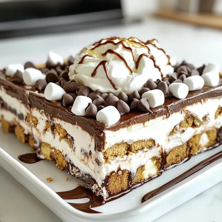 - 12 Schokoladen-Graham-Cracker - 500 ml Milch - 250 ml Schlagsahne - 50 g Kakaopulver - 200 g Kristallzucker - 1 Teelöffel Vanilleextrakt Die Hauptzutaten sind einfach zu finden. Die Schokoladen-Graham-Cracker geben der Lasagne einen tollen Geschmack. Milch und Schlagsahne sorgen für eine cremige Textur. Kakaopulver bringt den Schokoladengeschmack. Kristallzucker und Vanilleextrakt runden das Ganze ab. - 225 g Frischkäse, weich gemacht - 125 g Puderzucker - 100 g Mini-Marshmallows - 100 g Schokoladenstückchen - Schlagsahne zum Garnieren - 60 ml Schokoladensirup zum Drizzeln Zusätzlich brauchen wir Frischkäse für die Füllung. Der Puderzucker macht die Mischung süß und luftig. Mini-Marshmallows und Schokoladenstückchen sind perfekte Toppings. Sie bringen den Wow-Faktor! Schlagsahne und Schokoladensirup erhöhen den Genuss. Diese Zutaten ergeben ein köstliches Dessert, das alle lieben werden. {{ingredient_image_2}} Zuerst mischen Sie die Zutaten im Topf. Nehmen Sie 500 ml Milch, 50 g Kakaopulver, 200 g Kristallzucker und eine Prise Salz. Rühren Sie gut um, um Klumpen zu vermeiden. Dann erhitzen Sie die Mischung bei mittlerer Hitze. Rühren Sie oft, bis die Mischung eindickt. Das dauert etwa 5 bis 7 Minuten. Nehmen Sie den Topf vom Herd und fügen Sie 1 Teelöffel Vanilleextrakt hinzu. Lassen Sie die Mischung etwas abkühlen. Nehmen Sie eine Rührschüssel und den weichen Frischkäse. Schlagen Sie ihn mit einem Handmixer glatt. Fügen Sie dann 125 g Puderzucker nach und nach hinzu. Mischen Sie alles gut, bis die Mischung schön cremig ist. Diese Frischkäsemischung bringt die perfekte Süße in die Lasagne. Nehmen Sie eine 23x33 cm große Auflaufform. Legen Sie 6 Schokoladen-Graham-Cracker auf den Boden. Brechen Sie die Cracker so, dass sie gut passen. Verteilen Sie die Hälfte des Schokoladenpuddings gleichmäßig über die Graham-Cracker. Fügen Sie dann eine weitere Schicht von 6 Schokoladen-Graham-Crackern hinzu. Jetzt streichen Sie die Frischkäsemischung über die letzte Schicht der Graham-Cracker. Achten Sie darauf, dass die Oberfläche gleichmäßig ist. Bestreuen Sie diese Schicht mit 100 g Mini-Marshmallows und 100 g Schokoladenstückchen. Gießen Sie den restlichen Schokoladenpudding darüber und verteilen Sie ihn gut. Beenden Sie die Lasagne mit einer letzten Schicht von 6 Schokoladen-Graham-Crackern. Decken Sie sie dann mit einer dicken Schicht Schlagsahne ab. Beträufeln Sie die Lasagne mit 60 ml Schokoladensirup. Stellen Sie die Lasagne für mindestens 4 Stunden oder über Nacht in den Kühlschrank. So wird sie schön fest. Um den Pudding richtig einzudicken, vermischen Sie die Milch, das Kakaopulver und den Zucker gut. Kochen Sie die Mischung bei mittlerer Hitze und rühren Sie ständig um. Nach 5 bis 7 Minuten wird der Pudding dick. Nehmen Sie ihn dann vom Herd und rühren Sie den Vanilleextrakt unter. Für die Frischkäsemischung ist es wichtig, den Frischkäse weich zu machen. Schlagen Sie ihn mit einem Handmixer glatt. Fügen Sie den Puderzucker langsam hinzu und mischen Sie weiter, bis die Mischung cremig ist. Dies sorgt für eine gleichmäßige Textur. Die Präsentation macht viel aus! Schneiden Sie die Lasagne in gleichmäßige Quadrate. Garnieren Sie jedes Stück mit Schlagsahne, Mini-Marshmallows oder Schokoladenstückchen. Achten Sie darauf, dass alles schön aussieht. Servieren Sie die Lasagne kalt. Dies verstärkt den Geschmack und sorgt für einen erfrischenden Genuss. Ideal ist es, die Lasagne direkt nach dem Kühlen anzubieten. Pro Tipps Schokoladen-Graham-Cracker optimal lagern: Bewahren Sie die Graham-Cracker in einem luftdichten Behälter auf, um sicherzustellen, dass sie frisch und knusprig bleiben, bevor Sie sie verwenden. Milchtemperatur: Erhitzen Sie die Milch langsam und rühren Sie kontinuierlich, um sicherzustellen, dass sie nicht anbrennt und gleichmäßig dick wird. Frischkäse richtig vorbereiten: Lassen Sie den Frischkäse vor der Verwendung auf Raumtemperatur kommen, um ein leichteres und cremigeres Ergebnis zu erzielen. Garnieren für den Wow-Effekt: Fügen Sie nach dem Servieren zusätzliche Schokoladenstückchen oder bunte Streusel hinzu, um das Dessert noch ansprechender zu gestalten. {{image_4}} Für Hot Chocolate Lasagna gibt es viele leckere Alternativen. Sie können die Schokoladen-Graham-Cracker durch Keksvarianten ersetzen. Probieren Sie die klassischen Butterkekse oder sogar Zimt-Kekse. Diese geben der Lasagne einen anderen Geschmack. Toppings sind auch ein großartiger Bereich zum Experimentieren. Fügen Sie etwas Karamellsoße hinzu oder verwenden Sie Erdnüsse. Frische Früchte wie Erdbeeren oder Bananen passen auch gut. Sie können sogar Gewürze wie Zimt oder Muskatnuss hinzufügen. Seien Sie kreativ und finden Sie, was Ihnen am besten schmeckt! Wenn Sie nach glutenfreien Optionen suchen, verwenden Sie glutenfreie Kekse. Es gibt viele Marken, die leckere Alternativen bieten. Diese Kekse können die gleiche Textur wie die traditionellen Graham-Cracker bieten. Für eine vegane Version tauschen Sie die Milch gegen Pflanzenmilch aus. Verwenden Sie vegane Sahne und Frischkäse. Viele Marken bieten diese Produkte an. Sie können auch den Zucker durch einen veganen Süßstoff ersetzen. So wird die Lasagne für alle gut verträglich. Um die Lasagne frisch zu halten, lege sie in den Kühlschrank. Du kannst sie in der Form lassen oder in einen luftdichten Behälter umfüllen. Wichtig ist, dass du die Lasagne gut abdeckst, damit sie nicht austrocknet. Die Haltbarkeit der Lasagne beträgt etwa 3 bis 4 Tage im Kühlschrank. Achte darauf, dass die Temperatur immer unter 4 Grad Celsius bleibt. Wenn du sie länger aufbewahren möchtest, ist Einfrieren eine gute Option. Um die Lasagne vorzubereiten und einzufrieren, lasse sie zuerst ganz abkühlen. Dann decke die Form mit Frischhaltefolie ab. Du kannst auch Alufolie verwenden. Beschrifte die Verpackung mit dem Datum. Wenn du die Lasagne später essen möchtest, tau sie einfach im Kühlschrank auf. Das dauert normalerweise ein paar Stunden oder über Nacht. Nach dem Auftauen kannst du die Lasagne in den Ofen stellen, um sie warm zu machen. Achte darauf, sie gut durchzuwärmen, bevor du sie servierst. Hot Chocolate Lasagna ist ein leckeres Dessert. Es kombiniert Schokoladen-Graham-Cracker, Schokoladenpudding und eine Frischkäsemischung. Die Schichten sind cremig und schokoladig. Mini-Marshmallows und Schokoladenstückchen sorgen für den besonderen Kick. Dieses Dessert ist einfach zuzubereiten und macht jeden glücklich. Die Lasagne benötigt mindestens 4 Stunden im Kühlschrank. Am besten ist es, sie über Nacht zu kühlen. So wird sie fest und lässt sich besser schneiden. Die Kälte verbessert auch die Aromen. Jeder Bissen schmeckt dann noch besser. Ja, du kannst die Lasagne im Voraus machen. Bereite sie einen Tag vorher zu und lasse sie kühlen. So sparst du Zeit, wenn Gäste kommen. Stelle sicher, dass du sie gut abdeckst, damit sie frisch bleibt. Das macht das Dessert noch einfacher. Die Zutaten findest du in jedem Supermarkt. Schokoladen-Graham-Cracker sind oft bei Keksen zu finden. Frischkäse und Schlagsahne gibt es in der Kühlabteilung. Kakaopulver und Vanilleextrakt findest du bei den Backzutaten. Du kannst auch online nach speziellen Produkten suchen. Diese Schokoladenpudding-Lasagne ist ein einfacher Genuss. Wir haben die besten Zutaten ausgewählt: Schokoladen-Graham-Cracker, frischer Käse und Sahne. Der Prozess ist leicht, du mischst einfach die Schichten. Mit unseren Tipps erreichst du die perfekte Konsistenz. Denke auch an Variationen, die jedem schmecken. Glutenfreie und vegane Optionen erweitern die Möglichkeiten. Wenn du diese Lasagne lagerst, bleibt sie frisch und lecker. Probier es aus und genieße dein Dessert!