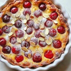 Für ein leckeres Kirschen-Mandel-Clafoutis brauchen wir einige einfache Zutaten. Hier ist die Liste: - 1 Tasse frische Kirschen, entsteint und halbiert - 1 Tasse Vollmilch - 3 große Eier - 3/4 Tasse Zucker - 1/2 Tasse Weizenmehl - 1/4 Teelöffel Salz - 1 Teelöffel Mandel-Extrakt - 1/4 Tasse Mandelblättchen - Puderzucker zum Bestäuben (optional) Diese Zutaten machen das Clafoutis süß und saftig. Die frischen Kirschen bringen viel Geschmack. Die Eier und Milch geben einen schönen, weichen Teig. Wenn du Allergien hast, kannst du leicht einige Zutaten ersetzen. Hier sind ein paar Optionen: - Eier: Verwende zwei Esslöffel Apfelmus oder ein Viertel Tasse gemahlene Leinsamen. - Milch: Nutze Mandelmilch oder Sojamilch für eine milchfreie Version. - Weizenmehl: Probiere Mandelmehl oder glutenfreies Mehl. - Zucker: Ersetze Zucker durch Honig oder Ahornsirup. Diese Alternativen helfen, das Rezept an deine Bedürfnisse anzupassen. Die Wahl der Kirschen ist wichtig für den Geschmack. Hier sind Tipps, um die besten Kirschen zu finden: - Farbe: Wähle Kirschen mit einer tiefen, glänzenden Farbe. - Festigkeit: Drücke leicht auf die Kirschen. Sie sollten fest, aber nicht hart sein. - Geruch: Frische Kirschen haben einen süßen, fruchtigen Geruch. - Saison: Kirschen sind im Sommer am besten. Diese Tipps helfen dir, köstliche Kirschen für dein Clafoutis auszuwählen. {{ingredient_image_2}} Zuerst heize den Ofen auf 175°C vor. Fette eine runde Backform mit Butter ein. In einer Schüssel verquirle die Eier und den Zucker. Mische sie gut, bis sie fluffig sind. Das ist wichtig, denn so wird das Clafoutis leicht und locker. Nun gib die Vollmilch und den Mandel-Extrakt dazu. Rühre alles gut um, bis die Mischung glatt ist. Siebe das Weizenmehl und das Salz in die Schüssel. Rühre vorsichtig, bis alles gemischt ist. Übermixen kann den Teig zäh machen. Der Teig sollte dünnflüssig sein. Jetzt ist es Zeit für die Kirschen. Halbiere sie und lege sie gleichmäßig in die Backform. Das sorgt für tollen Geschmack in jedem Bissen. Gieße den Teig gleichmäßig über die Kirschen. Achte darauf, dass sie ganz bedeckt sind. Streue die Mandelblättchen darüber. Sie geben einen schönen Crunch und Geschmack. Backe das Clafoutis für 35-40 Minuten. Es sollte goldbraun und aufgegangen sein. Ein Zahnstocher sollte sauber herauskommen. Das zeigt, dass es perfekt gebacken ist. Um die beste Konsistenz zu erreichen, lasse den Teig nicht zu lange stehen. Wenn der Teig steht, verliert er seine Leichtigkeit. Achte darauf, die Mischung nicht zu übermixen. Wenn du das tust, wird das Clafoutis eher gummiartig. Das ist nicht das Ziel! Nach dem Backen lasse das Clafoutis ein paar Minuten abkühlen. So bleibt es schön saftig. Bestäube es nach Belieben mit Puderzucker. Das gibt einen süßen Touch und sieht toll aus. Jetzt kannst du es warm oder bei Raumtemperatur servieren. Ein häufiger Fehler ist das Übermixen des Teigs. Das macht das Clafoutis zäh und schwer. Rühren Sie nur so lange, bis alles vermischt ist. Stellen Sie sicher, dass die Kirschen gut entsteint sind. Sonst bekommen Sie einen unerwarteten Biss. Verwenden Sie frische Kirschen, um den besten Geschmack zu erhalten. Wenn Sie gefrorene Kirschen nutzen, lassen Sie sie gut auftauen und abtropfen. Backen Sie das Clafoutis bei 175°C. Die Backzeit liegt zwischen 35 und 40 Minuten. Überprüfen Sie es nach 35 Minuten. Stecken Sie einen Zahnstocher in die Mitte. Wenn er sauber herauskommt, ist das Clafoutis fertig. Achten Sie darauf, dass es goldbraun aussieht. Wenn es zu schnell bräunt, decken Sie es mit Alufolie ab. Servieren Sie das Clafoutis auf einem schönen Teller. Garnieren Sie es mit frischen Kirschen. Essbare Blüten bieten einen tollen Farbakzent. Bestäuben Sie das Clafoutis mit Puderzucker. Das macht es noch ansprechender. Schneiden Sie es in gleichmäßige Stücke, um es schön zu präsentieren. Pro Tipps Frische Kirschen: Verwenden Sie möglichst frische Kirschen für einen intensiven Geschmack. Wenn frische Kirschen nicht verfügbar sind, können Sie auch tiefgefrorene Kirschen verwenden, sollten diese jedoch vorher auftauen und gut abtropfen lassen. Teig nicht übermixen: Achten Sie darauf, den Teig nur so lange zu rühren, bis alle Zutaten kombiniert sind. Ein Übermixen kann zu einem gummiartigen Clafoutis führen. Variationen: Experimentieren Sie mit verschiedenen Früchten wie Pflaumen oder Birnen, um neue Geschmacksrichtungen zu entdecken. Sie können auch einen Spritzer Vanilleextrakt hinzugeben, um das Aroma zu intensivieren. Serviertemperatur: Das Clafoutis schmeckt am besten warm oder bei Raumtemperatur. Lassen Sie es etwas abkühlen, bevor Sie es anschneiden, damit es sich besser setzen kann. {{image_4}} Sie können Clafoutis leicht mit anderen Früchten machen. Anstelle von Kirschen sind Pflaumen oder Himbeeren großartig. Beide Früchte bringen ihre eigene Süße. Äpfel und Birnen sind auch gute Optionen. Schneiden Sie sie in kleine Stücke und verteilen Sie sie in der Form. Die frischen Früchte machen das Dessert bunt und lecker. Für eine vegane Version tauschen Sie die Eier gegen Leinsamen oder Apfelmus aus. Mischen Sie einen Esslöffel Leinsamen mit drei Esslöffeln Wasser und lassen Sie es quellen. Verwenden Sie auch Pflanzenmilch, wie Mandel- oder Hafermilch. Für glutenfreie Clafoutis verwenden Sie Reismehl oder Mandelmehl. Diese Mehle geben dem Dessert eine feine Textur. Gewürze bringen neue Aromen in Ihr Clafoutis. Zimt ist eine beliebte Wahl und passt gut zu Kirschen. Fügen Sie einen halben Teelöffel Zimt zur Teigmischung hinzu. Für einen Hauch von Exotik probieren Sie Muskatnuss oder Vanille. Diese Gewürze machen das Dessert noch interessanter und ansprechender. Um dein Cherry Almond Clafoutis frisch zu halten, lege es in eine luftdichte Box. Wenn du keinen Deckel hast, verwende Frischhaltefolie. Stelle sicher, dass das Clafoutis vollständig abgekühlt ist, bevor du es lagerst. So verhinderst du, dass es matschig wird. Du kannst es auch in Einzelportionen schneiden. So kannst du es leichter essen, wann du willst. Wenn du dein Clafoutis aufwärmen möchtest, benutze den Ofen. Heize ihn auf 160°C vor. Lege das Clafoutis in eine Auflaufform und decke es leicht mit Folie ab. So bleibt es saftig. Erwärme es für etwa 10 bis 15 Minuten. Du kannst auch die Mikrowelle benutzen, aber achte darauf, es nicht zu lange zu erhitzen. 30 Sekunden sind oft genug. Das Clafoutis hält sich im Kühlschrank bis zu drei Tage. Achte darauf, es gut abzudecken. Nach drei Tagen kann der Geschmack nachlassen. Du kannst Clafoutis auch einfrieren. Schneide es in Stücke und lege sie in einen Gefrierbeutel. Es bleibt bis zu drei Monate frisch. Zum Auftauen lege es einfach über Nacht in den Kühlschrank. Ja, gefrorene Kirschen sind eine gute Wahl. Sie sind oft genauso lecker wie frische. Lassen Sie sie zuerst auftauen und abtropfen. So wird Ihr Clafoutis nicht zu wässrig. Die Aromen bleiben stark und der Geschmack wird toll sein. Um die Portionsgröße zu ändern, passen Sie die Zutaten an. Wenn Sie mehr Clafoutis wollen, verdoppeln Sie die Menge. Für weniger, halbieren Sie die Zutaten. Denken Sie daran, die Backzeit kann sich ändern. Überprüfen Sie das Clafoutis nach 30 Minuten, wenn Sie eine kleinere Menge machen. Ja, Clafoutis schmeckt auch ohne Mandel-Extrakt. Wenn Sie ihn weglassen, wird der Geschmack jedoch anders. Sie können Vanille-Extrakt oder nichts verwenden. Das sorgt immer noch für einen leckeren Geschmack. Experimentieren Sie, um die beste Note für Ihren Gaumen zu finden. In diesem Blogbeitrag habe ich die wichtigsten Zutaten, ihre Alternativen und Tipps besprochen. Wir haben auch den Backprozess, häufige Fehler und Variationen behandelt. Abschließend lernst du, wie du deine Kreation lagerst und aufbewahrst. Mit diesen Informationen kannst du ein köstliches Clafoutis backen, das jedem gefällt. Experimentiere mit den Tipps, um deine eigenen Geschmäcker zu entdecken. Viel Spaß beim Backen!
