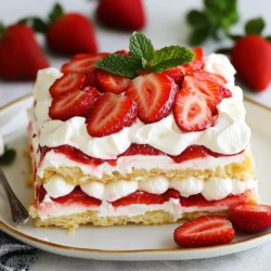 Für den Erdbeerkuchen im Kühlschrank benötigst du folgende Zutaten: - 900 g frische Erdbeeren, geputzt und in Scheiben geschnitten - 60 g Kristallzucker - 1 Teelöffel Vanilleextrakt - 480 ml Schlagsahne - 60 g Puderzucker - 1 Teelöffel Mandelessenz - 1 Paket (400 g) Löffelbiskuits oder Biskuitkuchenscheiben Diese Hauptzutaten bilden die Basis für deinen leckeren Kuchen. Die Erdbeeren sind der Star, also wähle sie mit Sorgfalt aus. Zur Dekoration kannst du frische Minzblätter verwenden. Diese geben dem Kuchen eine schöne Farbe und einen frischen Geschmack. Du kannst auch ein paar geschnittene Erdbeeren oben drauflegen. Dies macht den Kuchen noch appetitlicher und einladender. Achte darauf, dass die Erdbeeren fest und glänzend sind. Sie sollten eine tiefe rote Farbe haben. Vermeide Erdbeeren mit grünen oder braunen Stellen. Frische Erdbeeren bieten den besten Geschmack. Kaufe sie am besten in der Saison, wenn sie süßer sind. Wenn du die Wahl hast, nimm lokale Erdbeeren. Sie sind oft besser im Geschmack und du unterstützt die Bauern in deiner Umgebung. {{ingredient_image_2}} Zuerst wasche die Erdbeeren gut. Schneide sie in dünne Scheiben. In einer mittelgroßen Schüssel vermische die Erdbeeren mit Kristallzucker und Vanilleextrakt. Lasse die Mischung für etwa 30 Minuten stehen. Dadurch geben die Erdbeeren ihre Säfte ab. Dies macht sie süßer und saftiger. Nimm eine große Schüssel für die Schlagsahne. Schlage die Sahne, bis weiche Spitzen entstehen. Füge dann den Puderzucker und die Mandelessenz hinzu. Schlage weiter, bis die Sahne steife Spitzen hat. So wird die Sahne fest und bleibt gut in Form. Jetzt kommt der spaßige Teil: das Schichten! Lege eine Schicht Löffelbiskuits auf eine Servierplatte. Streiche eine dicke Schicht der geschlagenen Sahne darauf. Dann füge eine Schicht der vorbereiteten Erdbeeren hinzu. Wiederhole diese Schritte, bis du drei Schichten hast. Beende mit einer Schicht geschlagener Sahne oben drauf. Decke den Kuchen mit Frischhaltefolie ab. Lasse ihn für mindestens 4 Stunden im Kühlschrank. Besser ist es, wenn du ihn über Nacht ruhen lässt. So vermischen sich die Aromen gut. Die Kekse werden weich und lecker. Vor dem Servieren kannst du den Kuchen mit frischen Erdbeeren und Minzblättern dekorieren. Um die beste Schlagsahne zu machen, achte auf die Kälte. Verwende kalte Schlagsahne und kalte Schüsseln. Das hilft der Sahne, schnell zu schlagen. Beginne mit mittlerer Geschwindigkeit und steigere diese nach ein paar Minuten. Wenn du die Sahne schlägst, füge den Puderzucker langsam hinzu. So wird die Sahne gleichmäßig süß und luftig. Um die Löffelbiskuits weich und lecker zu machen, kannst du sie leicht mit Erdbeersaft bestreichen. Das zieht in die Kekse ein und macht sie saftig. Achte darauf, nicht zu viel Flüssigkeit zu verwenden, damit die Schichten nicht matschig werden. Eine perfekte Balance zwischen feucht und fest ist wichtig. Ein häufiger Fehler ist, die Zutaten nicht richtig vorzubereiten. Schneide die Erdbeeren gleichmäßig, damit sie schön aussehen und gleichmäßig schmecken. Ein anderer Fehler ist, die Schlagsahne zu lange zu schlagen. Achte darauf, dass sie steife Spitzen hat, aber nicht zu butterig wird. Wenn du alles richtig machst, bekommst du einen tollen Erdbeerkuchen im Kühlschrank! Pro Tipps Frische Erdbeeren wählen: Achten Sie darauf, die frischesten und reifsten Erdbeeren auszuwählen, um den besten Geschmack zu erzielen. Kekse vorbereiten: Lassen Sie die Löffelbiskuits nicht zu lange in der Sahne einweichen, um eine matschige Textur zu vermeiden. Variationen ausprobieren: Fügen Sie andere Früchte wie Himbeeren oder Heidelbeeren hinzu, um dem Kuchen eine interessante Geschmacksnote zu verleihen. Über Nacht kühlen: Lassen Sie den Kuchen über Nacht im Kühlschrank ruhen, damit sich die Aromen gut vermischen und die Kekse weich werden. {{image_4}} Wenn du eine vegane Version des Erdbeerkuchens machen möchtest, ist das einfach. Ersetze die Schlagsahne durch pflanzliche Alternativen wie Kokos- oder Sojasahne. Achte darauf, dass die Löffelbiskuits vegan sind oder nutze selbstgemachte vegane Biskuits. Vermische die Erdbeeren wie im Originalrezept. Die Konsistenz bleibt cremig und der Geschmack bleibt toll. Erdbeeren sind lecker, aber du kannst auch andere Früchte verwenden. Himbeeren, Blaubeeren oder Pfirsiche passen gut. Diese Früchte bringen frische Aromen und Farben in den Kuchen. Du kannst die Früchte auch mischen, um neue Geschmäcker zu entdecken. Achte darauf, die Früchte gut vorzubereiten, damit sie nicht zu viel Wasser abgeben. Wenn du keine Löffelbiskuits hast, sind Biskuitkuchenscheiben eine gute Wahl. Du kannst auch Kekse wie Butterkekse oder sogar glutenfreie Optionen nutzen. Diese Alternativen geben dem Kuchen eine andere Textur, aber das Ergebnis wird weiterhin köstlich sein. Experimentiere mit verschiedenen Sorten, um deinen Liebling zu finden. Der Erdbeerkuchen bleibt frisch, wenn du ihn richtig lagerst. Decke den Kuchen gut mit Frischhaltefolie ab. Das verhindert, dass er austrocknet. Stelle ihn im Kühlschrank auf eine flache Fläche. So bleibt die Form erhalten und er bleibt schön. Im Kühlschrank hält der Erdbeerkuchen etwa drei bis vier Tage. Die Erdbeeren bleiben frisch, wenn du sie nicht zu lange liegen lässt. Achte darauf, dass der Kuchen gut abgedeckt ist. So bleibt der Geschmack erhalten und die Kekse bleiben weich. Du kannst den Erdbeerkuchen auch einfrieren. Teile ihn in Stücke, damit du nur das benötigte Stück auftauen kannst. Wickele die Stücke gut in Frischhaltefolie und lege sie in einen Gefrierbeutel. So bleibt der Kuchen bis zu drei Monate frisch. Zum Auftauen, lasse ihn einfach im Kühlschrank über Nacht. Der Erdbeerkuchen sollte mindestens 4 Stunden im Kühlschrank bleiben. So können sich die Aromen gut vermischen. Ich empfehle jedoch, ihn über Nacht ruhen zu lassen. Das sorgt für einen noch besseren Geschmack. Wenn du den Kuchen länger aufbewahren möchtest, kann er bis zu 2 Tage im Kühlschrank bleiben. Ja, du kannst gefrorene Erdbeeren verwenden. Achte darauf, sie zuerst aufzutauen und gut abtropfen zu lassen. Dadurch bleibt der Kuchen nicht zu nass. Gefrorene Erdbeeren sind eine tolle Option, wenn frische Erdbeeren nicht verfügbar sind. Der klassische Erdbeerkuchen mit Löffelbiskuits ist nicht glutenfrei. Du kannst jedoch glutenfreie Löffelbiskuits oder Biskuitkuchenscheiben verwenden. Dann wird der Kuchen für glutenfreie Ernährung geeignet. Achte beim Einkaufen auf das glutenfreie Label. Um den Kuchen süßer zu machen, füge mehr Kristallzucker zu den Erdbeeren hinzu. Du kannst auch mehr Puderzucker zur Schlagsahne geben. Ein Spritzer Honig oder Ahornsirup kann auch helfen. Probiere, bis der Kuchen deinen süßen Vorlieben entspricht. Zusammenfassend hilft dir dieser Blog, den perfekten Erdbeerkuchen zuzubereiten. Du weißt nun, welche Zutaten du benötigst, wie du die Erdbeeren vorbereitest und die Schlagsahne machst. Die Tipps und Tricks zeigen dir, wie du häufige Fehler vermeidest und die Textur optimierst. Vergiss nicht, Variationen auszuprobieren und die Reste gut aufzubewahren. Mit diesen Infos klappt dein Erdbeerkuchen bestimmt! Viel Spaß beim Backen und Genießen!