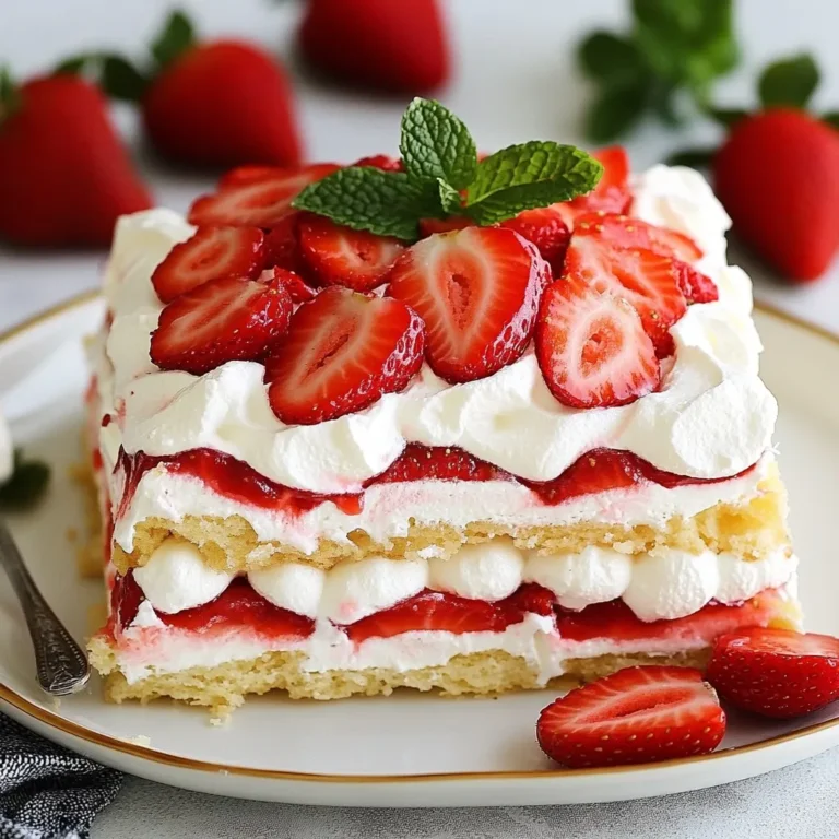 Für den Erdbeerkuchen im Kühlschrank benötigst du folgende Zutaten: - 900 g frische Erdbeeren, geputzt und in Scheiben geschnitten - 60 g Kristallzucker - 1 Teelöffel Vanilleextrakt - 480 ml Schlagsahne - 60 g Puderzucker - 1 Teelöffel Mandelessenz - 1 Paket (400 g) Löffelbiskuits oder Biskuitkuchenscheiben Diese Hauptzutaten bilden die Basis für deinen leckeren Kuchen. Die Erdbeeren sind der Star, also wähle sie mit Sorgfalt aus. Zur Dekoration kannst du frische Minzblätter verwenden. Diese geben dem Kuchen eine schöne Farbe und einen frischen Geschmack. Du kannst auch ein paar geschnittene Erdbeeren oben drauflegen. Dies macht den Kuchen noch appetitlicher und einladender. Achte darauf, dass die Erdbeeren fest und glänzend sind. Sie sollten eine tiefe rote Farbe haben. Vermeide Erdbeeren mit grünen oder braunen Stellen. Frische Erdbeeren bieten den besten Geschmack. Kaufe sie am besten in der Saison, wenn sie süßer sind. Wenn du die Wahl hast, nimm lokale Erdbeeren. Sie sind oft besser im Geschmack und du unterstützt die Bauern in deiner Umgebung. {{ingredient_image_2}} Zuerst wasche die Erdbeeren gut. Schneide sie in dünne Scheiben. In einer mittelgroßen Schüssel vermische die Erdbeeren mit Kristallzucker und Vanilleextrakt. Lasse die Mischung für etwa 30 Minuten stehen. Dadurch geben die Erdbeeren ihre Säfte ab. Dies macht sie süßer und saftiger. Nimm eine große Schüssel für die Schlagsahne. Schlage die Sahne, bis weiche Spitzen entstehen. Füge dann den Puderzucker und die Mandelessenz hinzu. Schlage weiter, bis die Sahne steife Spitzen hat. So wird die Sahne fest und bleibt gut in Form. Jetzt kommt der spaßige Teil: das Schichten! Lege eine Schicht Löffelbiskuits auf eine Servierplatte. Streiche eine dicke Schicht der geschlagenen Sahne darauf. Dann füge eine Schicht der vorbereiteten Erdbeeren hinzu. Wiederhole diese Schritte, bis du drei Schichten hast. Beende mit einer Schicht geschlagener Sahne oben drauf. Decke den Kuchen mit Frischhaltefolie ab. Lasse ihn für mindestens 4 Stunden im Kühlschrank. Besser ist es, wenn du ihn über Nacht ruhen lässt. So vermischen sich die Aromen gut. Die Kekse werden weich und lecker. Vor dem Servieren kannst du den Kuchen mit frischen Erdbeeren und Minzblättern dekorieren. Um die beste Schlagsahne zu machen, achte auf die Kälte. Verwende kalte Schlagsahne und kalte Schüsseln. Das hilft der Sahne, schnell zu schlagen. Beginne mit mittlerer Geschwindigkeit und steigere diese nach ein paar Minuten. Wenn du die Sahne schlägst, füge den Puderzucker langsam hinzu. So wird die Sahne gleichmäßig süß und luftig. Um die Löffelbiskuits weich und lecker zu machen, kannst du sie leicht mit Erdbeersaft bestreichen. Das zieht in die Kekse ein und macht sie saftig. Achte darauf, nicht zu viel Flüssigkeit zu verwenden, damit die Schichten nicht matschig werden. Eine perfekte Balance zwischen feucht und fest ist wichtig. Ein häufiger Fehler ist, die Zutaten nicht richtig vorzubereiten. Schneide die Erdbeeren gleichmäßig, damit sie schön aussehen und gleichmäßig schmecken. Ein anderer Fehler ist, die Schlagsahne zu lange zu schlagen. Achte darauf, dass sie steife Spitzen hat, aber nicht zu butterig wird. Wenn du alles richtig machst, bekommst du einen tollen Erdbeerkuchen im Kühlschrank! Pro Tipps Frische Erdbeeren wählen: Achten Sie darauf, die frischesten und reifsten Erdbeeren auszuwählen, um den besten Geschmack zu erzielen. Kekse vorbereiten: Lassen Sie die Löffelbiskuits nicht zu lange in der Sahne einweichen, um eine matschige Textur zu vermeiden. Variationen ausprobieren: Fügen Sie andere Früchte wie Himbeeren oder Heidelbeeren hinzu, um dem Kuchen eine interessante Geschmacksnote zu verleihen. Über Nacht kühlen: Lassen Sie den Kuchen über Nacht im Kühlschrank ruhen, damit sich die Aromen gut vermischen und die Kekse weich werden. {{image_4}} Wenn du eine vegane Version des Erdbeerkuchens machen möchtest, ist das einfach. Ersetze die Schlagsahne durch pflanzliche Alternativen wie Kokos- oder Sojasahne. Achte darauf, dass die Löffelbiskuits vegan sind oder nutze selbstgemachte vegane Biskuits. Vermische die Erdbeeren wie im Originalrezept. Die Konsistenz bleibt cremig und der Geschmack bleibt toll. Erdbeeren sind lecker, aber du kannst auch andere Früchte verwenden. Himbeeren, Blaubeeren oder Pfirsiche passen gut. Diese Früchte bringen frische Aromen und Farben in den Kuchen. Du kannst die Früchte auch mischen, um neue Geschmäcker zu entdecken. Achte darauf, die Früchte gut vorzubereiten, damit sie nicht zu viel Wasser abgeben. Wenn du keine Löffelbiskuits hast, sind Biskuitkuchenscheiben eine gute Wahl. Du kannst auch Kekse wie Butterkekse oder sogar glutenfreie Optionen nutzen. Diese Alternativen geben dem Kuchen eine andere Textur, aber das Ergebnis wird weiterhin köstlich sein. Experimentiere mit verschiedenen Sorten, um deinen Liebling zu finden. Der Erdbeerkuchen bleibt frisch, wenn du ihn richtig lagerst. Decke den Kuchen gut mit Frischhaltefolie ab. Das verhindert, dass er austrocknet. Stelle ihn im Kühlschrank auf eine flache Fläche. So bleibt die Form erhalten und er bleibt schön. Im Kühlschrank hält der Erdbeerkuchen etwa drei bis vier Tage. Die Erdbeeren bleiben frisch, wenn du sie nicht zu lange liegen lässt. Achte darauf, dass der Kuchen gut abgedeckt ist. So bleibt der Geschmack erhalten und die Kekse bleiben weich. Du kannst den Erdbeerkuchen auch einfrieren. Teile ihn in Stücke, damit du nur das benötigte Stück auftauen kannst. Wickele die Stücke gut in Frischhaltefolie und lege sie in einen Gefrierbeutel. So bleibt der Kuchen bis zu drei Monate frisch. Zum Auftauen, lasse ihn einfach im Kühlschrank über Nacht. Der Erdbeerkuchen sollte mindestens 4 Stunden im Kühlschrank bleiben. So können sich die Aromen gut vermischen. Ich empfehle jedoch, ihn über Nacht ruhen zu lassen. Das sorgt für einen noch besseren Geschmack. Wenn du den Kuchen länger aufbewahren möchtest, kann er bis zu 2 Tage im Kühlschrank bleiben. Ja, du kannst gefrorene Erdbeeren verwenden. Achte darauf, sie zuerst aufzutauen und gut abtropfen zu lassen. Dadurch bleibt der Kuchen nicht zu nass. Gefrorene Erdbeeren sind eine tolle Option, wenn frische Erdbeeren nicht verfügbar sind. Der klassische Erdbeerkuchen mit Löffelbiskuits ist nicht glutenfrei. Du kannst jedoch glutenfreie Löffelbiskuits oder Biskuitkuchenscheiben verwenden. Dann wird der Kuchen für glutenfreie Ernährung geeignet. Achte beim Einkaufen auf das glutenfreie Label. Um den Kuchen süßer zu machen, füge mehr Kristallzucker zu den Erdbeeren hinzu. Du kannst auch mehr Puderzucker zur Schlagsahne geben. Ein Spritzer Honig oder Ahornsirup kann auch helfen. Probiere, bis der Kuchen deinen süßen Vorlieben entspricht. Zusammenfassend hilft dir dieser Blog, den perfekten Erdbeerkuchen zuzubereiten. Du weißt nun, welche Zutaten du benötigst, wie du die Erdbeeren vorbereitest und die Schlagsahne machst. Die Tipps und Tricks zeigen dir, wie du häufige Fehler vermeidest und die Textur optimierst. Vergiss nicht, Variationen auszuprobieren und die Reste gut aufzubewahren. Mit diesen Infos klappt dein Erdbeerkuchen bestimmt! Viel Spaß beim Backen und Genießen!