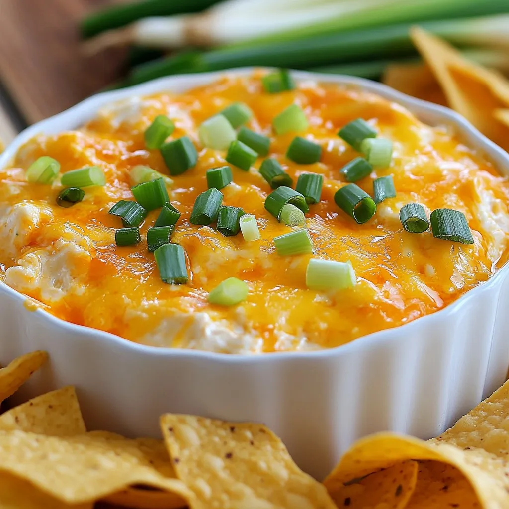 Für den Crockpot Buffalo Chicken Dip brauchst du einige Hauptzutaten. Hier ist die Liste: - 2 Tassen gekochtes Hähnchen, zerkleinert - 1 (226 g) Paket Frischkäse, weich zubereitet - 1 Tasse Buffalo-Sauce (nach Geschmack anpassen) - 1 Tasse geriebener Cheddar-Käse - 1/2 Tasse Ranch-Dressing Diese Zutaten geben dem Dip seinen tollen Geschmack und die cremige Konsistenz. Das zerkleinerte Hähnchen sorgt für die proteinreiche Basis. Frischkäse macht den Dip schön cremig. Buffalo-Sauce bringt die Schärfe, die jeder liebt. Cheddar-Käse fügt einen herzhaften Geschmack hinzu, während Ranch-Dressing die Aromen ausgleicht. Du kannst auch optionale Zutaten hinzufügen, um den Geschmack zu verbessern: - 1/2 Tasse Blauschimmelkäse-Stücke (optional) - 1/4 Tasse Frühlingszwiebeln, gehackt (zum Garnieren) Blauschimmelkäse bringt eine salzige Tiefe. Er passt gut zur Schärfe der Buffalo-Sauce. Frühlingszwiebeln sind perfekt für die Garnitur und geben einen frischen Crunch. Wähle frische Zutaten für den besten Geschmack. Achte beim Hähnchen darauf, dass es saftig aussieht und gut riecht. Der Frischkäse sollte weich und cremig sein, ohne grünliche Flecken. Die Buffalo-Sauce sollte frisch sein, um den besten Geschmack zu gewährleisten. Wenn du nach Cheddar suchst, nimm den, der gut schmilzt. Achte darauf, dass die Frühlingszwiebeln knackig sind und keine braunen Stellen haben. So wird dein Dip noch besser! {{ingredient_image_2}} Zuerst bereiten wir die Zutaten vor. Nehmen Sie 2 Tassen gekochtes, zerkleinertes Hähnchen und legen Sie es in den Slow Cooker. Fügen Sie dann 1 Paket weichen Frischkäse hinzu. Jetzt kommt die Buffalo-Sauce. Sie können 1 Tasse verwenden, aber passen Sie die Menge nach Ihrem Geschmack an. Rühren Sie alles gut um, bis die Mischung gleichmäßig ist. Decken Sie den Slow Cooker ab. Wenn Sie den niedrigen Modus wählen, kochen Sie die Mischung für 2 Stunden. Bei der hohen Einstellung sind 1 Stunde ausreichend. Rühren Sie gelegentlich um, damit alles gleichmäßig erhitzt wird. Nach der Kochzeit sollte die Mischung heiß und cremig sein. Jetzt fügen Sie 1 Tasse geriebenen Cheddar-Käse und 1/2 Tasse Ranch-Dressing hinzu. Wenn Sie es mögen, fügen Sie auch 1/2 Tasse Blauschimmelkäse-Stücke hinzu. Mischen Sie alles gut durch. Probieren Sie den Dip und fügen Sie bei Bedarf mehr Buffalo-Sauce hinzu, um die Schärfe anzupassen. Servieren Sie den Dip warm, garniert mit gehackten Frühlingszwiebeln. Nutzen Sie Tortillachips, Selleriestangen oder Karottensticks zum Dippen. Der Schlüssel zu einem perfekten Buffalo Chicken Dip liegt in der Mischung. Verwende gekochtes Hähnchen, das zart und frisch ist. Mische den Frischkäse und die Buffalo-Sauce gut. Diese Basis sorgt für einen tollen Geschmack. Vergewissere dich, dass alle Zutaten gleichmäßig verteilt sind. Rühre den Dip während des Kochens gelegentlich um. So bleibt er cremig und wird gleichmäßig heiß. Jeder hat einen anderen Geschmack. Du kannst die Schärfe leicht anpassen. Füge mehr oder weniger Buffalo-Sauce hinzu. Beginne mit einer Tasse und probiere es aus. Wenn du es milder magst, verwende weniger oder mehr Frischkäse. Für zusätzlichen Geschmack füge Ranch-Dressing hinzu. Das macht den Dip noch cremiger. Serviere den Dip warm für das beste Erlebnis. Verwende Tortillachips, Selleriestangen oder Karottensticks zum Dippen. Diese Optionen bieten eine schöne Textur und einen tollen Kontrast. Garnieren mit gehackten Frühlingszwiebeln macht das Gericht bunt und ansprechend. Du kannst auch Blauschimmelkäse-Stücke oben drauf geben. So erhältst du mehr Geschmack und eine besondere Note. Pro Tipps Käsevariation: Experimentieren Sie mit verschiedenen Käsesorten wie Gouda oder Monterey Jack für einen einzigartigen Geschmack. Schärfe anpassen: Passen Sie die Menge der Buffalo-Sauce nach Ihrem persönlichen Geschmack an, um die gewünschte Schärfe zu erreichen. Vorausplanung: Bereiten Sie die Mischung am Vortag vor und lassen Sie sie im Kühlschrank über Nacht, um die Aromen zu intensivieren. Serviervorschläge: Servieren Sie den Dip mit einer Auswahl an frischem Gemüse, um eine gesunde Snack-Option zu bieten. {{image_4}} Wenn du eine vegetarische Version machen möchtest, probiere Tofu oder Kichererbsen. Zerkleinere den Tofu und mische ihn mit Frischkäse und Buffalo-Sauce. Diese Mischung wird ebenso lecker und cremig sein. Kichererbsen bringen eine tolle Textur und sind gesund. Du kannst verschiedene Käsesorten verwenden. Mozzarella bringt einen milden Geschmack und schmilzt gut. Gouda oder Pepper Jack geben dem Dip eine besondere Note. Experimentiere mit diesen Sorten, um deinen Lieblingsgeschmack zu finden. Füge zusätzliche Zutaten hinzu, um den Dip interessanter zu machen. Gehackte Paprika oder Jalapeños bringen Farbe und Geschmack. Auch schwarze Bohnen können eine nahrhafte Ergänzung sein. Denke daran, alles gut zu mischen, damit sich die Aromen verbinden. Bewahren Sie Ihren Dip in einem luftdichten Behälter auf. Lassen Sie ihn zuerst abkühlen. Stellen Sie sicher, dass der Behälter gut verschlossen ist. So bleibt der Geschmack frisch. Sie können auch kleine Portionen abfüllen. Das macht das Wiedererwärmen einfacher. Um den Dip aufzuwärmen, nutzen Sie die Mikrowelle oder den Slow Cooker. Bei der Mikrowelle erwärmen Sie ihn in kurzen Abständen. Rühren Sie den Dip zwischendurch um. Das sorgt für eine gleichmäßige Hitze. Im Slow Cooker können Sie ihn bei niedriger Temperatur langsam erwärmen. Fügen Sie etwas mehr Buffalo-Sauce hinzu, falls nötig. Der Dip hält sich im Kühlschrank etwa 3 bis 4 Tage. Achten Sie darauf, ihn gut zu lagern. Wenn Sie ihn länger aufbewahren möchten, können Sie ihn einfrieren. Füllen Sie ihn dabei in gefriergeeignete Behälter. So vermeiden Sie Lebensmittelverschwendung und genießen den Dip später. Es dauert etwa 2 Stunden im niedrigen Modus oder 1 Stunde im hohen Modus. Der Dip sollte heiß und cremig sein, bevor Sie ihn servieren. Ich empfehle, gelegentlich umzurühren. So wird alles gleichmäßig warm. Ja, Sie können das Hähnchen ersetzen. Probieren Sie gekochte Rindfleischstreifen oder Tofu für eine vegetarische Option. Achten Sie darauf, die Konsistenz anzupassen, damit der Dip nicht zu trocken wird. Das Wichtigste ist, dass die Basis gut gewürzt ist. Tortillachips sind eine klassische Wahl. Selleriestangen und Karottensticks bieten einen frischen Kontrast. Auch Cracker oder Gemüseplatten passen gut. Experimentieren Sie und finden Sie Ihre Lieblingskombination! Dieser Artikel hat dir die wichtigsten Zutaten und Schritte für einen leckeren Buffalo Chicken Dip nähergebracht. Du hast Tipps für frische Zutaten und mehrere kreative Variationen entdeckt. Denke daran, die Schärfe und Cremigkeit nach deinem Geschmack anzupassen. Richtige Lagerung und Aufwärmtipps verlängern die Haltbarkeit. Für einen perfekten Dip achte auf die Zubereitungszeit und die passenden Beilagen. Probiere die genannten Vorschläge aus und kreiere deinen idealen Dip!