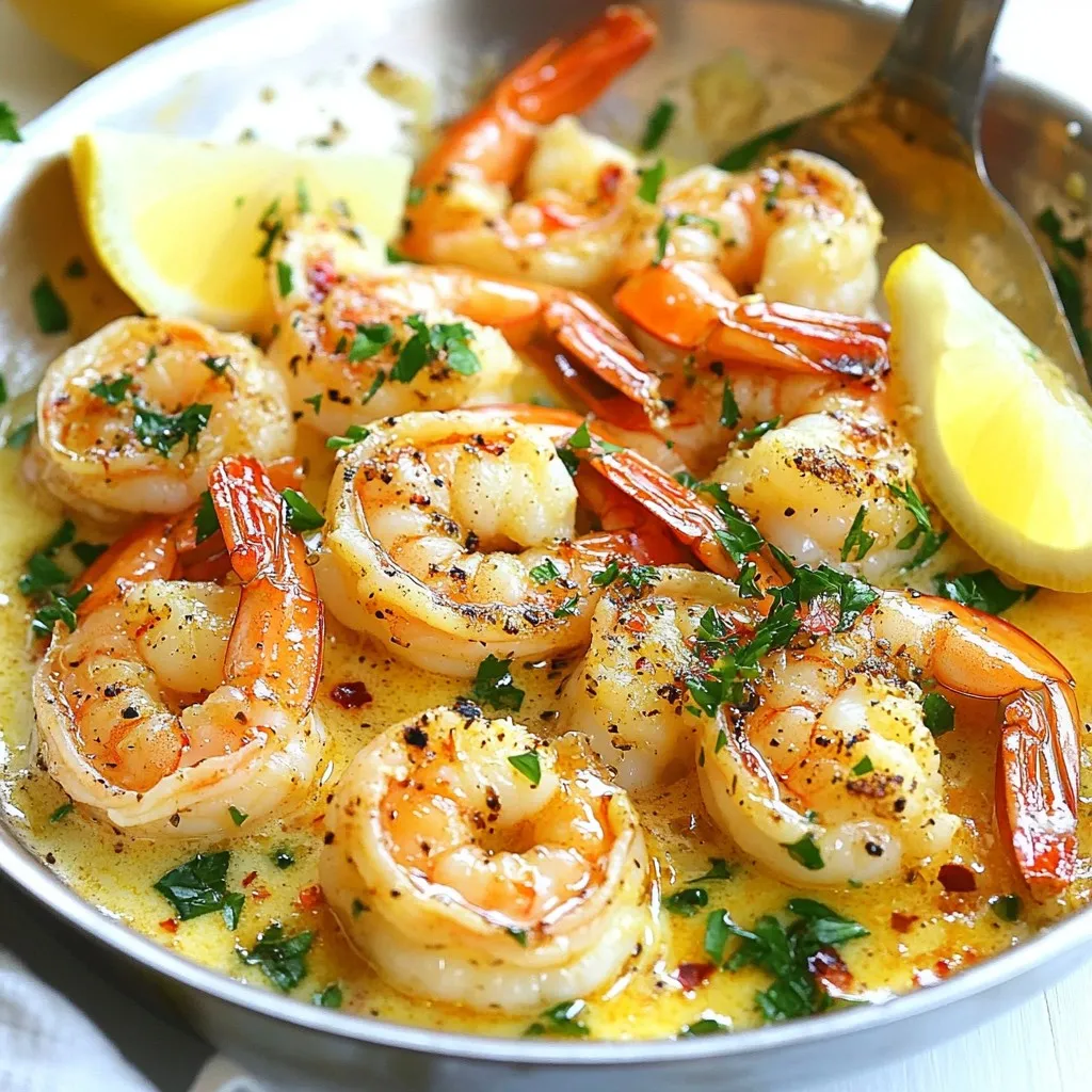 - 450 g große Garnelen, geschält und entdarmt - 60 g ungesalzene Butter - 4 Knoblauchzehen, fein gehackt Die Hauptzutaten für die Knoblauchbutter Garnelen sind einfach und frisch. Die Garnelen sind der Star dieses Gerichts. Wählen Sie große, saftige Garnelen für den besten Geschmack. Die Butter gibt einen reichen, cremigen Geschmack. Der gehackte Knoblauch bringt ein tolles Aroma. - 1 Teelöffel rote Pfefferflocken (nach Geschmack anpassen) - 1 Esslöffel frischer Zitronensaft - 2 Esslöffel frische Petersilie, gehackt Die Gewürze und frischen Zutaten sind wichtig für den Geschmack. Rote Pfefferflocken geben Ihnen eine schöne, scharfe Note. Passen Sie die Menge an, um die Schärfe zu steuern. Frischer Zitronensaft bringt eine spritzige Frische. Die gehackte Petersilie sorgt für Farbe und Frische. - Zusätzliche Garnituren: Zitronenschnitze - Beilagenideen: Frisches Baguette oder Reis Servieren Sie die Garnelen mit Zitronenschnitzen. Diese fügen einen tollen, frischen Geschmack hinzu. Frisches Baguette ist perfekt, um die köstliche Sauce aufzutunken. Alternativ können Sie die Garnelen auch über Reis servieren. Der Reis nimmt die Aromen gut auf und macht die Mahlzeit herzhaft. {{ingredient_image_2}} - Garnelen vorbereiten: Nimm 450 g große Garnelen. Diese sollten geschält und entdarmt sein. So sind sie bereit für die Pfanne. - Zutaten bereitstellen: Stelle alle Zutaten bereit. Du brauchst Butter, Knoblauch, rote Pfefferflocken, Zitronensaft, Petersilie, Salz und Pfeffer. - Butter schmelzen: Nimm eine große Pfanne. Erwärme sie bei mittlerer Hitze. Gib 60 g ungesalzene Butter hinein. Lass die Butter schmelzen, aber achte darauf, dass sie nicht bräunt. - Knoblauch und Gewürze hinzufügen: Wenn die Butter geschmolzen ist, füge 4 fein gehackte Knoblauchzehen und 1 Teelöffel rote Pfefferflocken hinzu. Rühre alles gut um. Brate es für 1-2 Minuten, bis der Knoblauch duftet. - Erste Seite braten: Erhöhe die Hitze leicht. Gib die Garnelen in die Pfanne. Brate sie für 2-3 Minuten auf einer Seite. Sie werden rosa und schön. - Wenden und würzen: Wende die Garnelen vorsichtig. Füge 1 Esslöffel frischen Zitronensaft, Salz und Pfeffer hinzu. Brate sie weitere 2-3 Minuten, bis sie durch sind. Sie sollten undurchsichtig sein und gut riechen. - Achte auf die Garzeit. Garnelen brauchen nur 4-6 Minuten. - Überkoche die Garnelen nicht. Sie werden gummiartig, wenn du sie zu lange brätst. - Frischer Knoblauch hat mehr Geschmack als getrockneter. - Brate den Knoblauch kurz an, um sein Aroma freizusetzen. - Füge Gemüse wie Zucchini oder Paprika hinzu, um mehr Farbe und Textur zu bekommen. - Verwende frische Kräuter wie Basilikum oder Thymian für einen anderen Geschmack. Pro Tipps Frische Garnelen verwenden: Achten Sie darauf, die frischesten Garnelen zu wählen, um den besten Geschmack und die beste Textur zu erzielen. Knoblauch nicht anbrennen lassen: Rühren Sie den Knoblauch ständig um, während er brät, um bitteren Geschmack zu vermeiden. Variationen der Kräuter: Experimentieren Sie mit verschiedenen Kräutern wie Koriander oder Basilikum für eine interessante Geschmacksnote. Serviertemperatur: Servieren Sie die Garnelen sofort nach dem Kochen, um die zarte Textur und den Geschmack optimal zu genießen. {{image_4}} Um die Knoblauchbutter Garnelen aufzubewahren, haben Sie zwei Optionen: Kühlschrank oder Gefrierlagerung. - Kühlschranklagerung: Stellen Sie die Reste in einen luftdichten Behälter. So bleiben die Garnelen frisch. Im Kühlschrank sind sie bis zu 2 Tage haltbar. - Gefrierlagerung: Wenn Sie die Garnelen länger aufbewahren möchten, frieren Sie sie ein. Nutzen Sie einen gefriergeeigneten Behälter oder einen Ziploc-Beutel. So bleiben die Garnelen bis zu 3 Monate gut. Wenn es Zeit ist, die Reste wieder zu genießen, gibt es einige gute Methoden. - Beste Methoden zum Aufwärmen: Erhitzen Sie die Garnelen in einer Pfanne bei mittlerer Hitze. Fügen Sie einen kleinen Löffel Butter hinzu. Rühren Sie die Garnelen vorsichtig, bis sie heiß sind. Diese Methode hält die Garnelen saftig. - Was zu vermeiden ist: Vermeiden Sie die Mikrowelle. Diese kann die Garnelen zäh machen. Überhitzen Sie die Garnelen nicht, da sie sonst trocken werden. Achten Sie darauf, die Garnelen nur so lange zu erhitzen, bis sie warm sind. Die Zubereitung dauert insgesamt 15 Minuten. Die Vorbereitungszeit beträgt etwa 10 Minuten. In dieser Zeit kannst du die Garnelen schälen und die anderen Zutaten bereitstellen. Das Kochen selbst dauert nur 5 Minuten. Diese schnelle Zubereitungszeit macht das Gericht ideal für ein schnelles Abendessen. Ja, du kannst gefrorene Garnelen verwenden. Achte darauf, sie vorher aufzutauen. Lege sie einfach über Nacht in den Kühlschrank oder tau sie schnell in kaltem Wasser auf. Verwende sie dann wie frische Garnelen. So sparst du Zeit und hast trotzdem einen leckeren Geschmack. Zu Knoblauchbutter Garnelen passen viele Beilagen. Hier sind einige Ideen: - Frisches Baguette zum Dippen - Gedämpfter Reis, um die Sauce aufzunehmen - Ein frischer Salat für eine leichte Note - Weißwein, besonders ein trockener Sauvignon Blanc Diese Kombinationen machen jede Mahlzeit noch besser. Sie können eine Schritt-für-Schritt-Visuelle Anleitung finden, um Knoblauchbutter Garnelen einfach zuzubereiten. Videos zeigen oft, wie Garnelen perfekt braten und die Butter schmelzen. Diese Art von Anleitung hilft Ihnen, den Prozess besser zu verstehen. Schauen Sie sich die verschiedenen Schritte an, um sicherzustellen, dass Sie nichts übersehen. Es gibt viele ähnliche Rezepte, die Sie inspirieren können. Probieren Sie Garnelen mit einer Mango-Salsa oder einer Avocado-Crème. Diese Kombinationen bringen frische Aromen in Ihr Gericht. Sie können auch Zucchini oder Paprika hinzufügen, um mehr Farbe und Geschmack zu bieten. Für eine andere Variante, versuchen Sie, die Garnelen in einer asiatischen Sauce zu marinieren. Sojasauce und Honig geben einen tollen Geschmack. Experimentieren Sie mit frischen Kräutern wie Koriander für zusätzliche Frische. Diese Inspirationen machen das Kochen spannend und abwechslungsreich. Sie können Ihre Knoblauchbutter Garnelen auf viele Arten anpassen! In diesem Artikel haben wir die besten Zutaten für Knoblauchbutter-Garnelen besprochen. Wir haben die Hauptzutaten, Gewürze und Tipps zur Zubereitung behandelt. Das richtige Timing und die Auswahl der Zutaten sind entscheidend für den perfekten Geschmack. Variationen und die richtige Lagerung von Resten spielen ebenfalls eine Rolle. Mit diesen Tipps können Sie köstliche Garnelen zubereiten. Experimentieren Sie mit neuen Zutaten, um Ihr Gericht zu personalisieren. Gutes Gelingen bei Ihrem nächsten Kochen!