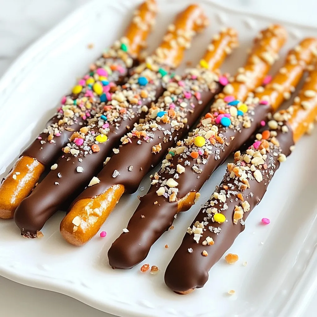 - 12 Brezelstäbchen - 230 g Zartbitter-Schokolade (70% Kakaoanteil oder höher), gehackt - 1 Esslöffel Kokosöl Die Hauptzutaten sind einfach zu finden. Brezelstäbchen bekommst du in jedem Supermarkt. Die Zartbitter-Schokolade sollte einen hohen Kakaoanteil haben. Dies gibt den Brezelstäbchen einen tiefen, reichen Geschmack. Das Kokosöl hilft, die Schokolade geschmeidig zu machen. Es sorgt für einen schönen Glanz, wenn die Schokolade abkühlt. - 120 g gehackte Nüsse (z. B. Mandeln oder Haselnüsse) - 120 g bunte Streusel Für die Toppings kannst du kreativ sein. Gehackte Nüsse geben einen tollen Crunch. Sie passen gut zu der Süße der Schokolade. Bunte Streusel bringen Farbe und Spaß. Sie sind besonders toll für Kinder oder für Feste. Du kannst auch andere Toppings wie Kokosraspel oder kleine Süßigkeiten verwenden. - Meersalz Meersalz ist eine wunderbare Garnierung. Es fügt einen salzigen Kick hinzu. Dieser Kontrast macht die Brezelstäbchen noch leckerer. Streue ein wenig über die Schokolade, bevor sie fest wird. So bekommst du die perfekte Balance von süß und salzig. {{ingredient_image_2}} Um die Schokolade zu schmelzen, gibt es zwei einfache Methoden. Du kannst ein Wasserbad verwenden oder die Mikrowelle. Bei der Wasserbad-Methode solltest du eine hitzebeständige Schüssel über einen Topf mit heißem Wasser stellen. Achte darauf, dass die Schüssel das Wasser nicht berührt. Rühre die gehackte Zartbitterschokolade und das Kokosöl alle 30 Sekunden um, bis sie glatt sind. Wenn du die Mikrowelle nutzt, schmelze die Schokolade in kurzen Intervallen. Rühre auch hier alle 30 Sekunden um, bis sie geschmolzen ist. Bereite deine Dippstation gut vor. Lege ein Backblech mit Backpapier aus. So bleibt die Schokolade nicht kleben. Stell zwei Schüsseln bereit: eine für die gehackten Nüsse und eine für die bunten Streusel. Du kannst auch eine dritte Schüssel für das Meersalz nutzen. So hast du alles griffbereit, wenn es Zeit zum Eintauchen ist. Halte jedes Brezelstäbchen an einem Ende fest. Tauche es in die geschmolzene Schokolade. Achte darauf, dass etwa 2/3 des Stäbchens mit Schokolade bedeckt sind. Lass die überschüssige Schokolade abtropfen, bevor du weiter machst. So bleibt es weniger unordentlich und sieht besser aus. Sobald du ein Brezelstäbchen in die Schokolade getaucht hast, rolle es sofort in die gehackten Nüsse oder die Streusel. So haften die Toppings gut an der noch warmen Schokolade. Du kannst kreativ sein und verschiedene Kombinationen ausprobieren. Vielleicht magst du auch die Mischung von Nüssen und Streuseln. Lass die überzogenen Brezelstäbchen bei Zimmertemperatur für etwa 30 Minuten abkühlen. Wenn du es schneller möchtest, stelle das Backblech für 15 Minuten in den Kühlschrank. Die Schokolade wird fest und die Brezelstäbchen sind bereit zu genießen. Wenn die Schokolade fest ist, richte die Brezelstäbchen auf einer Servierplatte an. Sie sehen toll aus und schmecken fantastisch. Diese Brezelstäbchen sind perfekt für Partys oder als Geschenk. Jeder wird begeistert sein von diesem süßen und salzigen Snack! Um Klumpen zu vermeiden, achte auf die richtige Technik. Wenn du die Schokolade schmilzt, benutze eine hitzebeständige Schüssel. Diese sollte über einem Wasserbad oder in der Mikrowelle stehen. Bei der Mikrowelle schmelze die Schokolade in kurzen Intervallen. Rühre alle 30 Sekunden um. So bleibt die Schokolade glatt und klumpenfrei. Sei kreativ mit den Toppings! Du kannst gehackte Nüsse verwenden. Mandeln oder Haselnüsse sind tolle Optionen. Du kannst auch bunte Streusel nutzen, um mehr Farbe zu bringen. Für einen besonderen Geschmack, probiere Kokosraspeln oder zerbröselte Kekse. Jedes Topping gibt den Brezelstäbchen einen anderen Kick. Für diese Leckerei brauchst du nur ein paar einfache Werkzeuge. Eine hitzebeständige Schüssel ist wichtig. Ein Backblech mit Backpapier ist auch nötig. Nutze kleine Schüsseln für die Toppings. Ein Schokoladenthermometer kann helfen, die Temperatur im Blick zu behalten. Auch eine Gabel oder Zange erleichtern das Eintauchen der Brezelstäbchen in die Schokolade. Pro Tipps Die richtige Schokolade wählen: Verwenden Sie Zartbitterschokolade mit mindestens 70% Kakaoanteil für einen intensiveren Geschmack und eine bessere Schmelzqualität. Kokosöl für die richtige Konsistenz: Das Hinzufügen von Kokosöl zur Schokolade sorgt dafür, dass diese beim Schmelzen geschmeidiger wird und beim Abkühlen schön glänzt. Variationen ausprobieren: Experimentieren Sie mit verschiedenen Toppings wie Karamellstückchen, getrockneten Früchten oder verschiedenen Schokoladensorten für eine persönliche Note. Perfekte Lagerung: Bewahren Sie die Brezelstäbchen in einem luftdichten Behälter auf, um ihre Frische zu erhalten und ein Festkleben zu vermeiden. {{image_4}} Für die süßen Varianten der Schokoladenüberzogenen Brezelstäbchen kannst du verschiedene Schokoladensorten ausprobieren. Du kannst Vollmilchschokolade oder weiße Schokolade verwenden. Diese Optionen bieten einen anderen Geschmack. Du kannst auch zusätzliche Süßigkeiten hinzufügen. Zerstoßene Bonbons oder kleine Schokoladenstückchen sind tolle Ideen. Dies gibt jedem Biss eine neue Überraschung. Für eine herzhafte Note sind spezielle Salze perfekt. Verwende zum Beispiel geräuchertes Meersalz oder Trüffelsalz. Diese Salze bringen eine interessante Tiefe in den Geschmack. Du kannst auch Gewürze nutzen, wie Paprika oder Chili. Diese verleihen den Brezelstäbchen einen tollen Kick. Experimentiere mit verschiedenen Kombinationen, um deinen perfekten Snack zu finden. Für vegane Brezelstäbchen kannst du dunkle Schokolade ohne Milchprodukte verwenden. Achte darauf, dass die Schokolade einen hohen Kakaoanteil hat. Kokosöl ist eine großartige Option, um die Schokolade cremig zu machen. Statt Nüssen kannst du geröstete Kürbiskerne oder Sonnenblumenkerne nutzen. Diese sind ebenso lecker und bieten eine tolle Textur. Vegane Streusel sind ebenfalls leicht zu finden und machen die Brezelstäbchen bunt. Um die Schokoladenüberzogene Brezelstäbchen frisch zu halten, lagern Sie sie in einem luftdichten Behälter. Verwenden Sie eine Plastik- oder Glasbox. Stellen Sie sicher, dass die Brezelstäbchen nicht zerdrückt werden. Wenn Sie mehrere Schichten haben, legen Sie zwischen jede Schicht Backpapier. So bleibt die Schokolade unversehrt. Diese leckeren Brezelstäbchen bleiben bis zu zwei Wochen frisch, wenn Sie sie richtig lagern. Überprüfen Sie regelmäßig auf Anzeichen von Feuchtigkeit oder Schimmel. Wenn die Schokolade trüb aussieht, ist es besser, sie nicht zu essen. Halten Sie die Brezelstäbchen fern von Wärmequellen. Zu viel Hitze kann die Schokolade schmelzen. Am besten bereiten Sie die Brezelstäbchen einen Tag vor einer Feier oder einem besonderen Anlass zu. Sie lassen sich leicht im Voraus machen. Wenn Sie Zeit sparen wollen, schmelzen Sie die Schokolade und bereiten Sie die Toppings am Vortag vor. So können Sie am Tag der Veranstaltung einfach alles zusammenstellen und genießen. Schokoladenüberzogene Brezelstäbchen halten etwa eine Woche. Lagere sie in einem kühlen Raum. Vermeide direkte Sonne und Hitze. So bleiben sie frisch und lecker. Wenn du sie länger aufbewahren möchtest, kannst du sie auch im Kühlschrank lagern. Das macht sie etwas knuspriger. Ja, du kannst verschiedene Schokoladensorten verwenden! Weiße Schokolade, Vollmilchschokolade oder sogar aromatisierte Schokolade sind eine tolle Wahl. Achte darauf, dass du die Schokolade gut schmelzen kannst. Jede Sorte bringt ihren eigenen Geschmack und Stil. Das macht die Brezelstäbchen noch spannender. Die Zutaten findest du in jedem Supermarkt. Brezelstäbchen und Schokolade sind leicht zu finden. Kokosöl und Nüsse gibt es oft im Bio- oder Reformhaus. Bunte Streusel findest du in der Backabteilung. Wenn du spezielle Zutaten suchst, kann ein Online-Shop nützlich sein. Die Brezelstäbchen sind nicht automatisch glutenfrei. Achte darauf, glutenfreie Brezelstäbchen zu kaufen. Viele Marken bieten glutenfreie Optionen an. So kannst du diese leckeren Snacks auch genießen, wenn du Gluten meiden musst. Die beste Schokolade zum Schmelzen hat einen hohen Kakaogehalt. Zartbitter- oder Vollmilchschokolade mit 70% oder mehr ist ideal. Achte auch auf Schokoladenstückchen, die extra für das Schmelzen gemacht sind. Diese schmelzen gleichmäßig und klumpen nicht. In diesem Blogbeitrag haben wir leckere schokoladendekorierte Brezelstäbchen gemacht. Wir haben die wichtigen Zutaten wie Brezelstäbchen, Schokolade und Toppings besprochen. Die Schritt-für-Schritt-Anleitung zeigt dir, wie einfach das Eintauchen und Dekorieren ist. Außerdem haben wir nützliche Tipps für die perfekte Schokolade gegeben. Experimentiere mit verschiedenen Toppings und Varianten. Vertrau auf deine Kreativität. Die Brezelstäbchen sind ein Hit für jeden Anlass. Jetzt liegt die Macht in deinen Händen, um diese Leckerei zu genießen!