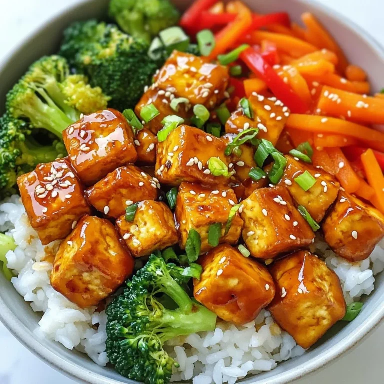 Hier sind die Hauptzutaten, die du für diesen leckeren Crispy Teriyaki Tofu Bowl brauchst: - 1 Block (400 g) fester Tofu, gepresst und gewürfelt - 60 ml Sojasauce (oder Tamari für glutenfrei) - 30 ml Ahornsirup - 15 ml Reisessig - 15 ml Sesamöl - 15 g Maisstärke - 30 ml Pflanzenöl (zum Braten) - 300 g gekochter Jasminreis - 150 g Brokkoliröschen - 1 rote Paprika, in Scheiben geschnitten - 1 Karotte, in feine Streifen geschnitten - 15 g Frühlingszwiebeln, gehackt - 15 g Sesamsamen (optional) Diese Zutaten bieten dir eine tolle Kombination aus Geschmack und Textur. Der Tofu wird knusprig, während das Gemüse frisch und knackig bleibt. Wenn du glutenfrei sein möchtest, kannst du Tamari statt Sojasauce verwenden. Das sorgt für den gleichen herzhaften Geschmack ohne Gluten. Für eine süßere Note, kannst du Honig anstelle von Ahornsirup nutzen. Wenn du keinen Jasminreis hast, verwende einfach Basmatireis oder Quinoa. Außerdem kannst du die Gemüsearten anpassen. Zucchini oder Spinat passen gut in dieser Bowl. Sei kreativ mit dem, was du hast! Dieser Crispy Teriyaki Tofu Bowl ist nicht nur lecker, sondern auch nahrhaft. Tofu ist eine hervorragende Proteinquelle. Er enthält alle neun essenziellen Aminosäuren. Brokkoli und Paprika sind reich an Vitaminen und Antioxidantien. Sie stärken dein Immunsystem. Reis gibt dir die notwendige Energie für den Tag. Ahornsirup bietet eine natürliche Süße, ohne den Zuckergehalt zu stark zu erhöhen. Das Sesamöl bringt gesunde Fette in dein Gericht. Mit diesen Zutaten bekommst du nicht nur ein tolles Essen, sondern auch eine gute Portion Nährstoffe! {{ingredient_image_2}} Zuerst nimmst du den Tofu und legst ihn auf ein Schneidebrett. Schneide ihn in Würfel, die etwa 2,5 cm groß sind. Diese Würfel müssen trocken sein. Nimm Papiertücher und tupfe den Tofu ab, um die Feuchtigkeit zu entfernen. So wird der Tofu später knusprig. Jetzt kommt die Marinade ins Spiel. Lege die Tofuwürfel in eine Schüssel und vermenge sie mit der Hälfte der Marinade. Lass den Tofu mindestens 30 Minuten marinieren. Wende die Würfel nach der Hälfte der Zeit, damit sie gleichmäßigen Geschmack aufnehmen. Die Marinade ist einfach und lecker. In einer kleinen Schüssel mischst du 60 ml Sojasauce, 30 ml Ahornsirup, 15 ml Reisessig und 15 ml Sesamöl. Rühre alles gut um, bis es gleichmäßig vermischt ist. Diese Marinade gibt dem Tofu und dem Gemüse viel Geschmack. Jetzt wird es spannend! Streue die Maisstärke gleichmäßig über den marinierten Tofu und vermenge alles vorsichtig. So wird der Tofu schön knusprig. Erhitze in einer beschichteten Pfanne 30 ml Pflanzenöl bei mittlerer bis hoher Hitze. Füge die Tofuwürfel hinzu und brate sie 7-10 Minuten lang, bis sie goldbraun sind. Nimm sie dann aus der Pfanne. Im gleichen Öl kannst du nun das Gemüse anbraten. Gib Brokkoli, rote Paprika und Karotte in die Pfanne und brate sie für 5-7 Minuten. Das Gemüse soll zart, aber noch farbenfroh sein. Gieße die restliche Marinade über das Gemüse und erhitze es nochmals kurz. Jetzt hast du alles bereit für deine Crispy Teriyaki Tofu Bowl! Um den Tofu knusprig zu bekommen, ist es wichtig, ihn gut zu pressen. Ich empfehle, den Tofu für mindestens 30 Minuten zu pressen. So entfernst du mehr Wasser. Das macht den Tofu fester und hilft ihn, besser zu braten. Schneide den Tofu in gleichmäßige Würfel. Kleinere Stücke werden knuspriger. Wenn du die Würfel nach dem Marinieren mit Maisstärke bestäubst, sorgt das für eine tolle Kruste. Die Marinade ist der Schlüssel zum Geschmack. Mische Sojasauce, Ahornsirup, Reisessig und Sesamöl gut. Lass den Tofu mindestens 30 Minuten marinieren. So nimmt er den vollen Geschmack auf. Wende die Würfel einmal, damit die Marinade gleichmäßig verteilt ist. Du kannst die Marinade auch über Nacht einziehen lassen. Das verstärkt den Geschmack noch mehr. Für eine schöne Präsentation kannst du frische Frühlingszwiebeln und Sesamsamen nutzen. Streue sie über die Bowl, um einen schönen Farbkontrast zu schaffen. Du kannst auch etwas frischen Koriander oder Schnittlauch hinzufügen. Das macht das Gericht noch frischer. Serviere die Bowl in tiefen Schalen. So sieht alles appetitlicher aus und bleibt warm. Pro Tipps Tofu gut pressen: Achten Sie darauf, den Tofu gründlich zu pressen, um überschüssige Feuchtigkeit zu entfernen. Dies hilft, den Tofu knuspriger zu machen. Marinade Zeit geben: Lassen Sie den Tofu mindestens 30 Minuten in der Marinade, um den besten Geschmack zu erzielen. Länger ist besser! Hitze kontrollieren: Braten Sie den Tofu bei mittlerer bis hoher Hitze, um eine gleichmäßige Goldbraunheit zu erreichen, ohne ihn zu verbrennen. Frisches Gemüse verwenden: Nutzen Sie frisches Gemüse für den besten Geschmack und Nährstoffgehalt. Achten Sie darauf, das Gemüse nicht zu lange zu garen, damit es knackig bleibt. {{image_4}} Du kannst den Crispy Teriyaki Tofu Bowl leicht anpassen. Für mehr Textur und Geschmack füge Kichererbsen oder Edamame hinzu. Diese Hülsenfrüchte sind nicht nur vegan, sie liefern auch zusätzliche Proteine. Eine andere Option ist, Seitan für den Tofu zu verwenden. Seitan hat eine fleischartige Konsistenz und passt gut zu Teriyaki-Sauce. Bei der Zubereitung von Tofu kannst du auch auf Tempeh zurückgreifen. Tempeh hat einen nussigen Geschmack und ist sehr nahrhaft. Die Wahl des Gemüses kann deine Bowl aufpeppen. Im Frühling kannst du frische Erbsen oder Spargel verwenden. Im Sommer sind Zucchini und Paprika ideal. Im Herbst bieten sich Kürbis oder Rosenkohl an. Im Winter kannst du Wurzelgemüse wie Karotten oder Rüben verwenden. So bleibt das Gericht frisch und bunt. Achte darauf, die Farben zu kombinieren. Das macht deine Bowl nicht nur lecker, sondern auch schön anzusehen. Die Marinade ist der Schlüssel zu einem großartigen Geschmack. Du kannst sie variieren, indem du verschiedene Zutaten hinzufügst. Zum Beispiel, füge etwas geriebenen Ingwer oder Knoblauch hinzu. Das gibt einen intensiveren Geschmack. Auch die Verwendung von verschiedenen Sojasaucen kann den Geschmack verändern. Probiere Tamari für einen glutenfreien Ansatz oder eine süßere Teriyaki-Sauce. Wenn du es schärfer magst, füge etwas Sriracha oder Chili hinzu. So wird jede Bowl einzigartig und aufregend. Um die Reste deiner Crispy Teriyaki Tofu Bowl frisch zu halten, lege sie in einen luftdichten Behälter. Tofu und Gemüse sollten getrennt aufbewahrt werden. So bleibt der Tofu knusprig und das Gemüse behält seine Textur. Du kannst auch ein Papiertuch in den Behälter legen, um Feuchtigkeit zu absorbieren. So bleibt alles lecker. Wenn du die Reste wieder aufwärmen möchtest, verwende eine Pfanne oder die Mikrowelle. In der Pfanne kannst du etwas Öl hinzufügen und den Tofu bei mittlerer Hitze knusprig braten. Das Gemüse kannst du einfach kurz erhitzen, damit es warm wird. Wenn du die Mikrowelle verwendest, stelle die Leistung auf mittel und erwärme alles in kurzen Intervallen. So bleibt der Geschmack erhalten. Die Reste der Crispy Teriyaki Tofu Bowl halten sich im Kühlschrank etwa 3 bis 4 Tage. Achte darauf, dass der Tofu keine seltsamen Gerüche hat. Wenn er schmierig oder verfärbt ist, solltest du ihn nicht essen. Gemüse sollte frisch und knackig aussehen. Wenn es matschig oder verfärbt ist, ist es besser, es wegzuwerfen. Um Tofu knusprig zu machen, drücke zuerst den Tofu gut. Entferne die überschüssige Feuchtigkeit. Würfle den Tofu in gleich große Stücke. Bestreue die Stücke mit Maisstärke für zusätzlichen Crunch. Brate sie dann in heißem Pflanzenöl. Achte darauf, die Tofuwürfel nicht zu dicht in die Pfanne zu legen. So werden sie gleichmäßig knusprig. Ja, du kannst die Marinade im Voraus zubereiten. Mische einfach Sojasauce, Ahornsirup, Reisessig und Sesamöl in einer Schüssel. Bewahre sie dann in einem luftdichten Behälter im Kühlschrank auf. So sparst du Zeit, wenn du den Crispy Teriyaki Tofu Bowl zubereitest. Ich empfehle, die Marinade mindestens einen Tag vorher zu machen, um den Geschmack zu intensivieren. Zu einem Crispy Teriyaki Tofu Bowl passen viele leckere Zutaten. Hier sind einige Vorschläge: - Gekochter Jasminreis oder Quinoa - Frisches Gemüse wie Spinat oder Gurken - Avocado für Cremigkeit - Nüsse oder Samen für zusätzlichen Crunch - Ein Spritzer frischer Limette für Säure Diese Zutaten bringen Geschmack und Nährstoffe in deine Bowl und machen sie noch besser. Der Crispy Teriyaki Tofu Bowl ist einfach und lecker. Wir haben die besten Zutaten besprochen, um diesen gesunden Genuss zu kreieren. Ich gab Tipps zur Zubereitung und zur perfekten Textur des Tofus. Auch alternative Zutaten und Variationen haben wir behandelt, um jedem Geschmack gerecht zu werden. Lass dich von neuen Ideen inspirieren. Probiere diese Rezepte aus und genieße die gesunden Vorteile. Dein nächster schöner Abend wartet auf dich!