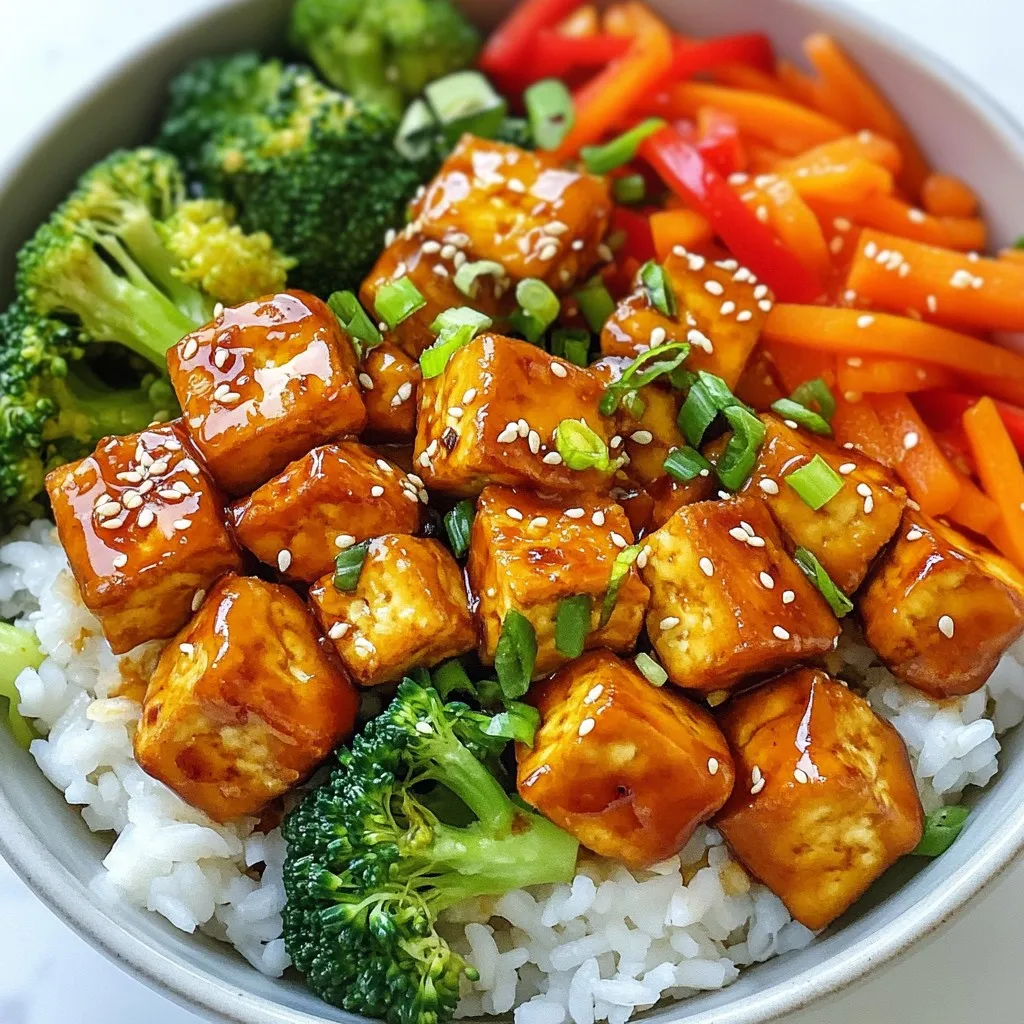 Hier sind die Hauptzutaten, die du für diesen leckeren Crispy Teriyaki Tofu Bowl brauchst: - 1 Block (400 g) fester Tofu, gepresst und gewürfelt - 60 ml Sojasauce (oder Tamari für glutenfrei) - 30 ml Ahornsirup - 15 ml Reisessig - 15 ml Sesamöl - 15 g Maisstärke - 30 ml Pflanzenöl (zum Braten) - 300 g gekochter Jasminreis - 150 g Brokkoliröschen - 1 rote Paprika, in Scheiben geschnitten - 1 Karotte, in feine Streifen geschnitten - 15 g Frühlingszwiebeln, gehackt - 15 g Sesamsamen (optional) Diese Zutaten bieten dir eine tolle Kombination aus Geschmack und Textur. Der Tofu wird knusprig, während das Gemüse frisch und knackig bleibt. Wenn du glutenfrei sein möchtest, kannst du Tamari statt Sojasauce verwenden. Das sorgt für den gleichen herzhaften Geschmack ohne Gluten. Für eine süßere Note, kannst du Honig anstelle von Ahornsirup nutzen. Wenn du keinen Jasminreis hast, verwende einfach Basmatireis oder Quinoa. Außerdem kannst du die Gemüsearten anpassen. Zucchini oder Spinat passen gut in dieser Bowl. Sei kreativ mit dem, was du hast! Dieser Crispy Teriyaki Tofu Bowl ist nicht nur lecker, sondern auch nahrhaft. Tofu ist eine hervorragende Proteinquelle. Er enthält alle neun essenziellen Aminosäuren. Brokkoli und Paprika sind reich an Vitaminen und Antioxidantien. Sie stärken dein Immunsystem. Reis gibt dir die notwendige Energie für den Tag. Ahornsirup bietet eine natürliche Süße, ohne den Zuckergehalt zu stark zu erhöhen. Das Sesamöl bringt gesunde Fette in dein Gericht. Mit diesen Zutaten bekommst du nicht nur ein tolles Essen, sondern auch eine gute Portion Nährstoffe! {{ingredient_image_2}} Zuerst nimmst du den Tofu und legst ihn auf ein Schneidebrett. Schneide ihn in Würfel, die etwa 2,5 cm groß sind. Diese Würfel müssen trocken sein. Nimm Papiertücher und tupfe den Tofu ab, um die Feuchtigkeit zu entfernen. So wird der Tofu später knusprig. Jetzt kommt die Marinade ins Spiel. Lege die Tofuwürfel in eine Schüssel und vermenge sie mit der Hälfte der Marinade. Lass den Tofu mindestens 30 Minuten marinieren. Wende die Würfel nach der Hälfte der Zeit, damit sie gleichmäßigen Geschmack aufnehmen. Die Marinade ist einfach und lecker. In einer kleinen Schüssel mischst du 60 ml Sojasauce, 30 ml Ahornsirup, 15 ml Reisessig und 15 ml Sesamöl. Rühre alles gut um, bis es gleichmäßig vermischt ist. Diese Marinade gibt dem Tofu und dem Gemüse viel Geschmack. Jetzt wird es spannend! Streue die Maisstärke gleichmäßig über den marinierten Tofu und vermenge alles vorsichtig. So wird der Tofu schön knusprig. Erhitze in einer beschichteten Pfanne 30 ml Pflanzenöl bei mittlerer bis hoher Hitze. Füge die Tofuwürfel hinzu und brate sie 7-10 Minuten lang, bis sie goldbraun sind. Nimm sie dann aus der Pfanne. Im gleichen Öl kannst du nun das Gemüse anbraten. Gib Brokkoli, rote Paprika und Karotte in die Pfanne und brate sie für 5-7 Minuten. Das Gemüse soll zart, aber noch farbenfroh sein. Gieße die restliche Marinade über das Gemüse und erhitze es nochmals kurz. Jetzt hast du alles bereit für deine Crispy Teriyaki Tofu Bowl! Um den Tofu knusprig zu bekommen, ist es wichtig, ihn gut zu pressen. Ich empfehle, den Tofu für mindestens 30 Minuten zu pressen. So entfernst du mehr Wasser. Das macht den Tofu fester und hilft ihn, besser zu braten. Schneide den Tofu in gleichmäßige Würfel. Kleinere Stücke werden knuspriger. Wenn du die Würfel nach dem Marinieren mit Maisstärke bestäubst, sorgt das für eine tolle Kruste. Die Marinade ist der Schlüssel zum Geschmack. Mische Sojasauce, Ahornsirup, Reisessig und Sesamöl gut. Lass den Tofu mindestens 30 Minuten marinieren. So nimmt er den vollen Geschmack auf. Wende die Würfel einmal, damit die Marinade gleichmäßig verteilt ist. Du kannst die Marinade auch über Nacht einziehen lassen. Das verstärkt den Geschmack noch mehr. Für eine schöne Präsentation kannst du frische Frühlingszwiebeln und Sesamsamen nutzen. Streue sie über die Bowl, um einen schönen Farbkontrast zu schaffen. Du kannst auch etwas frischen Koriander oder Schnittlauch hinzufügen. Das macht das Gericht noch frischer. Serviere die Bowl in tiefen Schalen. So sieht alles appetitlicher aus und bleibt warm. Pro Tipps Tofu gut pressen: Achten Sie darauf, den Tofu gründlich zu pressen, um überschüssige Feuchtigkeit zu entfernen. Dies hilft, den Tofu knuspriger zu machen. Marinade Zeit geben: Lassen Sie den Tofu mindestens 30 Minuten in der Marinade, um den besten Geschmack zu erzielen. Länger ist besser! Hitze kontrollieren: Braten Sie den Tofu bei mittlerer bis hoher Hitze, um eine gleichmäßige Goldbraunheit zu erreichen, ohne ihn zu verbrennen. Frisches Gemüse verwenden: Nutzen Sie frisches Gemüse für den besten Geschmack und Nährstoffgehalt. Achten Sie darauf, das Gemüse nicht zu lange zu garen, damit es knackig bleibt. {{image_4}} Du kannst den Crispy Teriyaki Tofu Bowl leicht anpassen. Für mehr Textur und Geschmack füge Kichererbsen oder Edamame hinzu. Diese Hülsenfrüchte sind nicht nur vegan, sie liefern auch zusätzliche Proteine. Eine andere Option ist, Seitan für den Tofu zu verwenden. Seitan hat eine fleischartige Konsistenz und passt gut zu Teriyaki-Sauce. Bei der Zubereitung von Tofu kannst du auch auf Tempeh zurückgreifen. Tempeh hat einen nussigen Geschmack und ist sehr nahrhaft. Die Wahl des Gemüses kann deine Bowl aufpeppen. Im Frühling kannst du frische Erbsen oder Spargel verwenden. Im Sommer sind Zucchini und Paprika ideal. Im Herbst bieten sich Kürbis oder Rosenkohl an. Im Winter kannst du Wurzelgemüse wie Karotten oder Rüben verwenden. So bleibt das Gericht frisch und bunt. Achte darauf, die Farben zu kombinieren. Das macht deine Bowl nicht nur lecker, sondern auch schön anzusehen. Die Marinade ist der Schlüssel zu einem großartigen Geschmack. Du kannst sie variieren, indem du verschiedene Zutaten hinzufügst. Zum Beispiel, füge etwas geriebenen Ingwer oder Knoblauch hinzu. Das gibt einen intensiveren Geschmack. Auch die Verwendung von verschiedenen Sojasaucen kann den Geschmack verändern. Probiere Tamari für einen glutenfreien Ansatz oder eine süßere Teriyaki-Sauce. Wenn du es schärfer magst, füge etwas Sriracha oder Chili hinzu. So wird jede Bowl einzigartig und aufregend. Um die Reste deiner Crispy Teriyaki Tofu Bowl frisch zu halten, lege sie in einen luftdichten Behälter. Tofu und Gemüse sollten getrennt aufbewahrt werden. So bleibt der Tofu knusprig und das Gemüse behält seine Textur. Du kannst auch ein Papiertuch in den Behälter legen, um Feuchtigkeit zu absorbieren. So bleibt alles lecker. Wenn du die Reste wieder aufwärmen möchtest, verwende eine Pfanne oder die Mikrowelle. In der Pfanne kannst du etwas Öl hinzufügen und den Tofu bei mittlerer Hitze knusprig braten. Das Gemüse kannst du einfach kurz erhitzen, damit es warm wird. Wenn du die Mikrowelle verwendest, stelle die Leistung auf mittel und erwärme alles in kurzen Intervallen. So bleibt der Geschmack erhalten. Die Reste der Crispy Teriyaki Tofu Bowl halten sich im Kühlschrank etwa 3 bis 4 Tage. Achte darauf, dass der Tofu keine seltsamen Gerüche hat. Wenn er schmierig oder verfärbt ist, solltest du ihn nicht essen. Gemüse sollte frisch und knackig aussehen. Wenn es matschig oder verfärbt ist, ist es besser, es wegzuwerfen. Um Tofu knusprig zu machen, drücke zuerst den Tofu gut. Entferne die überschüssige Feuchtigkeit. Würfle den Tofu in gleich große Stücke. Bestreue die Stücke mit Maisstärke für zusätzlichen Crunch. Brate sie dann in heißem Pflanzenöl. Achte darauf, die Tofuwürfel nicht zu dicht in die Pfanne zu legen. So werden sie gleichmäßig knusprig. Ja, du kannst die Marinade im Voraus zubereiten. Mische einfach Sojasauce, Ahornsirup, Reisessig und Sesamöl in einer Schüssel. Bewahre sie dann in einem luftdichten Behälter im Kühlschrank auf. So sparst du Zeit, wenn du den Crispy Teriyaki Tofu Bowl zubereitest. Ich empfehle, die Marinade mindestens einen Tag vorher zu machen, um den Geschmack zu intensivieren. Zu einem Crispy Teriyaki Tofu Bowl passen viele leckere Zutaten. Hier sind einige Vorschläge: - Gekochter Jasminreis oder Quinoa - Frisches Gemüse wie Spinat oder Gurken - Avocado für Cremigkeit - Nüsse oder Samen für zusätzlichen Crunch - Ein Spritzer frischer Limette für Säure Diese Zutaten bringen Geschmack und Nährstoffe in deine Bowl und machen sie noch besser. Der Crispy Teriyaki Tofu Bowl ist einfach und lecker. Wir haben die besten Zutaten besprochen, um diesen gesunden Genuss zu kreieren. Ich gab Tipps zur Zubereitung und zur perfekten Textur des Tofus. Auch alternative Zutaten und Variationen haben wir behandelt, um jedem Geschmack gerecht zu werden. Lass dich von neuen Ideen inspirieren. Probiere diese Rezepte aus und genieße die gesunden Vorteile. Dein nächster schöner Abend wartet auf dich!