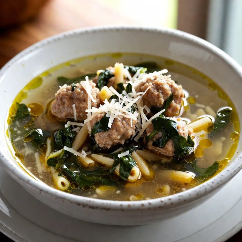 Um die perfekte italienische Hochzeitsuppe zu machen, brauchst du folgende Zutaten: - 1 Tasse kleine Pasta (wie Acini di Pepe oder Orzo) - 450 g gemahlenes Puten- oder Hähnchenfleisch - 1 Tasse frischer Spinat, gehackt - 1 kleine Zwiebel, fein gehackt - 2 Knoblauchzehen, fein gehackt - 2 Karotten, gewürfelt - 1 Selleriestange, gewürfelt - 1 Liter natriumarme Hühnerbrühe - 1 Teelöffel getrockneter Oregano - 1 Teelöffel getrocknetes Basilikum - ¼ Teelöffel rote Pfefferflocken (optional) - ¼ Tasse geriebener Parmesan (plus mehr zum Servieren) - 1 Ei, verquirlt - Salz und schwarzer Pfeffer nach Geschmack - 2 Esslöffel Olivenöl Achte darauf, frisches Gemüse zu wählen. Frischer Spinat bringt viel Geschmack. Du kannst auch gefrorenen Spinat verwenden, wenn du keinen frischen findest. Bei der Pasta solltest du kleine Sorten verwenden. Diese passen gut in die Suppe und kochen schnell. Verwende natriumarme Brühe, um den Salzgehalt zu kontrollieren. Wenn du Gemüse kaufst, suche nach festen, knackigen Karotten und Sellerie. Die Zwiebel sollte fest und ohne Flecken sein. Frischer Spinat hat eine leuchtend grüne Farbe. Vermeide welk oder vergilbt aussehende Blätter. Diese Tipps helfen dir, die besten Zutaten für deine Suppe zu finden. {{ingredient_image_2}} Zuerst mache ich die Fleischbällchen. Ich nehme eine große Schüssel und gebe das gemahlene Puten- oder Hähnchenfleisch hinein. Dann füge ich ein verquirltes Ei, geriebenen Parmesan, gehackten Knoblauch, Oregano, Basilikum, Salz und Pfeffer hinzu. Ich mische alles gut. Danach forme ich kleine Fleischbällchen, etwa 2,5 cm groß. Diese stelle ich beiseite, während ich mit dem Gemüse weitermache. Jetzt erhitze ich in einem großen Topf 2 Esslöffel Olivenöl bei mittlerer Hitze. Ich gebe die fein gehackte Zwiebel, gewürfelte Karotten und Sellerie dazu. Ich brate das Gemüse für etwa 5-6 Minuten. Es soll weich werden und die Zwiebel muss durchscheinend sein. Das gibt einen tollen Geschmack für die Suppe. Ich gieße 1 Liter natriumarme Hühnerbrühe in den Topf und bringe sie zum Kochen. Wenn die Brühe kocht, gebe ich die Fleischbällchen vorsichtig hinein. Dann lasse ich die Suppe etwa 15 Minuten köcheln. Ich rühre gelegentlich um, damit alles gleichmäßig gart. Nach 15 Minuten füge ich die kleine Pasta und den gehackten Spinat hinzu. Ich koche die Suppe weitere 8-10 Minuten. So wird die Pasta al dente. Jetzt kann ich bei Bedarf rote Pfefferflocken für etwas Schärfe hinzufügen. Um die perfekten Fleischbällchen zu machen, mischen Sie das gemahlene Puten- oder Hähnchenfleisch mit den richtigen Zutaten. Verwenden Sie frischen Parmesan für mehr Geschmack. Achten Sie darauf, das Ei gut einzuarbeiten. Es hilft, die Bällchen zusammenzuhalten. Formen Sie die Bällchen gleichmäßig, etwa 2,5 cm groß. So garen sie gleichmäßig in der Suppe. Die Gewürze sind der Schlüssel zu einem guten Geschmack. Passen Sie die Menge an Oregano und Basilikum nach Ihrem Geschmack an. Wenn Sie es schärfer mögen, fügen Sie mehr rote Pfefferflocken hinzu. Salz und Pfeffer sollten nicht fehlen. Probieren Sie die Brühe vor dem Servieren, um sicherzustellen, dass sie gut gewürzt ist. So wird Ihre Suppe noch besser. Es gibt viele Wege, die Suppe zu verfeinern. Fügen Sie frischen Spinat erst kurz vor dem Servieren hinzu. So bleibt er schön grün und knackig. Für mehr Textur können Sie auch klein geschnittene Zucchini oder Bohnen hinzufügen. Ein Spritzer Zitronensaft bringt frische Aromen in die Suppe. Garnieren Sie die Suppe mit frischen Kräutern oder mehr Parmesan für eine einladende Optik. Pro Tipps Fleischbällchen kühlen: Lassen Sie die geformten Fleischbällchen vor dem Kochen kurz im Kühlschrank ruhen, damit sie beim Garen ihre Form behalten. Gemüse variieren: Fühlen Sie sich frei, das Gemüse anzupassen! Zucchini, Erbsen oder Paprika können ebenfalls großartige Ergänzungen sein. Brühe intensivieren: Verwenden Sie selbstgemachte Hühnerbrühe für einen reichhaltigeren Geschmack oder fügen Sie einen Schuss Weißwein hinzu, bevor Sie die Brühe eingießen. Serviertemperatur: Servieren Sie die Suppe heiß, um den besten Geschmack und die beste Textur zu erzielen. Ein wenig frischer Zitronensaft kann zusätzliches Aroma hinzufügen. {{image_4}} Um eine vegetarische Hochzeitsuppe zu machen, ersetze das Fleisch. Nutze stattdessen Kichererbsen oder Linsen. Diese bieten eine tolle Proteinquelle. Verwende auch Gemüsebrühe anstelle von Hühnerbrühe. Du kannst die gleichen Gewürze nutzen. So bleibt der Geschmack der Suppe unverändert. Das Hinzufügen von mehr Spinat oder anderen Blattgemüsen macht die Suppe noch nahrhafter. Für eine glutenfreie Variante wähle glutenfreie Pasta. Achte darauf, dass die Brühe keine Glutenbestandteile hat. Du kannst auch Quinoa oder Reis verwenden. Diese Optionen geben der Suppe einen einzigartigen Geschmack. Sie sind ebenso sättigend. Überprüfe alle Zutaten, um sicherzustellen, dass sie glutenfrei sind. Um die Suppe zu erweitern, füge Bohnen oder Zucchini hinzu. Bohnen bringen zusätzliche Ballaststoffe. Zucchini sorgt für eine frische Note. Schneide die Zucchini in kleine Würfel. Gib sie zusammen mit dem Gemüse in den Topf. Diese Zutaten machen die Suppe reichhaltiger und bunter. Experimentiere mit verschiedenen Gemüsesorten für neue Geschmäcker. Um die italienische Hochzeitsuppe gut zu lagern, lassen Sie sie zuerst abkühlen. Gießen Sie die Suppe in einen luftdichten Behälter. Stellen Sie sicher, dass der Behälter sauber und trocken ist. So bleibt die Suppe frisch und lecker. Achten Sie darauf, die Suppe innerhalb von zwei Stunden nach dem Kochen zu lagern. Stellen Sie den Behälter in den Kühlschrank. So bleibt sie lange haltbar. Wenn Sie die Suppe länger aufbewahren möchten, können Sie sie auch einfrieren. Füllen Sie die Suppe in gefriergeeignete Behälter. Lassen Sie dabei etwas Platz, da die Suppe beim Einfrieren expandiert. Die Suppe hält sich bis zu drei Monate im Gefrierfach. Zum Wiederaufwärmen nehmen Sie die Suppe aus dem Gefrierfach. Lassen Sie sie im Kühlschrank über Nacht auftauen. Dann können Sie sie langsam auf dem Herd oder in der Mikrowelle erhitzen. Vergessen Sie nicht, die Suppe gut umzurühren. Im Kühlschrank bleibt die italienische Hochzeitsuppe etwa drei bis vier Tage frisch. Achten Sie darauf, dass der Kühlschrank bei unter 4 Grad Celsius ist. Überprüfen Sie immer den Geruch und das Aussehen der Suppe, bevor Sie sie essen. Wenn etwas nicht stimmt, entsorgen Sie die Suppe lieber. So bleiben Sie gesund und sicher. Die italienische Hochzeitsuppe hat ihren Ursprung in Italien. Sie stammt aus der Region Campania. Der Name kommt von der Tradition, sie bei Hochzeiten zu servieren. Die Suppe vereint Fleischbällchen, Gemüse und Pasta. Diese Kombination macht sie herzhaft und nahrhaft. Viele Familien haben ihre eigene Version der Suppe. Das zeigt die Vielfalt und Kreativität in der italienischen Küche. Um die Suppe cremiger zu machen, können Sie Sahne oder Milch hinzufügen. Geben Sie diese Zutaten einfach nach dem Kochen der Brühe hinzu. Eine andere Methode ist, etwas mehr geriebenen Parmesan zu verwenden. Dieser Käse schmilzt und gibt der Suppe eine schöne Cremigkeit. Wenn Sie eine pürierte Konsistenz mögen, können Sie auch einen Teil der Suppe pürieren. Das gibt der gesamten Suppe eine samtige Textur. Ja, Sie können andere Fleischsorten verwenden. Rindfleisch oder Schweinefleisch sind gute Alternativen. Diese Fleischsorten geben der Suppe einen anderen Geschmack. Sie können auch Wurst verwenden, um mehr Würze hinzuzufügen. Achten Sie darauf, das Fleisch gut abzuwiegen, damit die Fleischbällchen die richtige Größe haben. Experimentieren Sie mit verschiedenen Kombinationen, um Ihre perfekte Suppe zu finden. In diesem Artikel habe ich die Zutaten und die Zubereitung der italienischen Hochzeitsuppe behandelt. Wir haben die frischen Produkte und spezielle Zutaten besprochen. Ich habe auch Tipps geteilt, um perfekte Fleischbällchen zu machen. Außerdem fandest du verschiedene Variationen für alle Essvorlieben. Denk daran, die Suppe richtig zu lagern und aufzubewahren, damit sie lange frisch bleibt. Mit diesen Tipps kannst du deine eigene leckere Suppe zaubern. Lass deiner Kreativität freien Lauf und genieße jede Portion!
