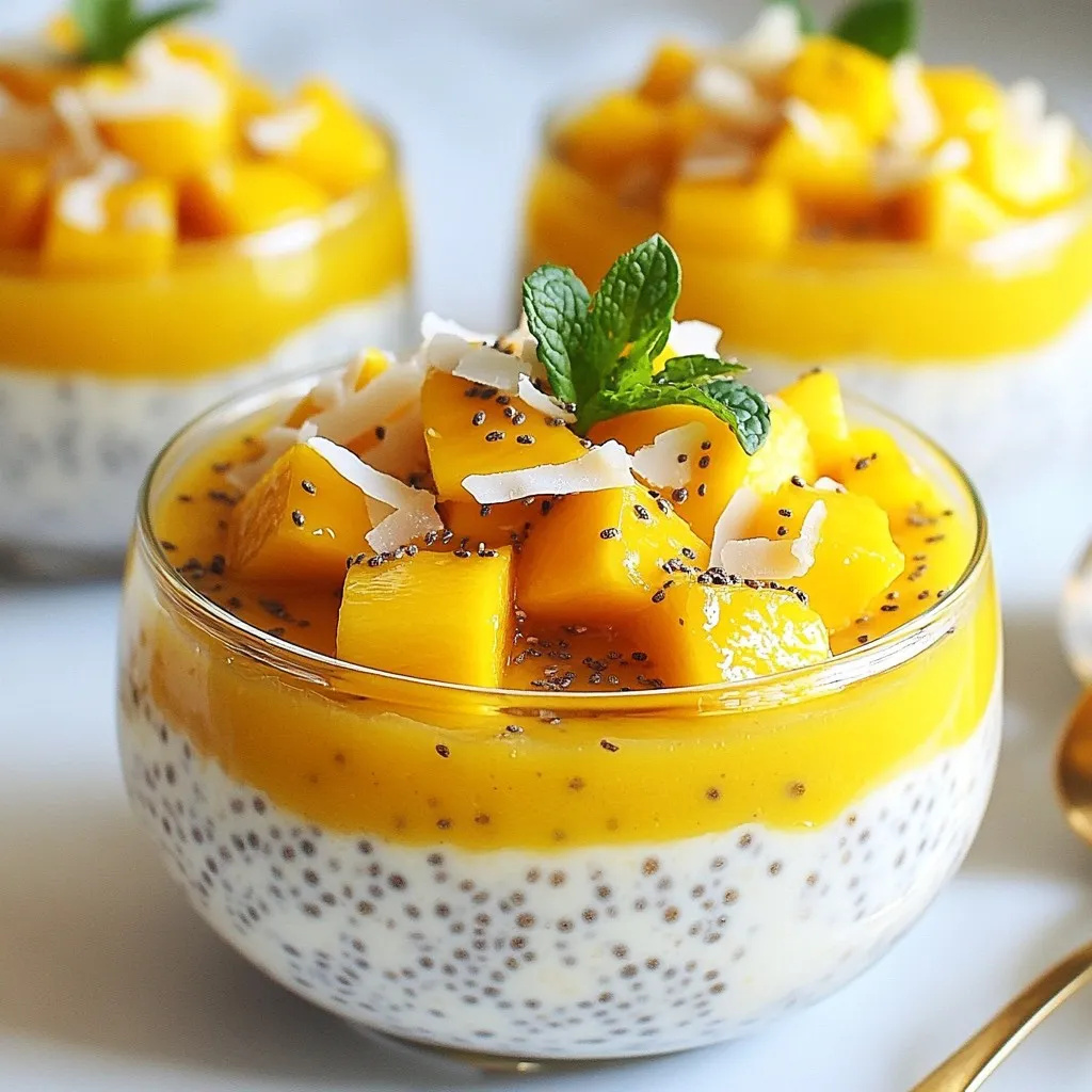 Die Hauptzutaten für dieses köstliche Rezept sind einfach und leicht zu finden: - 1 Tasse Kokosmilch - 1/2 Tasse Mandelnmilch - 1/4 Tasse Chiasamen - 2 Esslöffel Ahornsirup - 1 reife Mango, gewürfelt - 1/4 Teelöffel Vanilleextrakt - Eine Prise Salz - Geröstete Kokosraspeln für die Garnitur Diese Zutaten sorgen für einen feinen Geschmack und eine tolle Textur. Die Maßeinheiten sind wichtig für den Erfolg. Ich empfehle, eine Tasse als Standardmaß zu verwenden. Wenn Sie keine Mandelnmilch haben, können Sie jede andere Milch verwenden. Auch Hafermilch oder Sojamilch sind gute Alternativen. Für die Süße können Sie Honig statt Ahornsirup nutzen. Chiasamen sind der Star dieses Rezepts. Sie sind reich an Omega-3-Fettsäuren, Ballaststoffen und Proteinen. Diese Nährstoffe unterstützen die Verdauung und halten Sie lange satt. Kokosmilch enthält gesunde Fette, die gut für das Herz sind. Mango bringt nicht nur einen süßen Geschmack, sondern auch Vitamin C und Antioxidantien. Diese Nährstoffe stärken Ihr Immunsystem und fördern die Hautgesundheit. {{ingredient_image_2}} Für den Mango Coconut Chia Pudding beginne ich mit einer großen Schüssel. Ich gebe die Kokosmilch, Mandelnmilch, Ahornsirup, Vanilleextrakt und eine Prise Salz hinein. Dann rühre ich die Mischung gut mit einem Schneebesen. Es ist wichtig, dass alles gleichmäßig vermischt ist. Während ich rühre, streue ich langsam die Chiasamen ein. Dies hilft, Klumpen zu vermeiden. Wenn die Mischung gut kombiniert ist, decke ich die Schüssel ab und stelle sie in den Kühlschrank. Die Kühlzeit ist entscheidend. Die Chiasamen müssen Zeit haben, um die Flüssigkeit aufzunehmen. Ich lasse die Mischung mindestens vier Stunden oder über Nacht stehen. Dadurch wird der Pudding dick und cremig. Nach der Kühlzeit rühre ich die Mischung erneut um. So verteile ich die Chiasamen gleichmäßig. Ein gut gekühlter Pudding hat die perfekte Konsistenz. Jetzt kommt der spaßige Teil: das Schichten! Ich nehme Serviergläser oder Schalen. Zuerst gebe ich einen Löffel Chia-Pudding hinein. Dann füge ich eine Schicht gewürfelte Mango hinzu. Ich wiederhole dies mit einer weiteren Schicht Chia-Pudding. Am Ende toppe ich das Dessert mit mehr gewürfelter Mango. Für den Crunch streue ich geröstete Kokosraspeln obendrauf. Es sieht nicht nur schön aus, sondern schmeckt auch großartig! Um Klumpen zu verhindern, rühren Sie die Chiasamen langsam in die Flüssigkeit. Geben Sie sie nach und nach hinzu, während Sie die Mischung gut umrühren. So verteilt sich der Samen gleichmäßig. Lassen Sie die Mischung dann für mindestens vier Stunden oder über Nacht im Kühlschrank. Dies hilft den Samen, die Flüssigkeit aufzunehmen und gleichmäßig zu quellen. Sie können die Zutaten nach Ihrem Geschmack anpassen. Statt Mandelnmilch können Sie auch Hafermilch oder Sojamilch verwenden. Wenn Sie es süßer mögen, erhöhen Sie die Menge an Ahornsirup oder Honig. Für eine fruchtigere Note fügen Sie andere Früchte wie Erdbeeren oder Heidelbeeren hinzu. Seien Sie kreativ und finden Sie Ihre perfekte Kombination! Garnierungen machen das Dessert noch besser. Streuen Sie geröstete Kokosraspeln oben drauf für einen knusprigen Biss. Frische Minzblätter bringen Farbe und ein frisches Aroma. Sie können auch einen Spritzer Limettensaft für einen zusätzlichen Kick verwenden. Experimentieren Sie mit verschiedenen Garnierungen, um das Beste aus Ihrem Mango Coconut Chia Pudding herauszuholen! Pro Tipps Verwenden Sie frische Mangos: Frische, reife Mangos sorgen für den besten Geschmack und die beste Textur. Achten Sie darauf, dass die Mango beim Kauf leicht nachgibt, um ihre Reife zu überprüfen. Kokosmilch variieren: Experimentieren Sie mit verschiedenen Marken oder Arten von Kokosmilch, um den gewünschten Geschmack und die Konsistenz zu erzielen. Vollfette Kokosmilch sorgt für einen besonders cremigen Pudding. Chiasamen richtig einweichen: Um Klumpenbildung zu vermeiden, streuen Sie die Chiasamen langsam in die Flüssigkeit, während Sie rühren. Dies sorgt für eine gleichmäßige Verteilung und eine glatte Textur. Garnierungen anpassen: Fügen Sie je nach Vorliebe verschiedene Toppings hinzu, wie Nüsse, Beeren oder Joghurt, um dem Pudding zusätzliche Aromen und Texturen zu verleihen. {{image_4}} Du kannst diesen Pudding vegan zubereiten. Die Hauptzutaten sind bereits pflanzlich. Verwende einfach Kokosmilch und Mandelmilch. Beide sind tolle Alternativen zu tierischen Milchsorten. Du kannst auch Dattelsirup anstelle von Ahornsirup nutzen. Dattelsirup bringt eine natürliche Süße. So bleibt dein Pudding rein pflanzlich und lecker. Wenn du auf Zucker verzichten möchtest, gibt es tolle Optionen. Verwende zum Beispiel Erythrit oder Stevia. Diese Süßstoffe haben null Kalorien. Sie schmecken süß, ohne Zucker zu enthalten. Beachte aber, dass sie manchmal einen anderen Geschmack haben. Teste zuerst, um die richtige Menge zu finden. Dein Pudding wird trotzdem cremig und gesund sein. Mango ist großartig, aber du kannst auch andere Früchte nutzen. Probiere Erdbeeren, Himbeeren oder Kiwi aus. Jede Frucht gibt dem Pudding einen neuen Geschmack. Du kannst die Früchte pürieren oder in kleine Stücke schneiden. Mische die Früchte in die Chia-Mischung oder schichte sie abwechselnd. So bleibt dein Pudding immer spannend und lecker. Um Mango Coconut Chia Pudding frisch zu halten, lagern Sie ihn im Kühlschrank. Verwenden Sie einen luftdichten Behälter. So bleibt der Pudding lecker und die Chiasamen bleiben weich. Vermeiden Sie es, den Pudding der Luft auszusetzen. Das schützt vor Trockenheit und Verklumpen. Im Kühlschrank bleibt der Pudding bis zu fünf Tage haltbar. Nach drei Tagen kann der Geschmack nachlassen. Überprüfen Sie den Pudding vor dem Essen auf einen seltsamen Geruch oder Aussehen. Wenn alles gut aussieht, genießen Sie ihn weiterhin. Für längere Lagerung können Sie den Pudding einfrieren. Teilen Sie ihn in Portionen auf und verwenden Sie gefrierfeste Behälter. Lassen Sie dabei etwas Raum, da der Pudding beim Einfrieren expandiert. Zum Auftauen, legen Sie ihn über Nacht in den Kühlschrank. Rühren Sie ihn gut um, bevor Sie ihn servieren. Es dauert etwa 4 Stunden, bis die Chiasamen quellen. Ich empfehle, sie über Nacht im Kühlschrank zu lassen. So werden sie schön dick und cremig. Wenn du es eilig hast, lass sie mindestens 30 Minuten quellen. Das reicht oft auch für einen guten Pudding. Ja, du kannst andere Milchalternativen verwenden. Mandelmilch, Sojamilch oder Hafermilch sind tolle Optionen. Jede Milch hat ihren eigenen Geschmack. Probier aus, was dir am besten gefällt. Du kannst auch eine Mischung aus verschiedenen Milchsorten verwenden. Das gibt dem Pudding einen neuen Twist. Chiasamen sind wahre Nährstoffbomben. Sie sind reich an Ballaststoffen, die gut für die Verdauung sind. Außerdem enthalten sie Omega-3-Fettsäuren, die gut für das Herz sind. Chiasamen sind auch eine gute Proteinquelle. Sie helfen dir, länger satt zu bleiben. Das macht sie ideal für gesunde Snacks wie unseren Mango Coconut Chia Pudding. In diesem Artikel haben wir alles über Mango Coconut Chia Pudding besprochen. Wir haben die Zutaten und deren Vorteile erläutert. Die Schritt-für-Schritt-Anleitung macht die Zubereitung einfach. Tipps verhindern Klumpen und verfeinern den Geschmack. Variationen bieten für jeden etwas. Nutzen Sie die Lagerinformationen für optimale Frische. Denken Sie daran, dass dieser Pudding gesund ist und viele Möglichkeiten bietet. Probieren Sie es aus und genießen Sie die Vorteile für Ihre Gesundheit.