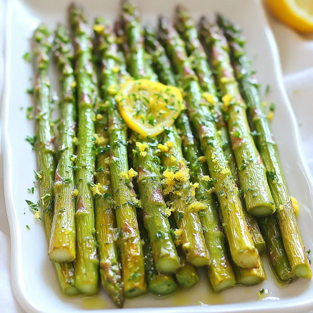 Für dieses einfache Rezept brauchen Sie: - 450 g frischer Spargel, geputzt - 3 Esslöffel Olivenöl - 4 Knoblauchzehen, gehackt - Abrieb von 1 Zitrone - Saft von 1 Zitrone - 1 Teelöffel Salz - ½ Teelöffel schwarzer Pfeffer Diese Zutaten bilden die Basis für den Geschmack. Der frische Spargel bringt eine knackige Textur. Das Olivenöl sorgt für ein leichtes Rösten. Knoblauch und Zitrone fügen einen herrlichen, frischen Geschmack hinzu. Wenn Sie mehr Tiefe im Geschmack wollen, können Sie hinzufügen: - 2 Esslöffel frisch geriebener Parmesan (optional) Der Parmesan bringt eine cremige Note und eine schöne Salzigkeit. Es ist eine tolle Ergänzung, die das Gericht abrundet. Zum Servieren empfehle ich: - Frische Petersilie, gehackt Die Petersilie sorgt für Farbe und einen frischen Kick. Sie verleiht dem Gericht einen schönen, lebhaften Look. Servieren Sie den Spargel auf einem stilvollen Teller. Ein zusätzlicher Spritzer Zitronensaft macht es perfekt. {{ingredient_image_2}} Heize deinen Ofen auf 220°C vor. Bereite den Spargel vor, indem du die Enden abschneidest. Wasche ihn gut unter kaltem Wasser. In einer großen Schüssel kombinierst du den Spargel mit dem Olivenöl, dem gehackten Knoblauch, dem Zitronenabrieb, dem Zitronensaft, dem Salz und dem schwarzen Pfeffer. Mische alles gut, bis der Spargel gleichmäßig bedeckt ist. Gib den gewürzten Spargel auf ein Backblech, das mit Backpapier ausgelegt ist. Achte darauf, dass der Spargel in einer einzigen Schicht liegt. Das hilft, dass er gleichmäßig röstet. Wenn du Parmesan magst, kannst du ihn in den letzten zwei Minuten auf den Spargel streuen. Röste den Spargel 12 bis 15 Minuten im Ofen. Er sollte zart sein und leicht karamellisiert aussehen. Du kannst testen, ob er fertig ist, indem du leicht darauf drückst. Wenn er nachgibt, ist er perfekt. Nach dem Rösten nimm das Blech heraus und garniere den Spargel mit frischer Petersilie. Serviere ihn warm und genieße den frischen Geschmack! Um perfekten Spargel zu bekommen, wählen Sie frische Stangen. Sie sollten fest und knackig sein. Achten Sie darauf, die holzigen Enden abzuschneiden. So schmeckt der Spargel zart und lecker. Rösten Sie ihn bei 220°C für die beste Textur. Überprüfen Sie nach 12 Minuten, ob er zart ist. Wenn er leicht nachgibt, ist er bereit. Variieren Sie die Aromen, indem Sie andere Kräuter hinzufügen. Rosmarin oder Thymian passen gut zu Spargel. Für mehr Schärfe können Sie etwas rote Paprika oder Chili verwenden. Auch ein Spritzer Balsamico-Essig kann den Geschmack vertiefen. Experimentieren Sie mit verschiedenen Käsesorten. Feta oder Ziegenkäse geben eine tolle Note. Präsentieren Sie den Spargel auf einem schönen Teller. Ein zusätzlicher Spritzer Zitronensaft bringt Frische. Für besondere Anlässe kombinieren Sie den Spargel mit Lachs oder Hähnchen. Ein einfacher grüner Salat dazu rundet das Essen ab. Garnieren Sie mit frischer Petersilie für einen Farbtupfer. So wird Ihr Gericht zum Hingucker! Pro Tipps Frische Zutaten verwenden: Für das beste Aroma und den besten Geschmack sollten Sie frischen Spargel und frische Zitronen verwenden. Die richtige Röstzeit: Überwachen Sie den Spargel während des Röstens, um sicherzustellen, dass er zart bleibt und nicht übergart wird. Variationen ausprobieren: Fügen Sie andere Gewürze oder Kräuter hinzu, wie z.B. Thymian oder Rosmarin, um dem Gericht eine zusätzliche Geschmacksdimension zu verleihen. Parmesan gleichmäßig verteilen: Streuen Sie den Parmesan gleichmäßig über den Spargel, um sicherzustellen, dass jeder Biss den köstlichen Geschmack hat. {{image_4}} Wenn Sie Abwechslung mögen, fügen Sie anderen Gemüse hinzu. Sie können zum Beispiel Brokkoli, Karotten oder Paprika verwenden. Diese Gemüse passen gut zu Spargel. Sie bringen zusätzliche Farben und Texturen. Bereiten Sie sie wie den Spargel vor. Mischen Sie sie mit Olivenöl und Gewürzen. Rösten Sie alles zusammen im Ofen. So haben Sie ein buntes und gesundes Gericht. Dieses Rezept ist leicht anpassbar. Um es glutenfrei zu machen, verwenden Sie einfach frische Zutaten. Achten Sie darauf, dass die Gewürze glutenfrei sind. Für eine vegane Variante können Sie den Parmesan weglassen. Stattdessen können Sie Nusskäse verwenden. Dieser verleiht dem Gericht einen tollen Geschmack. Auch Hefeflocken sind eine gute Wahl für einen käsigen Geschmack. Käse kann viel zur Geschmacksvielfalt beitragen. Probieren Sie Feta, Ziegenkäse oder sogar Gouda. Diese Käsesorten sorgen für eine neue Note. Sie können auch frische Kräuter ausprobieren. Thymian, Rosmarin oder Oregano passen perfekt. Streuen Sie die Kräuter über den Spargel vor dem Rösten. So entfalten sie ihr Aroma und machen das Gericht noch schmackhafter. Um Reste von Zitronen-Knoblauch geröstetem Spargel frisch zu halten, nutzen Sie einen luftdichten Behälter. Lassen Sie den Spargel zuerst auf Raumtemperatur abkühlen. Legen Sie dann die Reste vorsichtig hinein. So bleibt der Spargel zart und lecker. Für das Wiederaufwärmen empfehle ich, den Spargel im Ofen erneut zu erhitzen. Heizen Sie den Ofen auf 180°C vor. Legen Sie den Spargel auf ein Backblech und decken Sie ihn mit Aluminiumfolie ab. So bleibt er saftig. Erwärmen Sie den Spargel für etwa 10 Minuten, bis er warm ist. Im Kühlschrank bleibt der geröstete Spargel etwa 3 bis 4 Tage frisch. Achten Sie darauf, den Behälter gut zu verschließen. So vermeiden Sie, dass der Spargel austrocknet oder Gerüche aufnimmt. Wenn Sie den Spargel länger aufbewahren möchten, können Sie ihn auch einfrieren. Der Spargel muss 12 bis 15 Minuten im Ofen rösten. Ich empfehle, ihn bei 220°C (425°F) zu rösten. Der Spargel ist fertig, wenn er zart und leicht karamellisiert ist. Drücken Sie vorsichtig mit einer Gabel darauf. Wenn er nachgibt, ist er perfekt! Das Rösten bringt die Aromen gut zur Geltung. Ja, gefrorener Spargel kann verwendet werden. Allerdings ist frischer Spargel am besten. Wenn Sie gefrorenen Spargel nutzen, sollten Sie ihn zuerst auftauen. Dann tupfen Sie ihn trocken, damit er beim Rösten nicht zu viel Wasser abgibt. Dies hilft, eine schöne Textur zu erhalten. Zitronen-Knoblauch gerösteter Spargel passt gut zu vielen Gerichten. Er harmoniert hervorragend mit gegrilltem Hähnchen oder Fisch. Auch ein frischer Salat ergänzt das Gericht gut. Servieren Sie ihn als Beilage zu Pasta oder Reis. Ein Spritzer zusätzlicher Zitronensaft bringt noch mehr Frische! Zitronen-Knoblauch gerösteter Spargel ist einfach und lecker. Wir haben die Zutaten und die Schritte für die Zubereitung durchgegangen. Die Tipps helfen, den Spargel perfekt zu machen. Denk an Variationen mit anderem Gemüse oder Käse, um Abwechslung zu schaffen. Bewahre Reste gut auf, damit sie frisch bleiben. Mit den beantworteten Fragen hast du nun alles, was du brauchst, um diesen Genuss zu erleben! Viel Spaß beim Kochen und Servieren!