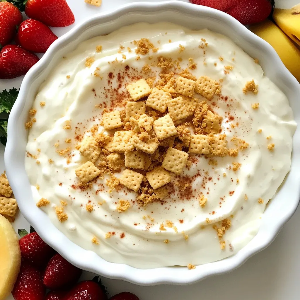 Für den RumChata Cheesecake Dip braucht man einige wichtige Zutaten. Diese sind: - 1 Tasse Frischkäse, weich (Raumtemperatur) - 1/2 Tasse Puderzucker - 1/4 Tasse saure Sahne - 1/2 Tasse Schlagsahne - 2 Teelöffel Vanilleextrakt - 1/2 Teelöffel gemahlener Zimt - 1/2 Tasse zerbröselte Graham-Cracker - 1/4 Tasse Mini-Schokoladenstückchen (optional) - Frische Früchte und Graham-Cracker zum Dippen Der Frischkäse ist die Basis. Er gibt die cremige Textur. Puderzucker sorgt für die Süße. Saure Sahne macht den Dip leicht und frisch. Schlagsahne bringt Luftigkeit hinein. Vanilleextrakt und Zimt geben den besonderen Geschmack. Es gibt viele Wege, diesen Dip zu variieren. Zum Beispiel kann man die Mini-Schokoladenstückchen hinzufügen. Sie geben einen süßen Crunch. Man kann auch andere Aromen ausprobieren. Zum Beispiel kann man Kakaopulver für einen schokoladigen Geschmack nutzen. Oder man fügt etwas Fruchtpüree hinzu, um Frische zu bringen. Beim Einkaufen sollten die Zutaten frisch sein. Achten Sie beim Frischkäse darauf, dass er weich ist. Dies hilft, eine glatte Mischung zu erzielen. Wählen Sie hochwertigen Puderzucker, um einen feinen Geschmack zu haben. Die Schlagsahne sollte frisch und ungesüßt sein. So bleibt der Dip nicht zu süß. Wenn Sie Früchte wählen, sind Erdbeeren und Äpfel ideal. Sie passen gut zum Dip und sorgen für einen schönen Kontrast. {{ingredient_image_2}} Um den RumChata Cheesecake Dip zu machen, beginne mit 1 Tasse weichem Frischkäse. Du kannst ihn einfach aus dem Kühlschrank nehmen und ihn in eine mittelgroße Schüssel geben. Füge 1/2 Tasse Puderzucker hinzu. Mit einem elektrischen Mixer schlage die Mischung gut durch, bis sie glatt ist. Diese Basis gibt dem Dip seine cremige Textur. Jetzt ist es Zeit, den Geschmack hinzuzufügen. Gib 1/4 Tasse saure Sahne, 2 Teelöffel Vanilleextrakt und 1/2 Teelöffel gemahlenen Zimt in die Schüssel. Schlage alles zusammen, bis die Mischung luftig und gut vermischt ist. In einer separaten Schüssel schlage 1/2 Tasse Schlagsahne, bis weiche Spitzen entstehen. Hebe die geschlagene Sahne vorsichtig unter die Frischkäsemischung. Das sorgt für eine leichte und luftige Konsistenz. Rühre 1/2 Tasse zerbröselte Graham-Cracker in die Mischung ein. Wenn du magst, füge 1/4 Tasse Mini-Schokoladenstückchen hinzu. Das gibt dem Dip eine süße Note. Fülle den Dip in eine schöne Servierschüssel. Decke ihn mit Frischhaltefolie ab und stelle ihn mindestens 30 Minuten in den Kühlschrank. So entfalten sich die Aromen richtig. Serviere den Dip gut gekühlt mit frischen Früchten und Graham-Crackern zum Dippen. Um die beste Textur zu erreichen, beginne mit weichem Frischkäse. Lass ihn etwa 30 Minuten bei Raumtemperatur stehen. Dadurch wird er einfacher zu mischen. Schlage den Frischkäse gut mit dem Puderzucker. Achte darauf, dass keine Klumpen bleiben. Wenn du die saure Sahne und den Vanilleextrakt hinzufügst, mische sie gründlich. Die Schlagsahne sollte in einer separaten Schüssel geschlagen werden. Sie sollte weiche Spitzen bilden. Füge die geschlagene Sahne vorsichtig hinzu. Heben ist der Schlüssel, um die Luftigkeit zu bewahren. Du kannst den Dip leicht anpassen. Wenn du es fruchtig magst, füge pürierte Früchte wie Erdbeeren hinzu. Für mehr Schokolade, mische dunkle Schokoladenstückchen ein. Magst du es würzig? Erhöhe die Menge an Zimt oder füge etwas Muskatnuss hinzu. Jeder hat andere Vorlieben. Probiere verschiedene Varianten, um deinen perfekten Dip zu finden. Die Präsentation macht viel aus. Serviere den Dip in einer schönen Schüssel. Garniere ihn mit einer Prise Zimt oder ein paar Schokoladenstückchen. Das sieht nicht nur gut aus, sondern schmeckt auch besser. Stelle frische Früchte wie Erdbeeren und Äpfel bereit. Graham-Cracker sind auch ideal zum Dippen. So wird dein Dip zu einem echten Hingucker auf jeder Feier. Pro Tipps Frischkäse richtig wählen: Achten Sie darauf, dass der Frischkäse Raumtemperatur hat, damit er sich leichter und gleichmäßiger vermischen lässt. Variationen hinzufügen: Experimentieren Sie mit verschiedenen Aromen wie Karamell oder Schokoladensirup, um dem Dip eine persönliche Note zu verleihen. Graham-Cracker-Konsistenz: Für einen knusprigeren Dip können Sie die Graham-Cracker vor dem Einrühren leicht rösten. Kühlen für beste Ergebnisse: Lassen Sie den Dip nach der Zubereitung mindestens 30 Minuten im Kühlschrank ruhen, damit sich die Aromen gut entfalten können. {{image_4}} Um einen schokoladigen Twist zu bekommen, füge einfach 1/4 Tasse Kakao-Pulver hinzu. Das gibt dem Dip eine reichhaltige, schokoladige Note. Du kannst auch die Mini-Schokoladenstückchen verwenden. Sie bringen zusätzliche Süße und machen den Dip noch leckerer. Mische alles gut, damit der Schokoladengeschmack gleichmäßig verteilt ist. Diese Variante passt perfekt zu Graham-Crackern und frischen Beeren. Um den Dip fruchtig zu machen, füge pürierte Früchte hinzu. Erdbeeren, Himbeeren oder Bananen sind großartige Optionen. Du kannst etwa 1/2 Tasse pürierte Früchte einrühren. Das gibt dem Dip eine frische Note und macht ihn noch leckerer. Eine andere Möglichkeit ist, frische Früchte als Topping zu verwenden. Lege sie einfach oben drauf, bevor du den Dip servierst. Dies macht die Präsentation schöner und füllt ihn mit Geschmack. Um den Dip zu vervollständigen, denke an die Beilagen. Frische Früchte wie Erdbeeren, Äpfel und Birnen passen gut. Sie bringen Farbe und Frische. Graham-Cracker sind klassisch, aber du kannst auch Kekse oder Brezeln verwenden. Wenn du etwas Knuspriges magst, sind gesalzene Brezeln eine tolle Wahl. Du kannst auch kleine Schüsseln mit Schokoladensauce oder Karamell anbieten. Das bringt noch mehr Geschmack und macht das Dippen spannender! Lagern Sie den RumChata Cheesecake Dip immer im Kühlschrank. Verwenden Sie eine luftdichte Schüssel. Dies hält den Dip frisch und schützt ihn vor Gerüchen. Achten Sie darauf, den Dip gut abzudecken. So bleibt die Cremigkeit erhalten. Der Dip hält sich bis zu fünf Tage im Kühlschrank. Prüfen Sie vor dem Essen immer den Geruch und die Konsistenz. Wenn etwas komisch aussieht, werfen Sie es weg. Es ist besser, auf Nummer sicher zu gehen. Einfrieren ist eine gute Option, wenn Sie Reste haben. Teilen Sie den Dip in Portionen auf. Verwenden Sie gefriergeeignete Behälter. Achten Sie darauf, etwas Platz zu lassen, da der Dip beim Einfrieren expandiert. Der Dip kann bis zu drei Monate eingefroren werden. Lassen Sie ihn im Kühlschrank auftauen, bevor Sie ihn servieren. Rühren Sie gut um, um die Textur zu verbessern. Ja, du kannst RumChata durch andere Liköre ersetzen. Ein ähnlicher Geschmack erhältst du mit Baileys oder Kahlúa. Diese Liköre bringen ebenfalls eine schöne Süße und Cremigkeit. Achte darauf, dass die Menge gleich bleibt, um die Konsistenz des Dips zu wahren. Wenn du alkoholfrei bleiben möchtest, kannst du auch Vanille- oder Zimt-Aromen verwenden. Diese Optionen geben dir den Geschmack ohne Alkohol. Du kannst den Dip bis zu zwei Tage im Voraus machen. Stelle sicher, dass du ihn gut abdeckst und im Kühlschrank aufbewahrst. Dadurch bleibt der Dip frisch und die Aromen entwickeln sich weiter. Wenn du ihn einen Tag vorher zubereitest, wird er sogar noch besser! Vergiss nicht, ihn vor dem Servieren gut zu kühlen. Für den Dip sind viele leckere Optionen geeignet. Du kannst frische Früchte wie Erdbeeren, Äpfel oder Birnen verwenden. Diese harmonieren gut mit der süßen Creme. Außerdem passen Graham-Cracker perfekt dazu. Du kannst auch Snack-Kekse oder Brezeln probieren, um einen tollen Kontrast zu schaffen. Sei kreativ und finde deine Lieblingskombination! Der RumChata Cheesecake Dip ist einfach zuzubereiten und lecker. Wir haben die Hauptzutaten und Variationen besprochen und Tipps gegeben, wie man die besten Zutaten wählt. Ich habe auch einen Schritt-für-Schritt-Plan zur Zubereitung und Aufbewahrung angeboten. Denken Sie daran, verschiedene Geschmäcker zu probieren und kreativ zu sein. Dieser Dip verzückt jeden Gaumen. Genießen Sie ihn bei Ihrem nächsten Treffen!