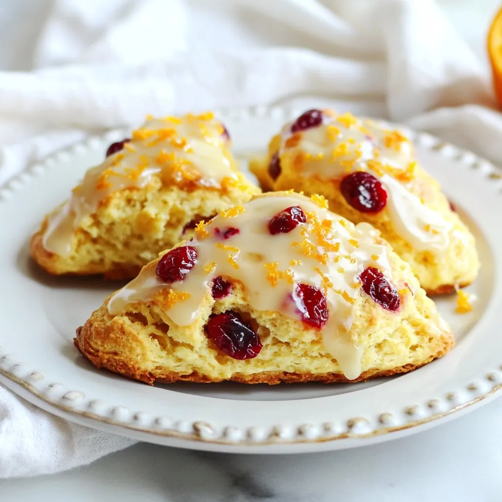 Hier sind die Zutaten, die du für die leckeren Cranberry Orange Scones brauchst: - 2 Tassen Weizenmehl - 1/4 Tasse Kristallzucker - 1 Esslöffel Backpulver - 1/2 Teelöffel Salz - 1/2 Tasse kalte ungesalzene Butter, in Würfel geschnitten - 1/2 Tasse getrocknete Cranberries - Schale von 1 Orange - 1/2 Tasse Schlagsahne - 1 großes Ei - 1 Teelöffel Vanilleextrakt - 1/2 Tasse Puderzucker (für den Zuckerguss) - 1-2 Esslöffel Orangensaft (für den Zuckerguss) Diese Zutaten sind frisch und einfach zu finden. Jede Zutat hat ihren eigenen Zweck. Das Weizenmehl gibt den Scones Struktur. Der Zucker fügt Süße hinzu und das Backpulver lässt sie schön aufgehen. Die kalte Butter sorgt für eine krümelige Textur. Die getrockneten Cranberries bringen eine fruchtige Note. Die Orangenschale und der Orangensaft verleihen den Scones ein frisches Aroma. Die Schlagsahne und das Ei binden alles zusammen. Der Zuckerguss aus Puderzucker und Orangensaft gibt den Scones das gewisse Etwas. Wenn du die Zutaten bereit hast, bist du auf dem besten Weg, köstliche Scones zu backen. {{ingredient_image_2}} - Heize den Ofen auf 200°C vor. - Lege ein Backblech mit Backpapier aus. - Vermenge in einer großen Schüssel das Weizenmehl, den Kristallzucker, das Backpulver und das Salz. - Schneide die kalte Butter in kleine Würfel und gib sie zur Mehlmischung. - Arbeite die Butter ein, bis die Mischung wie grober Streuselteig aussieht. - Füge die getrockneten Cranberries und die Orangenschale hinzu und hebe sie vorsichtig unter. - In einer separaten Schüssel vermische die Schlagsahne, das Ei und den Vanilleextrakt gut. - Gieße die flüssigen Zutaten in die trockenen Zutaten und rühre schnell um, bis alles gerade so verbunden ist. Überarbeite den Teig nicht! - Gib den Teig auf eine leicht bemehlte Fläche und knete ihn sanft, bis er zusammenkommt. - Forme den Teig in einen Kreis, etwa 2,5 cm dick. - Schneide den Kreis in 8 Keile und lege sie auf das Backblech. Achte darauf, genug Abstand zwischen den Scones zu lassen. - Backe die Scones 15-20 Minuten, bis sie goldbraun sind. - Kombiniere Puderzucker und Orangensaft in einer Schüssel und rühre, bis die Mischung glatt ist. - Passe die Konsistenz nach deinem Geschmack an, indem du mehr Orangensaft oder Puderzucker hinzufügst. - Teig nicht überarbeiten: Achte darauf, den Teig nur leicht zu mischen. Wenn du ihn zu stark bearbeitest, wird er hart. Du willst lockere und zarte Scones. Der Teig sollte nur zusammenkommen. - Ideale Backzeit: Backe die Scones für 15 bis 20 Minuten. Achte darauf, dass sie goldbraun sind. Die richtige Backzeit sorgt für ein perfektes Ergebnis. - Häufige Fehler beim Scone-Backen: Ein häufiger Fehler ist das Vergessen der kalten Butter. Sie hilft, die Scones flauschig zu machen. Wenn du die Butter zu lange in der Mischung lässt, wird der Teig zäh. - Wie man die richtige Konsistenz erreicht: Achte darauf, dass die Mischung nicht zu nass ist. Der Teig sollte leicht klebrig, aber formbar sein. Wenn er zu trocken ist, füge etwas mehr Sahne hinzu. Pro Tipps Butter kühl halten: Stelle sicher, dass die Butter wirklich kalt ist, bevor du sie in den Teig einarbeitest. Dies sorgt für eine fluffige Textur der Scones. Teig nicht überarbeiten: Mische die Zutaten nur so lange, bis sie gerade verbunden sind. Übermäßiges Kneten kann die Scones hart machen. Backzeit im Auge behalten: Die Backzeit kann je nach Ofen variieren. Behalte die Scones im Auge, um sicherzustellen, dass sie goldbraun und nicht zu dunkel werden. Zuckerguss anpassen: Experimentiere mit der Menge an Orangensaft im Zuckerguss, um die gewünschte Konsistenz zu erreichen. Ein dickerer Zuckerguss bleibt besser auf den Scones haften. {{image_4}} Du kannst dein Scone-Rezept ganz leicht anpassen. Eine Möglichkeit ist, Nüsse hinzuzufügen. Walnüsse oder Mandeln passen gut zu den Cranberries. Du kannst auch Schokolade verwenden. Dunkle Schokoladenstückchen geben den Scones eine süße Note. Wenn du andere Geschmäcker magst, probiere Zimt oder Muskatnuss. Ein wenig Vanille kann ebenfalls helfen, den Geschmack zu verbessern. Für eine glutenfreie Version kannst du Mandelmehl oder eine glutenfreie Mehlmischung verwenden. Diese Mehle haben andere Eigenschaften. Sie können den Teig ein wenig trockener machen. Um die Konsistenz zu verbessern, füge einen Esslöffel mehr Sahne hinzu. Das macht die Scones feuchter und leckerer. Achte darauf, dass du auch das Backpulver überprüfst. Einige Marken sind nicht glutenfrei. Um die Scones frisch zu halten, bewahre sie in einem luftdichten Behälter auf. So bleibt die Feuchtigkeit erhalten. Du kannst auch ein Stück Brot in den Behälter legen. Das hilft, die Scones weich zu halten. Im Kühlschrank bleiben die Scones bis zu einer Woche frisch. Für längere Lagerung lege sie in den Gefrierschrank. Wickel sie gut ein, um Gefrierbrand zu vermeiden. So halten sie bis zu drei Monate. Zum Servieren kannst du sie einfach auftauen und kurz im Ofen aufwärmen. Die besten Begleiter für die Scones sind frische Früchte oder Marmelade. Besonders gut passen Orangenmarmelade oder Cranberrykompott dazu. Auch eine Tasse Tee oder Kaffee macht das Erlebnis noch besser. Für eine schöne Präsentation lege die Scones warm auf ein Holzbrett. Garniere sie mit frischen Cranberries und Orangenscheiben. Das sieht nicht nur gut aus, sondern macht auch Lust auf mehr. Die Scones bleiben frisch für etwa 2-3 Tage, wenn du sie richtig lagerst. Es ist am besten, sie in einem luftdichten Behälter zu lagern. So bleiben sie weich und lecker. Wenn du sie länger aufbewahren möchtest, kannst du sie auch einfrieren. Wickel sie gut in Frischhaltefolie oder lege sie in einen Gefrierbeutel. So halten sie sich bis zu 3 Monate. Zum Aufwärmen lege sie einfach für ein paar Minuten in den Ofen. Ja, du kannst frische Cranberries verwenden. Frische Cranberries sind saftiger und haben einen herben Geschmack. Wenn du frische Cranberries nimmst, musst du sie vor dem Mischen grob hacken. Das hilft, die richtige Konsistenz in den Scones zu erreichen. Getrocknete Cranberries sind süßer und weicher. Sie geben den Scones eine andere Textur und einen anderen Geschmack. Du kannst also je nach Vorliebe wählen. Um die Scones glutenfrei zu machen, kannst du eine glutenfreie Mehlmischung verwenden. Achte darauf, dass sie für Backwaren geeignet ist. Du kannst auch Mandelmehl oder Kokosmehl ausprobieren. Diese Mehle haben andere Eigenschaften, also könnte der Teig etwas anders werden. Eventuell musst du auch die Flüssigkeitsmenge anpassen. Beginne mit weniger Flüssigkeit und füge bei Bedarf mehr hinzu. Ja, du kannst die Scones vegan zubereiten! Ersetze die Butter durch vegane Margarine oder Kokosöl. Für die Schlagsahne kannst du eine pflanzliche Alternative wie Soja- oder Hafercreme verwenden. Das Ei kannst du durch einen Esslöffel Leinsamenmehl und 2,5 Esslöffel Wasser ersetzen. Diese Anpassungen machen die Scones lecker und vegan-freundlich. Wir haben die wichtigsten Zutaten für Scones betrachtet, wie Weizenmehl und getrocknete Cranberries. Dann haben wir jeden Schritt für die Zubereitung beleuchtet, von der Ofenvorbereitung bis zum Backen. Ich habe auch Tipps gegeben, um häufige Fehler zu vermeiden. Es gibt viele Variationen, um jedem Geschmack gerecht zu werden. Denke daran, die Scones richtig zu lagern. Mit diesen Informationen kannst du leckere Scones backen, die Freude bringen. Viel Spaß beim Ausprobieren!