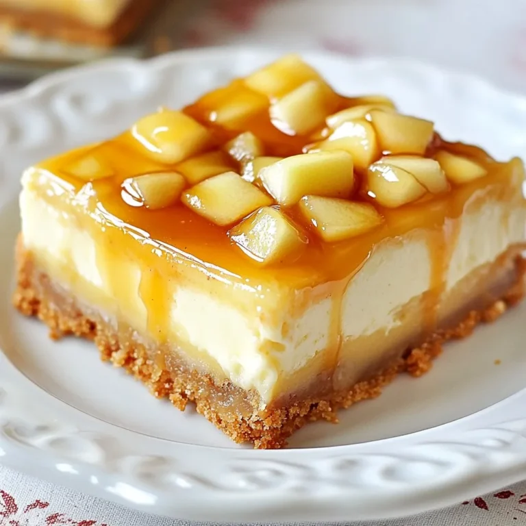 Für die Caramel Apple Cheesecake Bars brauchst du folgende Zutaten: - 2 Tassen Graham-Cracker-Krümel - 1/2 Tasse ungesalzene Butter, geschmolzen - 1/4 Tasse Kristallzucker - 450 g Frischkäse, weich - 1 Tasse Kristallzucker - 1 Teelöffel Vanilleextrakt - 2 große Eier - 2 Tassen Äpfel, geschält und gewürfelt (ca. 2 mittelgroße Äpfel) - 1/2 Teelöffel Zimt - 1/4 Tasse Karamellsauce (plus extra zum Verzieren) - Prise Salz Wenn du spezielle Diätbedürfnisse hast, gibt es tolle Alternativen. - Verwende glutenfreie Kekse für die Krümel. - Nutze pflanzliche Butter für eine vegane Option. - Ersetze den Frischkäse durch pflanzlichen Frischkäse. - Für weniger Zucker kannst du eine Zuckeralternative verwenden. Äpfel haben großen Einfluss auf den Geschmack. Wähle sie sorgfältig aus. - Verwende feste Äpfel wie Granny Smith oder Honeycrisp. - Achte auf frische Äpfel ohne Druckstellen. - Die Äpfel sollten aromatisch riechen und eine helle Farbe haben. - Mische süße und saure Äpfel für einen tollen Geschmack. {{ingredient_image_2}} Zuerst heizen Sie Ihren Ofen auf 175 °C vor. Fetten Sie eine 22x22 cm große Backform ein. Alternativ können Sie die Form mit Backpapier auslegen. In einer großen Schüssel vermengen Sie die Graham-Cracker-Krümel, die geschmolzene Butter und 1/4 Tasse Zucker. Rühren Sie alles gut um, bis eine krümelige Masse entsteht. Drücken Sie diese Mischung gleichmäßig in die Backform. Backen Sie den Boden für 10 Minuten und lassen Sie ihn dann abkühlen. Nehmen Sie eine große Schüssel und schlagen Sie den weichen Frischkäse mit einem Handmixer. Mischen Sie ihn auf mittlerer Stufe für 2-3 Minuten, bis er cremig ist. Fügen Sie nach und nach 1 Tasse Zucker hinzu und schlagen Sie weiter. Geben Sie den Vanilleextrakt dazu. Schlagen Sie dann die Eier einzeln unter die Mischung. Heben Sie nun die gewürfelten Äpfel, den Zimt und eine Prise Salz vorsichtig unter. Gießen Sie die Cheesecake-Füllung über den abgekühlten Boden und verteilen Sie sie gleichmäßig. Träufeln Sie die Karamellsauce gleichmäßig über die Füllung. Verwenden Sie ein Messer oder einen Zahnstocher, um die Sauce leicht zu vermischen. Backen Sie die Riegel für 30-35 Minuten. Überprüfen Sie, ob die Mitte fest ist und die Ränder goldbraun werden. Lassen Sie die Riegel eine Stunde bei Raumtemperatur abkühlen. Stellen Sie sie dann für mindestens 2 Stunden in den Kühlschrank, bis sie vollständig ausgekühlt sind. Schneiden Sie die Riegel in Portionsstücke und servieren Sie sie mit zusätzlicher Karamellsauce darüber. Um die perfekte Konsistenz für Ihre Cheesecake Bars zu erreichen, sind einige Schritte wichtig. Verwenden Sie weichen Frischkäse. Dies hilft, Klumpen zu vermeiden. Schlagen Sie ihn gut mit einem Handmixer. Fügen Sie die Eier langsam hinzu und rühren Sie gut. So bleibt die Füllung schön cremig. Lassen Sie die Cheesecake Bars nach dem Backen vollständig abkühlen. Dies hilft, die richtige Festigkeit zu erreichen. Ein häufiges Problem ist eine zu flüssige Füllung. Dies passiert, wenn Sie zu viele Äpfel verwenden oder nicht genug backen. Achten Sie darauf, die Äpfel gut zu würfeln. Verwenden Sie nicht mehr als die angegebene Menge. Wenn die Riegel zu braun werden, decken Sie sie mit Folie ab. So bleibt die Oberseite zart und nicht zu dunkel. Wenn die Bars nach dem Kühlen nicht fest sind, stellen Sie sie länger in den Kühlschrank. Die Präsentation macht viel aus! Schneiden Sie die Riegel gleichmäßig und legen Sie sie auf einen hübschen Servierteller. Träufeln Sie extra Karamellsauce darüber. Fügen Sie eine Prise gehackte Nüsse oder Karamellstückchen hinzu. Dies gibt den Bars einen schönen Crunch und sieht toll aus. Servieren Sie sie kalt für den besten Geschmack. Pro Tipps Frischkäse gut vorbereiten: Stellen Sie sicher, dass der Frischkäse Zimmertemperatur hat, bevor Sie ihn verwenden, um eine glatte und cremige Konsistenz zu erzielen. Äpfel gleichmäßig schneiden: Achten Sie darauf, die Äpfel in gleich große Würfel zu schneiden, damit sie gleichmäßig garen und einheitlich in der Füllung verteilt sind. Karamellsauce richtig verwenden: Verwenden Sie eine hochwertige Karamellsauce für den besten Geschmack und träufeln Sie sie kurz vor dem Servieren auf, um ein Ankleben zu vermeiden. Riegel richtig kühlen: Lassen Sie die Cheesecake-Bars vollständig abkühlen und im Kühlschrank fest werden, damit sie beim Schneiden nicht zerfallen. {{image_4}} Um deine Caramel Apple Cheesecake Bars noch leckerer zu machen, probiere verschiedene Zutaten. Hier sind einige Ideen: - Füge Nüsse wie Walnüsse oder Pekannüsse hinzu. - Verwende Karamellstückchen für extra Süße. - Mische Schokoladenstückchen in die Füllung. - Probiere verschiedene Gewürze wie Muskatnuss oder Ingwer. Diese Variationen bringen neue Geschmäcker in dein Rezept. Wenn du eine glutenfreie Version machen möchtest, ersetze die Graham-Cracker durch glutenfreie Kekse. Für vegane Cheesecake Bars, nutze pflanzlichen Frischkäse und Ei-Ersatz. Hier sind einige Optionen: - Verwende gemahlene Leinsamen mit Wasser als Ei-Ersatz. - Nutze Kokosöl anstelle von Butter. - Probiere Agavendicksaft anstelle von Zucker. Diese Anpassungen helfen, deine Bars an verschiedene Diäten anzupassen. Du kannst die Äpfel durch andere Früchte ersetzen, um neue Geschmäcker zu entdecken. Hier sind einige Ideen: - Pfirsiche oder Birnen für einen fruchtigen Geschmack. - Himbeeren oder Brombeeren für eine frische Note. - Kirschen für einen süßen und saftigen Biss. Diese saisonalen Anpassungen machen deine Cheesecake Bars immer spannend und lecker. Um die Cheesecake Bars frisch zu halten, bewahre sie im Kühlschrank auf. Lege sie in einen luftdichten Behälter. So bleiben sie saftig und lecker. Du kannst auch Frischhaltefolie verwenden, um sie abzudecken. Vermeide es, die Bars zu lange bei Raumtemperatur stehen zu lassen. Die Cheesecake Bars sind im Kühlschrank etwa 5 bis 7 Tage haltbar. Achte darauf, dass sie gut verpackt sind. Nach ein paar Tagen kann die Textur leicht weicher werden. Aber der Geschmack bleibt köstlich. Um die Bars einzufrieren, schneide sie in Portionen. Lege sie in einen Gefrierbeutel oder einen luftdichten Behälter. Vergiss nicht, das Datum darauf zu schreiben. So weißt du, wann du sie gemacht hast. Die Bars können bis zu 3 Monate eingefroren werden. Lasse sie im Kühlschrank auftauen, bevor du sie servierst. Um Caramel Apple Cheesecake Bars zu machen, brauche ich zuerst die Zutaten. Ich beginne mit den Graham-Cracker-Krümeln, geschmolzener Butter und Zucker. Diese Mischung forme ich zu einem festen Boden. Dann schlage ich den Frischkäse mit Zucker und Vanille cremig. Ich füge die Eier nacheinander hinzu und rühre gut. Schließlich kommen die gewürfelten Äpfel, Zimt und Salz dazu. Ich gieße die Füllung über den Boden und träufle Karamellsauce darüber. Nach dem Backen lasse ich die Bars abkühlen und kühle sie dann im Kühlschrank. Ja, du kannst die Äpfel durch andere Früchte ersetzen. Birnen oder Pfirsiche passen gut. Auch Beeren wie Himbeeren oder Blaubeeren sind eine tolle Wahl. Denke daran, die Menge anzupassen, um die richtige Textur zu erhalten. Frische Früchte bringen Frische und Geschmack. Wenn die Cheesecake-Füllung nicht fest wird, könnte es an der Backzeit liegen. Stelle sicher, dass die Ränder goldbraun sind. Wenn die Mitte noch wackelt, backe sie länger. Auch das Abkühlen ist wichtig. Lass die Bars mindestens zwei Stunden im Kühlschrank stehen. Wenn du die Eier gut einarbeitest, hilft das auch. Diese Anleitung gibt Ihnen alles, was Sie wissen müssen. Sie haben die Zutaten kennengelernt und erfahren, wie man leckere Cheesecake-Riegel macht. Die Tipps helfen, häufige Fehler zu vermeiden. Variationen bringen neuen Geschmack und Lagerinformationen sorgen dafür, dass sie lange frisch bleiben. Nutzen Sie diese Erkenntnisse, um Ihre eigenen Riegel zu kreieren. Genießen Sie jede Biss und lassen Sie Ihre Gäste staunen. Viel Spaß beim Backen!
