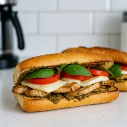 Die Hauptzutaten machen dein Sandwich lecker und frisch. Du brauchst: - 2 Hähnchenbrustfilets, ohne Haut und Knochen - 60 ml Pesto-Sauce - 4 Scheiben frischer Mozzarella-Käse - 1 große Tomate, in Scheiben geschnitten - Frische Basilikumblätter - 4 Ciabatta-Brötchen Diese Zutaten sorgen für einen tollen Geschmack. Das Hähnchen ist zart, und das Pesto bringt Frische. Mozzarella und Tomate ergänzen sich perfekt. Basilikum gibt zusätzlichen Geschmack. Gewürze und Öle sind wichtig für den Geschmack. Du benötigst: - 30 ml Olivenöl - Salz nach Geschmack - Pfeffer nach Geschmack Das Olivenöl hilft, das Hähnchen saftig zu halten. Salz und Pfeffer bringen die Aromen zur Geltung. Du kannst auch andere Gewürze ausprobieren, um dein Sandwich zu verfeinern. Frische Zutaten machen einen großen Unterschied. Hier sind einige Tipps: - Hähnchenbrust: Achte auf eine rosa Farbe und eine feste Textur. - Mozzarella: Wähle frischen Käse, der weich und feucht ist. - Tomaten: Suche nach festen, leuchtend roten Tomaten. - Basilikum: Frische Blätter sollten grün und duftend sein. Frische Zutaten sorgen für den besten Geschmack. Achte darauf, beim Einkaufen die besten Produkte zu wählen. {{ingredient_image_2}} Heize deinen Grill oder eine Grillpfanne auf mittelhohe Temperatur vor. Dies schafft die perfekte Hitze für unser Hähnchen. Nimm die Hähnchenbrustfilets und reibe sie mit Olivenöl ein. Salz und Pfeffer geben dem Hähnchen den besten Geschmack. Achte darauf, dass du genug verwendest, um das Hähnchen gut zu würzen. Legen die gewürzten Hähnchenbrustfilets auf den Grill. Grille sie für etwa 6-7 Minuten pro Seite. Der Schlüssel ist, dass das Hähnchen durchgegart ist und der Saft klar wird. Wenn das Hähnchen fertig ist, nimm es vom Grill und lass es einige Minuten ruhen. Dies hilft, den Saft im Hähnchen zu halten. Danach schneide das Hähnchen in dünne Scheiben. Schneide die Ciabatta-Brötchen in der Mitte durch. Wenn du magst, röste sie leicht. Dann verteile die Pesto-Mischung auf die untere Hälfte jedes Brötchens. Lege die geschnittenen Hähnchenbrustscheiben gleichmäßig darauf. Füge die Mozzarella-Scheiben, die Tomatenscheiben und die frischen Basilikumblätter hinzu. Setze die obere Hälfte des Brötchens auf jedes Sandwich. Optional kannst du die Sandwiches für 2-3 Minuten auf jeder Seite grillen, damit der Käse schmilzt und das Brot knusprig wird. Schneide die Sandwiches in der Mitte durch und serviere sie sofort. Um Hähnchen perfekt zu grillen, wähle eine mittelhohe Temperatur. Dies liegt bei etwa 180 bis 200 Grad Celsius. So gart das Fleisch gleichmäßig und bleibt saftig. Achte darauf, die Hähnchenbrustfilets gut einzureiben. Olivenöl hilft, das Fleisch zart zu halten. Würze es mit Salz und Pfeffer, um den Geschmack zu fördern. Grille das Hähnchen etwa 6-7 Minuten pro Seite. Ein Fleischthermometer zeigt, wenn die Innentemperatur 75 Grad Celsius erreicht. So bist du sicher, dass das Hähnchen durch ist. Pesto kann viele Gesichter haben. Du kannst frisches Basilikum durch Spinat oder Rucola ersetzen. Füge Nüsse wie Walnüsse oder Mandeln hinzu, um verschiedene Texturen zu erhalten. Parmesan-Käse gibt eine würzige Note, aber auch Feta kann spannend sein. Für einen milden Geschmack mische etwas Joghurt unter die Pesto. Das macht die Sauce cremiger. Experimentiere mit Knoblauch oder Zitrone für mehr Frische. So passt die Sauce perfekt zu deinem Sandwich. Das Rösten von Ciabatta-Brötchen macht sie knusprig und lecker. Schneide die Brötchen in der Mitte durch. Erhitze eine Pfanne oder den Grill und gib etwas Olivenöl darauf. Lege die Brötchen mit der Schnittfläche nach unten in die Pfanne. Röste sie für 2-3 Minuten, bis sie goldbraun sind. Du kannst auch einen Toaster benutzen, wenn du es einfacher magst. Achte darauf, sie nicht zu lange zu rösten. So bleiben sie innen weich und außen knusprig. Pro Tipps Hähnchen marinieren: Lasse die Hähnchenbrustfilets mindestens 30 Minuten in der Pesto-Sauce marinieren, um den Geschmack zu intensivieren. Frische Zutaten: Verwende frische Basilikumblätter und reifen Mozzarella für den besten Geschmack und die beste Textur. Richtige Grilltemperatur: Stelle sicher, dass der Grill gut vorgeheizt ist, damit das Hähnchen gleichmäßig gart und schöne Grillstreifen bekommt. Sandwich anpassen: Du kannst das Sandwich mit zusätzlichen Zutaten wie Avocado oder Rucola für mehr Geschmack und Textur anpassen. {{image_4}} Wenn du kein Hähnchen magst, probiere gebratene Auberginen oder Zucchini. Diese Gemüsesorten bringen viel Geschmack. Du kannst auch gegrillte Paprika verwenden. Das macht das Sandwich bunt und lecker. Außerdem schmeckt es großartig mit einer Schicht Hummus. So bleibt es frisch und gesund. Du kannst deinem Sandwich mehr Geschmack geben. Füge Avocado-Scheiben hinzu. Sie machen das Sandwich cremiger. Oliven sind auch eine gute Wahl. Sie geben eine salzige Note. Für einen extra Kick probiere scharfen Pfeffer oder Rucola. Diese Zutaten machen dein Pesto Chicken Caprese Sandwich spannend. Ciabatta ist wunderbar, aber du kannst auch andere Brote nutzen. Focaccia bringt eine weiche Textur. Roggenbrot gibt einen herzhaften Geschmack. Für ein knuspriges Erlebnis wähle Baguette. Experimentiere mit verschiedenen Brotsorten. So wirst du immer neue Geschmäcker entdecken und dein Sandwich aufpeppen. Wenn du Reste hast, lagere sie richtig. Lege die Sandwiches in einen luftdichten Behälter. So bleiben sie frisch. Um die besten Aromen zu erhalten, schneide die Sandwiches nicht vor der Lagerung. Das hält das Brot weich und den Käse schmelzig. Im Kühlschrank halten sich die Sandwiches etwa 2-3 Tage. Stelle sicher, dass der Behälter gut verschlossen ist. Du kannst die Sandwiches auch in Frischhaltefolie einwickeln. So vermeidest du, dass sie austrocknen. Wenn du die Pesto-Sauce separat aufbewahrst, schmeckt das Sandwich frischer. Für längere Lagerung kannst du die Sandwiches einfrieren. Wickele sie fest in Frischhaltefolie. Danach lege sie in einen gefrierfesten Beutel. So bleiben sie bis zu einem Monat frisch. Zum Auftauen, lasse die Sandwiches über Nacht im Kühlschrank. Vor dem Essen kannst du sie im Ofen oder auf dem Grill aufwärmen. So wird das Brot wieder knusprig und der Käse schmilzt. Pesto Chicken Caprese Sandwiches sind im Kühlschrank etwa 2 bis 3 Tage haltbar. Um die Frische zu erhalten, lege die Sandwiches in einen luftdichten Behälter. Das Pesto kann die Brötchen weich machen. Daher ist es besser, die Sauce separat zu servieren, wenn du die Sandwiches aufbewahrst. So bleibt das Brot knusprig. Ja, du kannst die Sandwiches auch ohne Griller machen. Brate die Hähnchenbrust einfach in einer Pfanne bei mittlerer Hitze. Verwende etwas Olivenöl, um ein Ankleben zu vermeiden. Koche sie 6-7 Minuten pro Seite, bis sie durch sind. Du kannst die Ciabatta-Brötchen im Ofen rösten, um sie warm und knusprig zu bekommen. Viele Beilagen passen gut zu diesen Sandwiches. Ein frischer gemischter Salat mit einem leichten Dressing ist eine tolle Wahl. Auch Kartoffelchips oder eine Gemüsesuppe sind lecker. Wenn du etwas mehr möchtest, probiere Pommes oder gebackene Zucchini. Diese Beilagen ergänzen die Aromen des Sandwiches perfekt. Zusammenfassend bieten Pesto Chicken Caprese Sandwiches ein tolles Geschmackserlebnis. Sie bestehen aus frischen Zutaten, die leicht zu finden sind. Wir haben die Schritte erklärt, um das Sandwich einfach zu machen. Die Beratung zu Grilltemperaturen und Variationen bringt Abwechslung. Auch die Aufbewahrungstips sind nützlich, wenn du Reste hast. Experimentiere mit Zutaten und genieße das Kochen. So wird jedes Sandwich ein Hit!