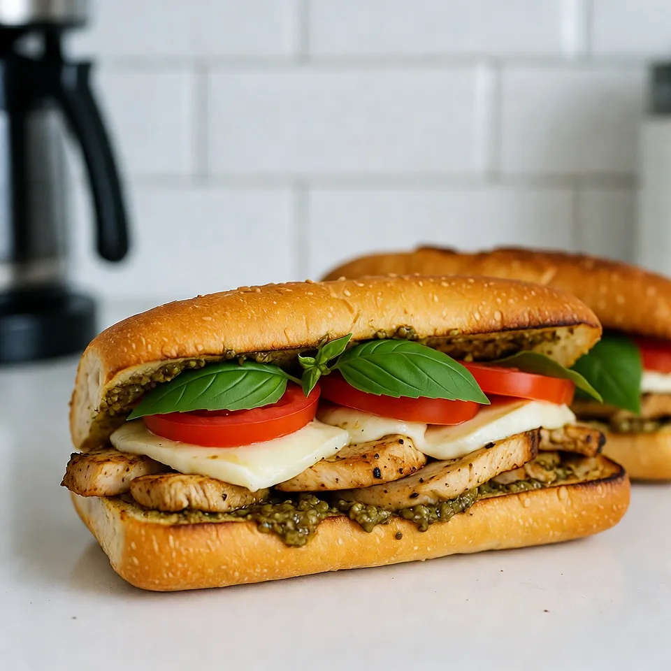 Die Hauptzutaten machen dein Sandwich lecker und frisch. Du brauchst: - 2 Hähnchenbrustfilets, ohne Haut und Knochen - 60 ml Pesto-Sauce - 4 Scheiben frischer Mozzarella-Käse - 1 große Tomate, in Scheiben geschnitten - Frische Basilikumblätter - 4 Ciabatta-Brötchen Diese Zutaten sorgen für einen tollen Geschmack. Das Hähnchen ist zart, und das Pesto bringt Frische. Mozzarella und Tomate ergänzen sich perfekt. Basilikum gibt zusätzlichen Geschmack. Gewürze und Öle sind wichtig für den Geschmack. Du benötigst: - 30 ml Olivenöl - Salz nach Geschmack - Pfeffer nach Geschmack Das Olivenöl hilft, das Hähnchen saftig zu halten. Salz und Pfeffer bringen die Aromen zur Geltung. Du kannst auch andere Gewürze ausprobieren, um dein Sandwich zu verfeinern. Frische Zutaten machen einen großen Unterschied. Hier sind einige Tipps: - Hähnchenbrust: Achte auf eine rosa Farbe und eine feste Textur. - Mozzarella: Wähle frischen Käse, der weich und feucht ist. - Tomaten: Suche nach festen, leuchtend roten Tomaten. - Basilikum: Frische Blätter sollten grün und duftend sein. Frische Zutaten sorgen für den besten Geschmack. Achte darauf, beim Einkaufen die besten Produkte zu wählen. {{ingredient_image_2}} Heize deinen Grill oder eine Grillpfanne auf mittelhohe Temperatur vor. Dies schafft die perfekte Hitze für unser Hähnchen. Nimm die Hähnchenbrustfilets und reibe sie mit Olivenöl ein. Salz und Pfeffer geben dem Hähnchen den besten Geschmack. Achte darauf, dass du genug verwendest, um das Hähnchen gut zu würzen. Legen die gewürzten Hähnchenbrustfilets auf den Grill. Grille sie für etwa 6-7 Minuten pro Seite. Der Schlüssel ist, dass das Hähnchen durchgegart ist und der Saft klar wird. Wenn das Hähnchen fertig ist, nimm es vom Grill und lass es einige Minuten ruhen. Dies hilft, den Saft im Hähnchen zu halten. Danach schneide das Hähnchen in dünne Scheiben. Schneide die Ciabatta-Brötchen in der Mitte durch. Wenn du magst, röste sie leicht. Dann verteile die Pesto-Mischung auf die untere Hälfte jedes Brötchens. Lege die geschnittenen Hähnchenbrustscheiben gleichmäßig darauf. Füge die Mozzarella-Scheiben, die Tomatenscheiben und die frischen Basilikumblätter hinzu. Setze die obere Hälfte des Brötchens auf jedes Sandwich. Optional kannst du die Sandwiches für 2-3 Minuten auf jeder Seite grillen, damit der Käse schmilzt und das Brot knusprig wird. Schneide die Sandwiches in der Mitte durch und serviere sie sofort. Um Hähnchen perfekt zu grillen, wähle eine mittelhohe Temperatur. Dies liegt bei etwa 180 bis 200 Grad Celsius. So gart das Fleisch gleichmäßig und bleibt saftig. Achte darauf, die Hähnchenbrustfilets gut einzureiben. Olivenöl hilft, das Fleisch zart zu halten. Würze es mit Salz und Pfeffer, um den Geschmack zu fördern. Grille das Hähnchen etwa 6-7 Minuten pro Seite. Ein Fleischthermometer zeigt, wenn die Innentemperatur 75 Grad Celsius erreicht. So bist du sicher, dass das Hähnchen durch ist. Pesto kann viele Gesichter haben. Du kannst frisches Basilikum durch Spinat oder Rucola ersetzen. Füge Nüsse wie Walnüsse oder Mandeln hinzu, um verschiedene Texturen zu erhalten. Parmesan-Käse gibt eine würzige Note, aber auch Feta kann spannend sein. Für einen milden Geschmack mische etwas Joghurt unter die Pesto. Das macht die Sauce cremiger. Experimentiere mit Knoblauch oder Zitrone für mehr Frische. So passt die Sauce perfekt zu deinem Sandwich. Das Rösten von Ciabatta-Brötchen macht sie knusprig und lecker. Schneide die Brötchen in der Mitte durch. Erhitze eine Pfanne oder den Grill und gib etwas Olivenöl darauf. Lege die Brötchen mit der Schnittfläche nach unten in die Pfanne. Röste sie für 2-3 Minuten, bis sie goldbraun sind. Du kannst auch einen Toaster benutzen, wenn du es einfacher magst. Achte darauf, sie nicht zu lange zu rösten. So bleiben sie innen weich und außen knusprig. Pro Tipps Hähnchen marinieren: Lasse die Hähnchenbrustfilets mindestens 30 Minuten in der Pesto-Sauce marinieren, um den Geschmack zu intensivieren. Frische Zutaten: Verwende frische Basilikumblätter und reifen Mozzarella für den besten Geschmack und die beste Textur. Richtige Grilltemperatur: Stelle sicher, dass der Grill gut vorgeheizt ist, damit das Hähnchen gleichmäßig gart und schöne Grillstreifen bekommt. Sandwich anpassen: Du kannst das Sandwich mit zusätzlichen Zutaten wie Avocado oder Rucola für mehr Geschmack und Textur anpassen. {{image_4}} Wenn du kein Hähnchen magst, probiere gebratene Auberginen oder Zucchini. Diese Gemüsesorten bringen viel Geschmack. Du kannst auch gegrillte Paprika verwenden. Das macht das Sandwich bunt und lecker. Außerdem schmeckt es großartig mit einer Schicht Hummus. So bleibt es frisch und gesund. Du kannst deinem Sandwich mehr Geschmack geben. Füge Avocado-Scheiben hinzu. Sie machen das Sandwich cremiger. Oliven sind auch eine gute Wahl. Sie geben eine salzige Note. Für einen extra Kick probiere scharfen Pfeffer oder Rucola. Diese Zutaten machen dein Pesto Chicken Caprese Sandwich spannend. Ciabatta ist wunderbar, aber du kannst auch andere Brote nutzen. Focaccia bringt eine weiche Textur. Roggenbrot gibt einen herzhaften Geschmack. Für ein knuspriges Erlebnis wähle Baguette. Experimentiere mit verschiedenen Brotsorten. So wirst du immer neue Geschmäcker entdecken und dein Sandwich aufpeppen. Wenn du Reste hast, lagere sie richtig. Lege die Sandwiches in einen luftdichten Behälter. So bleiben sie frisch. Um die besten Aromen zu erhalten, schneide die Sandwiches nicht vor der Lagerung. Das hält das Brot weich und den Käse schmelzig. Im Kühlschrank halten sich die Sandwiches etwa 2-3 Tage. Stelle sicher, dass der Behälter gut verschlossen ist. Du kannst die Sandwiches auch in Frischhaltefolie einwickeln. So vermeidest du, dass sie austrocknen. Wenn du die Pesto-Sauce separat aufbewahrst, schmeckt das Sandwich frischer. Für längere Lagerung kannst du die Sandwiches einfrieren. Wickele sie fest in Frischhaltefolie. Danach lege sie in einen gefrierfesten Beutel. So bleiben sie bis zu einem Monat frisch. Zum Auftauen, lasse die Sandwiches über Nacht im Kühlschrank. Vor dem Essen kannst du sie im Ofen oder auf dem Grill aufwärmen. So wird das Brot wieder knusprig und der Käse schmilzt. Pesto Chicken Caprese Sandwiches sind im Kühlschrank etwa 2 bis 3 Tage haltbar. Um die Frische zu erhalten, lege die Sandwiches in einen luftdichten Behälter. Das Pesto kann die Brötchen weich machen. Daher ist es besser, die Sauce separat zu servieren, wenn du die Sandwiches aufbewahrst. So bleibt das Brot knusprig. Ja, du kannst die Sandwiches auch ohne Griller machen. Brate die Hähnchenbrust einfach in einer Pfanne bei mittlerer Hitze. Verwende etwas Olivenöl, um ein Ankleben zu vermeiden. Koche sie 6-7 Minuten pro Seite, bis sie durch sind. Du kannst die Ciabatta-Brötchen im Ofen rösten, um sie warm und knusprig zu bekommen. Viele Beilagen passen gut zu diesen Sandwiches. Ein frischer gemischter Salat mit einem leichten Dressing ist eine tolle Wahl. Auch Kartoffelchips oder eine Gemüsesuppe sind lecker. Wenn du etwas mehr möchtest, probiere Pommes oder gebackene Zucchini. Diese Beilagen ergänzen die Aromen des Sandwiches perfekt. Zusammenfassend bieten Pesto Chicken Caprese Sandwiches ein tolles Geschmackserlebnis. Sie bestehen aus frischen Zutaten, die leicht zu finden sind. Wir haben die Schritte erklärt, um das Sandwich einfach zu machen. Die Beratung zu Grilltemperaturen und Variationen bringt Abwechslung. Auch die Aufbewahrungstips sind nützlich, wenn du Reste hast. Experimentiere mit Zutaten und genieße das Kochen. So wird jedes Sandwich ein Hit!