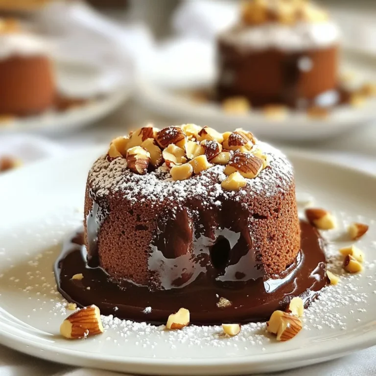 Um köstliche Schokoladen-Haselnuss Lava-Küchlein zu machen, benötigst du folgende Zutaten: - ½ Tasse ungesalzene Butter (plus zusätzlich für das Einfetten) - 1 Tasse Zartbitter-Schokoladenstückchen (70% Kakao) - 2 große Eier - 2 große Eigelb - ½ Tasse Zucker - ¼ Tasse Weizenmehl - ½ Teelöffel Vanilleextrakt - ¼ Tasse geröstete Haselnüsse, grob gehackt - Eine Prise Salz - Puderzucker zum Bestäuben - Optional: Vanilleeis oder Schlagsahne zum Servieren Diese Zutaten sorgen für den perfekten Schokoladengeschmack und die leckere Haselnussnote. Die Kombination macht das Dessert besonders. Falls du keine Zartbitter-Schokolade magst, kannst du auch Vollmilchschokolade verwenden. Das gibt einen süßeren Geschmack. Für eine glutenfreie Version nimm einfach glutenfreies Mehl. Wenn du keine Haselnüsse hast, sind Mandeln oder Walnüsse eine gute Wahl. Sie bringen einen ähnlichen Crunch. Um die besten Zutaten zu finden, gehe zu deinem lokalen Markt. Achte darauf, dass die Schokolade einen hohen Kakaoanteil hat. Frische Eier sind wichtig für die Konsistenz. Die meisten Märkte bieten auch geröstete Haselnüsse an. Wenn nicht, kaufe rohe Haselnüsse und röste sie selbst. So hast du mehr Kontrolle über den Geschmack. Schau auch nach saisonalen Angeboten, um Geld zu sparen. Frische Zutaten machen den Unterschied. {{ingredient_image_2}} Heize deinen Ofen auf 220°C vor. Dies sorgt für die perfekte Hitze beim Backen. Fette vier Souffléförmchen mit ungesalzener Butter ein. Achte darauf, dass du die Förmchen gut einfettest. Bestäube sie leicht mit Weizenmehl. Klopfe überschüssiges Mehl ab, damit die Küchlein später gut herauskommen. Nimm eine mikrowellengeeignete Schüssel. Gib die ungesalzene Butter und die Zartbitter-Schokoladenstückchen hinein. Erhitze die Mischung in der Mikrowelle. Mache das in 30-Sekunden-Intervallen. Rühre nach jedem Intervall um, bis alles geschmolzen und glatt ist. Diese Mischung ist die Basis für den Schokoladenfluss. In einer großen Schüssel schlage die zwei Eier, die Eigelbe und den Zucker mit einem Schneebesen. Mische alles gut, bis die Masse leicht und fluffig ist. Dies dauert etwa 3 bis 5 Minuten. Gieße nun die geschmolzene Schokoladenmischung in die Eimischung. Rühre vorsichtig um, um die Luft nicht herauszuschlagen. Siebe das Mehl und das Salz über die Mischung. Hebe es sanft unter, bis alles gerade so kombiniert ist. Achte darauf, nicht zu viel zu mischen. Jetzt füge den Vanilleextrakt und die grob gehackten Haselnüsse hinzu und hebe alles unter. Verteile den Teig gleichmäßig auf die vorbereiteten Förmchen. Um perfekte Lava-Küchlein zu backen, gibt es ein paar wichtige Punkte. Zuerst, heizen Sie den Ofen gut vor. Eine konstante Temperatur ist wichtig für den Backprozess. Nutzen Sie ungesalzene Butter für den Teig und zum Einfetten der Förmchen. Fetten Sie die Förmchen sorgfältig ein. Bestäuben Sie sie leicht mit Mehl, damit die Küchlein besser herausfallen. Ein häufiges Problem ist, dass die Küchlein nicht fließen. Das kann passieren, wenn Sie sie zu lange backen. Halten Sie die Backzeit zwischen 10 und 12 Minuten. Die Ränder sollten fest sein, die Mitte jedoch weich. Ein weiteres Problem ist das Ankleben. Stellen Sie sicher, dass die Förmchen gut gefettet sind. Wenn das Küchlein nicht herauskommt, fahren Sie vorsichtig mit einem Messer am Rand entlang. Servieren Sie die Lava-Küchlein warm. Schneiden Sie sie an, damit die Schokolade herausfließt. Für zusätzlichen Genuss können Sie sie mit Puderzucker bestäuben. Vanilleeis oder Schlagsahne passen perfekt dazu. Eine frische Beilage von Beeren bringt eine schöne Säure ins Spiel. So wird das Dessert noch interessanter und leckerer. Pro Tipps Die richtige Schokolade wählen: Verwenden Sie hochwertige Zartbitter-Schokolade mit mindestens 70% Kakaoanteil, um den besten Geschmack zu erzielen. Teig nicht übermixen: Achten Sie darauf, den Teig nur so lange zu mischen, bis die Zutaten gerade so kombiniert sind, um eine luftige Textur zu erhalten. Ofen vorheizen: Stellen Sie sicher, dass der Ofen gut vorgeheizt ist, um gleichmäßiges Backen und die richtige Lava-Konsistenz zu gewährleisten. Servieren mit Stil: Servieren Sie die Lava-Küchlein warm auf vorgewärmten Tellern, um das Erlebnis noch angenehmer zu gestalten. {{image_4}} Wenn Sie Gluten meiden möchten, können Sie eine glutenfreie Variante machen. Ersetzen Sie das Weizenmehl einfach durch glutenfreies Mehl. Viele Marken bieten gute Alternativen an. Diese Option schmeckt ebenso lecker und gibt Ihnen die gleiche wunderbare Textur. Achten Sie darauf, dass die Schokoladenstückchen auch glutenfrei sind. Um den Geschmack zu verändern, können Sie verschiedene Zutaten hinzufügen. Zum Beispiel passt ein Hauch von Espresso wunderbar zu Schokolade. Fügen Sie einfach einen Teelöffel Instant-Espressopulver zur Schokoladenmischung hinzu. Eine Prise Zimt kann auch eine warme Note bringen. Wenn Sie frische Früchte mögen, probieren Sie Himbeeren oder Kirschen. Diese passen gut zu Schokolade und bringen Frische ins Dessert. Schokoladen-Haselnuss Lava-Küchlein sind vielseitig. Sie sind perfekt für Geburtstagsfeiern oder romantische Abendessen. Für Feiertage können Sie die Küchlein mit weihnachtlichen Gewürzen aromatisieren. Servieren Sie sie mit einer Kugel Vanilleeis oder frischer Sahne. Fügen Sie ein paar Beeren als Garnitur hinzu. So wird Ihr Dessert nicht nur lecker, sondern auch schön anzusehen. Um die Lava-Küchlein frisch zu halten, lagern Sie sie in einem luftdichten Behälter. Stellen Sie sicher, dass sie abgekühlt sind, bevor Sie sie einpacken. So bleibt die Textur weich und der Schokoladenfluss bleibt erhalten. Vermeiden Sie es, sie direkt in den Kühlschrank zu legen, da dies die Küchlein austrocknen kann. Wenn Sie die Küchlein aufwärmen möchten, nutzen Sie den Ofen oder die Mikrowelle. Für den Ofen heizen Sie ihn auf 180°C. Legen Sie die Küchlein auf ein Backblech und erwärmen Sie sie 5 bis 7 Minuten. In der Mikrowelle reicht eine Erwärmung von 15 bis 20 Sekunden pro Küchlein. So bleibt die Mitte schön flüssig. Die Lava-Küchlein halten sich im Kühlschrank bis zu 3 Tage. Sie können sie auch einfrieren. Wickeln Sie die Küchlein gut in Frischhaltefolie und legen Sie sie in einen Gefrierbeutel. So sind sie bis zu einem Monat haltbar. Zum Auftauen lassen Sie sie einfach im Kühlschrank über Nacht. Um perfekte Lava-Küchlein zu backen, ist die Backzeit wichtig. Achte darauf, sie 10-12 Minuten zu backen. Die Ränder sollten fest sein, aber die Mitte muss noch wackeln. Ein Überbacken macht die Füllung fest. Fette die Förmchen gut ein und bestäube sie mit Mehl. So lassen sich die Küchlein leichter herausnehmen. Auch die Schokolade sollte gut geschmolzen sein. Rühre sie gründlich mit der Butter, bis sie glatt ist. Das hilft, die Textur zu verbessern. Ja, du kannst die Küchlein im Voraus zubereiten. Mache den Teig und fülle die Förmchen. Stelle sie dann in den Kühlschrank. Du kannst sie bis zu 24 Stunden vorher machen. Wenn du bereit bist zu backen, heize den Ofen vor und backe sie direkt aus dem Kühlschrank. Achte darauf, die Backzeit eventuell um ein paar Minuten zu verlängern. Die besten Beilagen sind Vanilleeis oder Schlagsahne. Sie passen perfekt zum warmen, schokoladigen Kern. Frische Früchte, wie Beeren oder Bananen, bringen eine schöne Frische. Du kannst auch ein wenig Karamellsoße oder Schokoladensauce hinzufügen. Diese Beilagen machen das Dessert noch leckerer und schöner. Zusammenfassend haben wir die Hauptzutaten für köstliche Lava-Küchlein untersucht und wichtige Tipps zum Backen gegeben. Ich habe dir gezeigt, wie du leckere Variationen zum Leben erwecken und sie richtig aufbewahren kannst. Wenn du diese Tipps befolgst, gelingen dir perfekte Küchlein. Genieße das Backen und die Freude am gemeinsamen Genuss. Dabei wird jeder Bissen zu einem besonderen Erlebnis. Du kannst stolz auf deine Kreation sein!