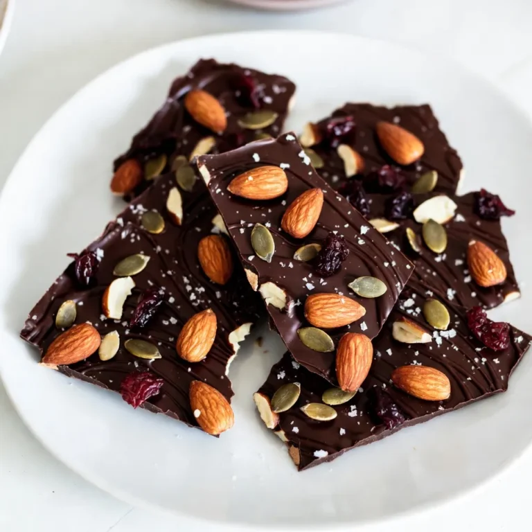 Um die Dunkle Schokolade Meersalz Rinde herzustellen, brauchst du diese Hauptzutaten: - 340 g dunkle Schokolade (mindestens 70% Kakao), grob gehackt - 75 g geröstete Mandeln, grob gehackt - 75 g getrocknete Cranberries - 30 g Kürbiskerne - 1 Teelöffel flakey Meersalz - 1 Esslöffel Kokosöl (optional, für eine glattere Textur) Diese Zutaten kombinieren sich zu einem tollen Snack. Die dunkle Schokolade ist reich an Antioxidantien. Die Nüsse und Früchte fügen Textur und Geschmack hinzu. Du kannst die Rinde nach deinem Geschmack anpassen. Hier sind einige Ideen: - Ersetze die Mandeln durch Walnüsse oder Haselnüsse. - Nutze getrocknete Aprikosen oder Rosinen anstelle von Cranberries. - Füge etwas Chili-Pulver für eine scharfe Note hinzu. Diese Optionen machen die Rinde interessanter. Experimentiere, um deine perfekte Mischung zu finden! Die Wahl der richtigen Schokolade ist wichtig. Hier sind einige Tipps: - Achte auf einen hohen Kakaoanteil, mindestens 70%. - Wähle eine Schokolade mit wenigen Zutaten. Vermeide künstliche Aromen. - Probiere verschiedene Marken aus, um deinen Favoriten zu finden. Gute Schokolade macht den Unterschied. Sie sorgt für einen reichen Geschmack und eine feine Textur in deiner Rinde. {{ingredient_image_2}} Zuerst musst du die dunkle Schokolade schmelzen. Nimm eine mikrowellenfeste Schüssel. Gib die grob gehackte Schokolade und das Kokosöl hinein. Stelle die Mikrowelle auf 30 Sekunden ein. Nach jedem Intervall rühre die Schokolade um. Achte darauf, dass sie nicht zu heiß wird. Sie soll glatt und glänzend sein. Bereite dein Backblech vor, indem du es mit Backpapier auslegst. Lass das Papier an den Kanten überstehen. So kannst du die Rinde später leichter herausnehmen. Es ist wichtig, dass das Blech trocken ist, damit die Schokolade nicht kleben bleibt. Nachdem die Schokolade geschmolzen ist, füge die gehackten Mandeln, die Cranberries und die Kürbiskerne hinzu. Rühre alles gut um, bis die Zutaten gleichmäßig verteilt sind. Diese Mischung sorgt für tollen Geschmack und einen schönen Crunch. Gieße die Schokoladenmischung auf das vorbereitete Backblech. Verwende einen Spatel, um die Mischung gleichmäßig zu verteilen. Die Schicht sollte etwa 0,6 cm dick sein. So wird die Rinde gut fest. Stelle das Backblech für 1 bis 2 Stunden in den Kühlschrank. Warte, bis die Schokolade fest ist. Wenn sie fest geworden ist, nimm das Blech heraus. Breche die Rinde mit deinen Händen in unregelmäßige Stücke. So sieht es rustikal und einladend aus. Um die perfekte Textur zu erreichen, schmelze die Schokolade langsam. Nutze die Mikrowelle in 30-Sekunden-Intervallen. Rühre die Schokolade gut um, damit sie gleichmäßig schmilzt. Wenn du Kokosöl hinzufügst, wird die Rinde noch glatter. Achte darauf, die Schokolade nicht zu überhitzen, sonst wird sie klumpig. Du kannst viele Geschmäcker ausprobieren. Füge verschiedene Nüsse wie Walnüsse oder Haselnüsse hinzu. Getrocknete Früchte wie Aprikosen oder Mangos passen auch gut. Experimentiere mit Gewürzen wie Zimt oder Cayennepfeffer für einen besonderen Kick. Diese Variationen machen deine Rinde einzigartig und spannend. Ein häufiger Fehler ist das Überhitzen der Schokolade. Achte darauf, die Schokolade nicht zu lange in die Mikrowelle zu stellen. Ein anderer Fehler ist, die Zutaten nicht gut zu vermengen. Stelle sicher, dass alles gleichmäßig verteilt ist. Wenn du das Meersalz zu spät hinzufügst, kann es nicht gleichmäßig auf der Rinde sein. Pro Tipps Schokolade richtig schmelzen: Achten Sie darauf, die Schokolade in kurzen Intervallen zu schmelzen und regelmäßig umzurühren, um ein Überhitzen zu vermeiden. Variationen ausprobieren: Fügen Sie verschiedene Nüsse oder Trockenfrüchte hinzu, um neue Geschmacksrichtungen und Texturen zu entdecken. Meersalz dosieren: Experimentieren Sie mit der Menge des Meersalzes, um den perfekten salzigen Kontrast zur süßen Schokolade zu finden. Rinde aufbewahren: Lagern Sie die Schokoladenrinde in einem luftdichten Behälter, um die Frische und den Geschmack zu bewahren. {{image_4}} Um mehr Textur und Geschmack zu bekommen, füge Nüsse oder Trockenfrüchte hinzu. Du kannst Mandeln, Walnüsse oder Pistazien verwenden. Diese Nüsse geben einen schönen Crunch. Trockenfrüchte wie Cranberries oder Aprikosen bringen Süße und Frische. Mische die Zutaten einfach unter die geschmolzene Schokolade. Wenn du eine vegane Version machen möchtest, ist das ganz einfach. Nutze dunkle Schokolade ohne Milchbestandteile. Achte darauf, dass die Schokolade mindestens 70% Kakao hat. Außerdem kannst du Kokosöl durch eine pflanzliche Butter ersetzen. So bleibt die Rinde lecker und vegan. Um die Rinde noch interessanter zu machen, kannst du Süßigkeiten oder Gewürze hinzufügen. Streue zerstoßene Keksstücke oder Karamellstückchen darüber. Ein Hauch von Zimt oder Chili verleiht der Rinde einen besonderen Kick. Diese kleinen Extras machen das Rezept einzigartig. Um die Dunkle Schokolade Meersalz Rinde frisch zu halten, bewahre sie in einem luftdichten Behälter auf. Stelle sicher, dass der Behälter an einem kühlen, trockenen Ort steht. Vermeide direkte Sonneneinstrahlung und Hitze. So bleibt der Geschmack intensiv und die Textur optimal. Die Rinde bleibt bis zu zwei Wochen frisch, wenn du sie richtig lagerst. Achte darauf, dass die Rinde nicht feucht wird, da dies die Qualität beeinträchtigt. Bei richtiger Aufbewahrung kannst du die Rinde auch länger genießen. Wenn du die Rinde länger aufbewahren möchtest, kannst du sie auch einfrieren. Teile die Rinde in Stücke und lege sie in einen gefriergeeigneten Beutel. Entferne so viel Luft wie möglich, um Gefrierbrand zu vermeiden. So bleibt die Rinde bis zu drei Monate frisch. Zum Genießen einfach im Kühlschrank auftauen. Die Schokolade braucht etwa 1 bis 2 Stunden im Kühlschrank, um fest zu werden. Ich empfehle, die Rinde vollständig abkühlen zu lassen. Wenn die Schokolade nicht fest wird, könnte sie ungenießbar sein. Ja, du kannst auch Milch- oder weiße Schokolade verwenden. Beachte, dass die Süße variieren kann. Dunkle Schokolade hat weniger Zucker und mehr Geschmack. Das sorgt für ein tolles Aroma. Ja, diese Rinde ist glutenfrei. Alle Zutaten in diesem Rezept enthalten kein Gluten. Wenn du sicher gehen willst, überprüfe die Etiketten deiner Zutaten. Du kannst die Rinde mit zusätzlichen Toppings dekorieren. Probiere mehr Nüsse, Kokosraspel oder sogar essbare Blüten. Diese geben deiner Rinde einen hübschen Look. Um die perfekte dunkle Schokoladenrinde zu machen, haben wir alles behandelt. Wir haben die Hauptzutaten besprochen und die Schritte zur Zubereitung erklärt. Außerdem haben wir Tipps gegeben, um den besten Geschmack und die richtige Textur zu erreichen. Denke daran, dass du mit verschiedenen Zutaten und Geschmäckern spielen kannst. Wenn du unsere Tipps zur Lagerung beachtest, bleibt deine Rinde frisch. Mit diesen Infos bist du bereit, deine eigene köstliche Schokoladenrinde zu kreieren! Probiere es einfach aus!